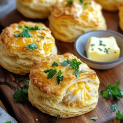 To make Crab Stuffed Cheddar Bay Biscuits, you need the following ingredients: - 2 cups all-purpose flour - 1 tablespoon baking powder - 1 teaspoon garlic powder - 1 teaspoon onion powder - 1 teaspoon salt - ½ teaspoon black pepper - ½ cup cold unsalted butter, cut into small cubes - 1 cup shredded sharp cheddar cheese - ¾ cup cold milk - 1 cup lump crab meat - 2 green onions, finely chopped - ¼ cup mayonnaise - 1 tablespoon fresh lemon juice - 1 teaspoon Old Bay seasoning - 2 tablespoons fresh parsley (for garnishing) Each ingredient plays a key role in the flavor and texture of the biscuits. The flour gives structure, while the baking powder helps them rise. Garlic and onion powder add depth to the taste, making each bite flavorful. Cold butter is a secret to flaky biscuits. It creates steam as it melts, which helps the biscuits puff up. Sharp cheddar cheese adds a rich, tangy taste. The crab meat provides a sweet, ocean-like flavor that makes these biscuits special. Green onions add freshness, while mayonnaise keeps the crab filling creamy. Lemon juice brightens the dish, and Old Bay seasoning brings a signature taste that pairs perfectly with seafood. Finally, parsley adds a pop of color and fresh flavor to the finished dish. For the full recipe, refer to the detailed cooking steps that follow this section. - Step 1: Preheat Oven Start by preheating your oven to 425°F (220°C). This helps the biscuits rise and bake evenly. - Step 2: Combine Dry Ingredients In a large bowl, mix the flour, baking powder, garlic powder, onion powder, salt, and black pepper. This blend creates a tasty base for your biscuits. - Step 3: Mix in Butter Add the cold, cubed butter to the dry mix. Use your fingers or a pastry cutter to blend until it looks like coarse crumbs. Some small lumps of butter are good for flakiness. - Step 4: Add Cheese to Dry Mixture Next, stir in the shredded cheddar cheese. Make sure the cheese is evenly mixed throughout the flour. - Step 5: Incorporate Milk Gradually pour in the cold milk. Mix gently until the dough forms. Avoid overmixing, as this can make the biscuits tough. - Step 6: Prepare Crab Filling In a separate bowl, mix the lump crab meat, chopped green onions, mayonnaise, lemon juice, and Old Bay seasoning. Be soft when mixing so you don’t break the crab too much. - Step 7: Shape Biscuit Dough Scoop the biscuit dough with a tablespoon. Flatten each scoop into a small disc. Place a heaping teaspoon of crab filling in the center. - Step 8: Arranging on Baking Sheet Fold the dough over the filling and seal it well. Place the stuffed biscuits seam-side down on a lined baking sheet. Space them about 2 inches apart for even baking. - Step 9: Baking Instructions Bake the biscuits in the oven for 15-18 minutes. Look for a golden brown top and a nice rise. - Step 10: Cooling and Serving After baking, let the biscuits cool slightly. Transfer them to a serving platter. Garnish with chopped parsley for a fresh touch. Find the full recipe above to make your Crab Stuffed Cheddar Bay Biscuits today! - Cold Ingredients Importance: Cold butter and milk make the biscuits flaky. Cold butter creates steam when baked, which helps the biscuits rise. For best results, chill your butter before using it. - Avoiding Overmixing: Mix your dough gently. Overmixing can make the biscuits tough. Stop mixing as soon as the dough comes together. - Presentation Tips: Serve the warm biscuits on a rustic wooden board or a colorful platter. This makes them look inviting and fun. - Recommended Dipping Sauce: Pair the biscuits with lemon herb butter. The creamy, zesty flavor complements the crab well. - Flavor Enhancements: Add some shredded cheese to the crab mixture. Try adding a pinch of cayenne pepper for a spicy kick. - Dietary Adjustments: For gluten-free options, use a gluten-free flour blend. You can also substitute the crab with a mix of vegetables for a vegetarian option. {{image_4}} You can change the filling to suit your taste. Try a shrimp stuffed version. Use cooked shrimp instead of crab. Chop the shrimp into small pieces. Mix it with the same seasonings for a new flavor. If you prefer a vegetarian option, use a mix of cheese and veggies. Combine cream cheese, spinach, and artichokes. This makes a tasty filling that everyone will love. Herbs can add great flavor. You can mix different herbs into the filling. Fresh dill or chives work well with crab. They bring a nice touch of brightness. If you don’t have fresh herbs, use dried spices. Garlic powder or Italian seasoning can also add depth. You can make gluten-free biscuits with special flour. Use a gluten-free blend that works for baking. Adjust the liquid as needed to get the right dough texture. If you want to switch the cheese, try Monterey Jack or pepper jack. These cheeses melt well and give a nice flavor twist. - Refrigeration Guidelines: Store your crab stuffed cheddar bay biscuits in an airtight container. They stay fresh for up to three days in the fridge. Be sure to let them cool completely before sealing. This keeps the biscuits from getting soggy. - Freezing Instructions: For longer storage, freeze these biscuits. Place them in a single layer on a baking sheet. Once frozen solid, transfer them to a freezer-safe bag. They can last up to three months in the freezer. When you're ready to enjoy them, just thaw in the fridge overnight. - Tips for Keeping Biscuits Flaky: To keep your biscuits flaky, reheat them gently. Avoid high heat, as it can dry them out. Wrap them in foil to trap moisture, which helps maintain their texture. - Microwave vs Oven Heating: The oven is the best option for reheating. Preheat it to 350°F (175°C) and warm the biscuits for about 10 minutes. If using the microwave, heat them for 20 to 30 seconds. Check often to avoid overheating. Enjoy your biscuits warm! How do I know when the biscuits are done? You can tell the biscuits are done when they turn golden brown. They should rise nicely and feel firm when you touch them. Can I make the dough ahead of time? Yes, you can make the dough ahead of time. Just wrap it tightly in plastic wrap and store it in the fridge. Use it within 24 hours for the best results. What can I serve with crab stuffed biscuits? These biscuits pair well with a fresh salad or a bowl of soup. You could also serve them with lemon herb butter for dipping. How long do leftovers last in the refrigerator? Leftovers can last about 3 days in the fridge. Just store them in an airtight container to keep them fresh. Can I use imitation crab meat for this recipe? Yes, imitation crab meat works well if you prefer it. Just make sure to chop it into small pieces for even mixing. For a delicious treat, follow the full recipe for Crab Stuffed Cheddar Bay Biscuits. You’ll love the blend of crab and cheddar in every bite! This blog post guides you through making delicious crab stuffed biscuits from scratch. We covered key ingredients, preparation steps, and tips for the best texture. Remember, using cold ingredients helps keep your biscuits flaky. You can customize them with different fillings and herbs to suit your taste. Proper storage ensures they stay fresh. Enjoy these tasty biscuits warm and share them with friends! Your kitchen will never be the same again.
