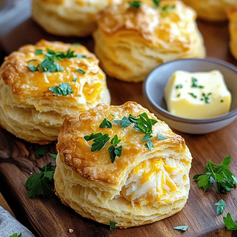 To make Crab Stuffed Cheddar Bay Biscuits, you need the following ingredients: - 2 cups all-purpose flour - 1 tablespoon baking powder - 1 teaspoon garlic powder - 1 teaspoon onion powder - 1 teaspoon salt - ½ teaspoon black pepper - ½ cup cold unsalted butter, cut into small cubes - 1 cup shredded sharp cheddar cheese - ¾ cup cold milk - 1 cup lump crab meat - 2 green onions, finely chopped - ¼ cup mayonnaise - 1 tablespoon fresh lemon juice - 1 teaspoon Old Bay seasoning - 2 tablespoons fresh parsley (for garnishing) Each ingredient plays a key role in the flavor and texture of the biscuits. The flour gives structure, while the baking powder helps them rise. Garlic and onion powder add depth to the taste, making each bite flavorful. Cold butter is a secret to flaky biscuits. It creates steam as it melts, which helps the biscuits puff up. Sharp cheddar cheese adds a rich, tangy taste. The crab meat provides a sweet, ocean-like flavor that makes these biscuits special. Green onions add freshness, while mayonnaise keeps the crab filling creamy. Lemon juice brightens the dish, and Old Bay seasoning brings a signature taste that pairs perfectly with seafood. Finally, parsley adds a pop of color and fresh flavor to the finished dish. For the full recipe, refer to the detailed cooking steps that follow this section. - Step 1: Preheat Oven Start by preheating your oven to 425°F (220°C). This helps the biscuits rise and bake evenly. - Step 2: Combine Dry Ingredients In a large bowl, mix the flour, baking powder, garlic powder, onion powder, salt, and black pepper. This blend creates a tasty base for your biscuits. - Step 3: Mix in Butter Add the cold, cubed butter to the dry mix. Use your fingers or a pastry cutter to blend until it looks like coarse crumbs. Some small lumps of butter are good for flakiness. - Step 4: Add Cheese to Dry Mixture Next, stir in the shredded cheddar cheese. Make sure the cheese is evenly mixed throughout the flour. - Step 5: Incorporate Milk Gradually pour in the cold milk. Mix gently until the dough forms. Avoid overmixing, as this can make the biscuits tough. - Step 6: Prepare Crab Filling In a separate bowl, mix the lump crab meat, chopped green onions, mayonnaise, lemon juice, and Old Bay seasoning. Be soft when mixing so you don’t break the crab too much. - Step 7: Shape Biscuit Dough Scoop the biscuit dough with a tablespoon. Flatten each scoop into a small disc. Place a heaping teaspoon of crab filling in the center. - Step 8: Arranging on Baking Sheet Fold the dough over the filling and seal it well. Place the stuffed biscuits seam-side down on a lined baking sheet. Space them about 2 inches apart for even baking. - Step 9: Baking Instructions Bake the biscuits in the oven for 15-18 minutes. Look for a golden brown top and a nice rise. - Step 10: Cooling and Serving After baking, let the biscuits cool slightly. Transfer them to a serving platter. Garnish with chopped parsley for a fresh touch. Find the full recipe above to make your Crab Stuffed Cheddar Bay Biscuits today! - Cold Ingredients Importance: Cold butter and milk make the biscuits flaky. Cold butter creates steam when baked, which helps the biscuits rise. For best results, chill your butter before using it. - Avoiding Overmixing: Mix your dough gently. Overmixing can make the biscuits tough. Stop mixing as soon as the dough comes together. - Presentation Tips: Serve the warm biscuits on a rustic wooden board or a colorful platter. This makes them look inviting and fun. - Recommended Dipping Sauce: Pair the biscuits with lemon herb butter. The creamy, zesty flavor complements the crab well. - Flavor Enhancements: Add some shredded cheese to the crab mixture. Try adding a pinch of cayenne pepper for a spicy kick. - Dietary Adjustments: For gluten-free options, use a gluten-free flour blend. You can also substitute the crab with a mix of vegetables for a vegetarian option. {{image_4}} You can change the filling to suit your taste. Try a shrimp stuffed version. Use cooked shrimp instead of crab. Chop the shrimp into small pieces. Mix it with the same seasonings for a new flavor. If you prefer a vegetarian option, use a mix of cheese and veggies. Combine cream cheese, spinach, and artichokes. This makes a tasty filling that everyone will love. Herbs can add great flavor. You can mix different herbs into the filling. Fresh dill or chives work well with crab. They bring a nice touch of brightness. If you don’t have fresh herbs, use dried spices. Garlic powder or Italian seasoning can also add depth. You can make gluten-free biscuits with special flour. Use a gluten-free blend that works for baking. Adjust the liquid as needed to get the right dough texture. If you want to switch the cheese, try Monterey Jack or pepper jack. These cheeses melt well and give a nice flavor twist. - Refrigeration Guidelines: Store your crab stuffed cheddar bay biscuits in an airtight container. They stay fresh for up to three days in the fridge. Be sure to let them cool completely before sealing. This keeps the biscuits from getting soggy. - Freezing Instructions: For longer storage, freeze these biscuits. Place them in a single layer on a baking sheet. Once frozen solid, transfer them to a freezer-safe bag. They can last up to three months in the freezer. When you're ready to enjoy them, just thaw in the fridge overnight. - Tips for Keeping Biscuits Flaky: To keep your biscuits flaky, reheat them gently. Avoid high heat, as it can dry them out. Wrap them in foil to trap moisture, which helps maintain their texture. - Microwave vs Oven Heating: The oven is the best option for reheating. Preheat it to 350°F (175°C) and warm the biscuits for about 10 minutes. If using the microwave, heat them for 20 to 30 seconds. Check often to avoid overheating. Enjoy your biscuits warm! How do I know when the biscuits are done? You can tell the biscuits are done when they turn golden brown. They should rise nicely and feel firm when you touch them. Can I make the dough ahead of time? Yes, you can make the dough ahead of time. Just wrap it tightly in plastic wrap and store it in the fridge. Use it within 24 hours for the best results. What can I serve with crab stuffed biscuits? These biscuits pair well with a fresh salad or a bowl of soup. You could also serve them with lemon herb butter for dipping. How long do leftovers last in the refrigerator? Leftovers can last about 3 days in the fridge. Just store them in an airtight container to keep them fresh. Can I use imitation crab meat for this recipe? Yes, imitation crab meat works well if you prefer it. Just make sure to chop it into small pieces for even mixing. For a delicious treat, follow the full recipe for Crab Stuffed Cheddar Bay Biscuits. You’ll love the blend of crab and cheddar in every bite! This blog post guides you through making delicious crab stuffed biscuits from scratch. We covered key ingredients, preparation steps, and tips for the best texture. Remember, using cold ingredients helps keep your biscuits flaky. You can customize them with different fillings and herbs to suit your taste. Proper storage ensures they stay fresh. Enjoy these tasty biscuits warm and share them with friends! Your kitchen will never be the same again.