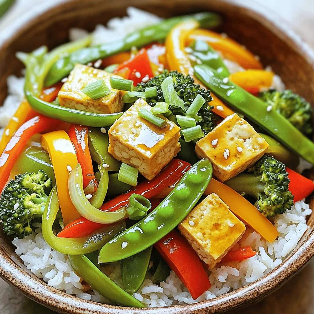 - 1 block firm tofu - 1 red bell pepper - 1 cup broccoli florets - 1 cup snap peas - 1 medium carrot - 1 cup baby corn - 2 cloves garlic - 1 teaspoon freshly grated ginger For this recipe, I always choose firm tofu. It holds its shape well and absorbs flavors nicely. Fresh vegetables make a big difference too. I love using colorful bell peppers, crunchy snap peas, and bright broccoli for their taste and texture. Carrots add sweetness, while baby corn gives a fun crunch. - 2 tablespoons soy sauce - 1 tablespoon sesame oil - 2 tablespoons cornstarch - Salt and pepper Soy sauce adds a rich flavor to the stir-fry. I use sesame oil for its nutty taste. Cornstarch is key for crispy tofu. Just a pinch of salt and pepper brings all the flavors together. - Cooked rice - Noodles I like to serve my vegetable stir-fry over fluffy rice or warm noodles. Both choices soak up the sauce well. You can customize your meal by adding extra toppings, like green onions or sesame seeds. For the full recipe, you can check my detailed instructions. First, cut the pressed tofu into bite-sized cubes. You want them small enough to cook well. Next, use a paper towel to pat the tofu dry. This step is key to getting a crispy texture. Then, toss the tofu cubes gently in cornstarch until they are fully coated. This coating helps to crisp up the tofu when cooked. In a large non-stick skillet or wok, heat 1 tablespoon of sesame oil over medium-high heat. Wait until the oil starts to shimmer. Add the coated tofu cubes to the hot oil. Fry the tofu, turning it every few minutes. Cook until all sides are golden brown and crispy, about 8 to 10 minutes. Once done, take the tofu out and set it aside on a plate. In the same skillet, add a little more sesame oil if needed. Add the minced garlic and freshly grated ginger. Sauté them for about 30 seconds. You want to release their wonderful aroma. Next, toss in all your prepared vegetables: red bell pepper strips, broccoli florets, snap peas, julienned carrot, and sliced baby corn. Stir-fry this mix for about 5 to 7 minutes. You want the vegetables to stay bright and tender-crisp. Keep moving them around to maintain their color. Now, it’s time to bring everything together! Return the cooked tofu to the skillet. Pour in the soy sauce evenly over the stir-fry. Gently toss all the ingredients together. Make sure everything is well-coated and heated through. Cook for another 2 to 3 minutes. Finally, taste your stir-fry and add salt and pepper as needed. Before serving, sprinkle the chopped green onions on top for a fresh touch. For the full experience, you can check the [Full Recipe]. Enjoy your vibrant and tasty vegetable stir-fry with tofu! To get crispy tofu, start with drying it well. When tofu holds water, it won’t crisp up. Use paper towels to pat the tofu cubes dry. After this, coat them with cornstarch. This thin layer helps create a crunchy crust. Make sure to toss the tofu gently in the cornstarch. Even coverage is key for that perfect crispiness. To keep vegetables bright and crunchy, stir-fry them quickly on high heat. It allows them to cook but stay fresh. Try using a mix of colorful vegetables like bell peppers, broccoli, and snap peas. Carrots and baby corn add sweet notes and fun textures. Each vegetable brings something special to your dish. Seasoning can make a big difference. Soy sauce adds a salty depth, but you can adjust it to your taste. If you like heat, try adding red pepper flakes or a dash of hot sauce. For a fresh kick, add a squeeze of lime juice right before serving. This little change can brighten up the whole dish. For more ideas, check out the Full Recipe. {{image_4}} You can switch out tofu for other proteins. Chicken is a popular choice. It adds a different flavor and texture. You can also use tempeh for a plant-based option. Tempeh has a nutty taste and is high in protein. When you swap proteins, consider their nutritional value. Chicken has more protein but fewer fibers. Tempeh offers good protein and healthy fats. Each option can change the dish's taste, so choose what you like best. Feel free to change the veggies based on the season. In spring, try asparagus or peas. In fall, use squash or Brussels sprouts. Seasonal veggies are fresh and flavorful. You can also use frozen vegetables. They are quick and easy. Look for frozen stir-fry mixes; they often have a good mix of colors and flavors. Soy sauce is great, but you can explore other sauces. Teriyaki sauce adds a sweet, savory taste. Peanut sauce brings in a nutty flavor that pairs well with the veggies. If you want to make your own sauce, combine soy sauce, peanut butter, and a bit of lime juice. This mix is simple and tasty. You can find the full recipe to try different sauce ideas. To keep your vegetable stir-fry fresh, cool it down quickly. Spread the stir-fry on a plate to let heat escape. Once cooled, transfer it to an airtight container. I recommend glass containers as they keep food fresh and are easy to clean. For the best taste, reheat your stir-fry on the stove. Add a splash of water or soy sauce to keep it moist. Heat over medium heat for about 5 minutes, stirring often. This helps maintain the texture and flavor of the vegetables and tofu. You can freeze your vegetable stir-fry, but it's best to freeze it without the rice or noodles. Separate the tofu and veggies into portions. Use freezer bags or airtight containers. To thaw, place it in the fridge overnight. Reheat on the stove for fresh results. To make this dish, you follow simple steps. First, cut firm tofu into cubes. Pat the tofu dry and coat it with cornstarch. Next, heat sesame oil in a pan and fry the tofu until crispy. Remove it from the pan. Then, add garlic and ginger to the hot pan. After that, toss in your choice of vegetables and stir-fry them until bright and tender. Finally, return the tofu to the pan, add soy sauce, and mix everything well. This quick method gives you a tasty and colorful meal. You can find the full recipe in earlier sections. Yes, you can swap out vegetables. Feel free to use what you have at home. Some great options are bell peppers, zucchini, mushrooms, or asparagus. Seasonal vegetables work well too. Just remember to cut them into similar sizes for even cooking. This flexibility keeps your stir-fry fresh and exciting. Yes, but you need to choose the right soy sauce. Regular soy sauce contains gluten. Look for tamari or gluten-free soy sauce to keep it safe. These options give you the same flavor without the gluten. Always check the label to be sure. This stir-fry pairs nicely with rice or noodles. Both give you a filling meal. You can also serve it with a side salad for extra crunch. If you want more protein, consider adding edamame or grilled chicken on the side. These options enhance your meal's nutrition and taste. Vegetable stir-fry can last in the fridge for about three to four days. Always store it in an airtight container. Make sure to cool it down before putting it away. When reheating, use a skillet or microwave to warm it gently. This helps keep the veggies crisp and the flavors bright. In this blog post, I covered how to make a tasty vegetable stir-fry with tofu. We explored the main ingredients, step-by-step cooking instructions, and helpful tips. You can add your favorite vegetables or sauces to make it your own. Remember to store leftovers properly for future meals. This dish is easy to customize and always satisfying. Enjoy making it your way and share it with friends. Simple steps lead to great meals!