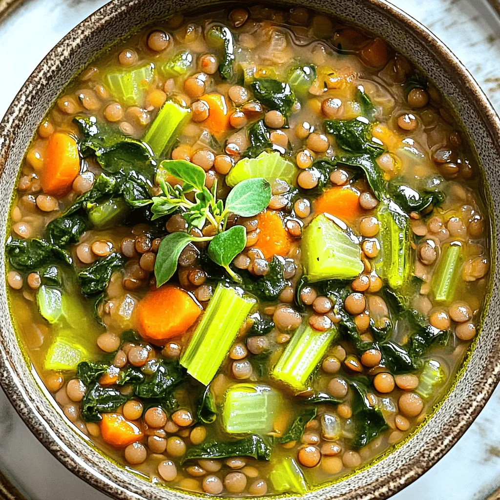 - 1 cup green or brown lentils - Fresh vegetables: onion, garlic, carrots, celery - Seasonings: ground cumin, smoked paprika, bay leaf - Spinach and broth: 4 cups fresh spinach, 6 cups vegetable broth When I make lentil soup, I choose green or brown lentils for a hearty base. They are full of protein and fiber. I love to use fresh onion, garlic, carrots, and celery. These veggies bring great flavor to the soup. The right seasonings make a big difference. I add ground cumin, smoked paprika, and a bay leaf for depth and warmth. For the soup’s body, I use rich vegetable broth, which enhances the taste and keeps it vegan. Finally, I fold in fresh spinach. It adds color and nutrients, making the soup even better. - Lemon juice for brightness - Fresh herbs for garnish Sometimes I like to add a squeeze of lemon juice. It brightens the flavor and adds a zing. Fresh herbs like parsley or cilantro on top make the soup look nice and taste great. You can adjust these extras based on your taste. For the full recipe, you can check the details provided earlier. To start, warm 1 tablespoon of extra virgin olive oil in a large soup pot over medium heat. Once the oil is hot, add 1 medium onion, finely diced. Sauté the onion for about 3-4 minutes. Stir it occasionally until it becomes translucent and soft. Next, add 2 cloves of minced garlic along with 2 medium carrots, peeled and diced, and 2 diced celery stalks. Cook these for another 5-6 minutes. You want the veggies to be tender and fragrant. Now it's time to add the main ingredients. Pour in 1 cup of rinsed green or brown lentils, and then add 6 cups of low-sodium vegetable broth. Sprinkle in 1 teaspoon each of ground cumin and smoked paprika, and toss in 1 bay leaf. Stir the pot well to mix everything. Raise the heat and bring the mixture to a gentle boil. Once boiling, reduce the heat to low. Cover the pot and let it simmer for 25-30 minutes. This allows the lentils to cook through and become tender. When the lentils are soft, remove the bay leaf from the pot. Add in 4 cups of roughly chopped fresh spinach. Stir gently until the spinach wilts, which should take about 2-3 minutes. Taste the soup now and season it with salt and freshly ground black pepper to your liking. If you want an extra burst of flavor, add the juice of 1 lemon. Finally, serve the soup hot and enjoy the cozy, delicious bowl of lentil soup with spinach. For the complete recipe, check out the Full Recipe link. Using homemade vegetable broth makes a big difference. Store-bought broth often lacks depth. Homemade broth is richer and fresher. It adds a special touch to your lentil soup. Seasoning at each step is also key. Add salt and pepper when you cook the onions. This helps build flavor early. Taste as you go, adjusting the seasoning as needed. A little lemon juice at the end brightens the soup nicely too. If you want a thicker soup, add more broth. This can help achieve your desired texture. Start with the amount in the recipe. Then, add more as it cooks. Managing heat is crucial for perfect lentil texture. Keep it low and let the soup simmer. This slow cooking helps the lentils soften. Stir occasionally to prevent sticking. Enjoy this simple process for a great meal. {{image_4}} You can add many vegetables to lentil soup. Try diced tomatoes for a sweet touch. Bell peppers add crunch and color. Zucchini is also great; it cooks quickly. You can even toss in some corn for a pop of sweetness. Each veggie adds flavor and nutrients. Feel free to mix and match based on what you have! If you want to make your soup heartier, add cooked chicken or sausage. These meats bring rich flavor and extra protein. For a plant-based option, chickpeas are perfect. They blend well with lentils and add more texture. You can also use tofu for a different twist. These additions make your soup more filling and satisfying. Do you like heat? Spice it up with cayenne or chili powder. Start with a small amount and taste as you go. You can also add fresh jalapeños for a fresh kick. If you want a smoky flavor, try smoked paprika. Adjust the spices to fit your taste buds. A little heat can make the soup exciting! For the Full Recipe, check out the complete guide to making this delicious dish. To keep your lentil soup fresh, store it in an airtight container. Place it in the fridge. It stays good for up to 5 days. For longer storage, freeze the soup. Use freezer-safe containers or bags. The soup can last up to 3 months in the freezer. Just remember to leave space in the container for expansion. When you’re ready to enjoy your soup again, you have a few options. You can reheat it on the stovetop over medium heat. Stir it often to avoid sticking. Alternatively, use a microwave-safe bowl. Heat it in short bursts, stirring in between. After storage, the soup may thicken. If it does, add a splash of vegetable broth or water. Stir until you reach your desired consistency. Enjoy your warm, tasty soup! For the full recipe, check out the vibrant lentil soup with spinach. Lentil soup lasts about 5 days in the fridge. Store it in an airtight container. Make sure the soup cools down before you put it away. If you see any off smell or mold, it’s best to throw it out. Yes, you can use canned lentils. Rinse them well to remove extra salt. Since canned lentils are cooked, reduce the cooking time. Add them in the last 10 minutes of cooking. This keeps them from getting mushy. You can serve lentil soup with many sides. A fresh salad complements the soup well. Crusty bread or a warm roll adds a nice touch. You can also try a dollop of yogurt for creaminess. For a twist, pair it with roasted veggies or a grain salad. These options make your meal more filling and fun. This blog post guided you through making lentil soup with spinach. We covered essential and optional ingredients, easy steps for preparation and cooking, and useful tips for great flavor. Variations let you customize the soup to your taste. Plus, you learned how to store leftovers and reheat them. Lentil soup is healthy, tasty, and fun to make. Enjoy experimenting with different veggies and spices. With practice, you’ll create a new favorite dish.
