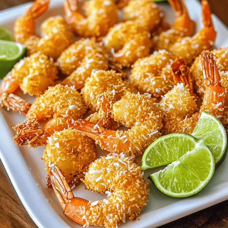 - 1 pound large shrimp, peeled and deveined - 1 cup unsweetened shredded coconut - 1 cup panko breadcrumbs - 1/2 cup all-purpose flour - 2 large eggs For crispy coconut shrimp, I always pick large shrimp. They fry up perfectly and get nice and crunchy. Peeling and deveining them is easy, and it makes a big difference in taste. - 1 teaspoon garlic powder - 1 teaspoon paprika - 1/2 teaspoon salt - 1/4 teaspoon cayenne pepper (optional for spice) Seasonings are key for flavor. I love adding garlic powder and paprika for depth. If you like heat, cayenne adds a spicy kick. Adjust to your taste! - Vegetable oil, for frying - Fresh lime wedges, for serving The right oil is important. I use vegetable oil because it has a high smoke point. Fresh lime wedges brighten the dish and give it a fresh twist. Serve them on the side for a zesty finish. You can find the full recipe in the sections above. Enjoy making this crispy coconut shrimp delight! First, pat the shrimp dry with paper towels. This step is key. Moisture makes the shrimp soggy. Dry shrimp will fry up crispy and light. Next, set up your breading area. You’ll need three shallow dishes. This will help you coat the shrimp easily. Now, let’s create the breading stations. In the first dish, mix the flour with garlic powder, paprika, salt, and cayenne pepper. This blend adds flavor to the shrimp. In the second dish, beat the eggs until they look frothy. For the third dish, mix the shredded coconut with panko breadcrumbs. This mixture gives the shrimp a crunchy coat. To coat each shrimp, start with the flour. Dip it in the flour mixture and shake off the extra. Next, move it to the egg. Let the excess egg drip off before moving to the last dish. Roll the shrimp in the coconut-panko mix. Press gently so the coating sticks well. Now, we need to heat the oil. Pour vegetable oil into a large skillet. Aim for about 1/2 inch deep. Heat it over medium until it reaches about 350°F (175°C). To check if it's ready, drop in a small piece of bread. If it sizzles, it’s good to go! Carefully add the coated shrimp to the hot oil in small batches. Avoid overcrowding the pan. Fry each shrimp for about 2-3 minutes on each side. Look for a golden brown color. Once done, use a slotted spoon to move the shrimp to a plate lined with paper towels. This helps drain any extra oil. Enjoy your crispy coconut shrimp with fresh lime wedges for that zesty finish! If you want the full recipe, check out the [Full Recipe]. To get that perfect crispiness, start by pat drying the shrimp. Remove any moisture with paper towels. This step is key. Wet shrimp won't fry well. They will steam instead of crisping up. Next, keep an eye on your oil temperature. Heat your oil to about 350°F (175°C). If the oil is too cool, the shrimp will absorb too much oil. If it's too hot, the outside will burn before cooking inside. One common mistake is overcrowding the frying pan. If you add too many shrimp at once, the oil cools down. This causes uneven cooking and soggy shrimp. Fry in small batches for the best results. Another mistake is incorrect breading techniques. Make sure to coat each shrimp evenly. Each shrimp needs to be fully covered in flour, egg, and coconut-panko mix. This ensures a crunchy texture. For a complete meal, serve your crispy coconut shrimp with a fresh salad or steamed veggies. Both pair well and add color to your plate. Dipping sauces can enhance the flavor. Try a sweet chili sauce for a hint of heat. A tangy mango salsa also works well. Fresh lime wedges add a zesty touch and brighten up the dish. For the full recipe, check out the Crispy Coconut Shrimp Delight! {{image_4}} You can spice up your crispy coconut shrimp with different flavors. Adding spices can really enhance the taste. Try mixing in some chili powder for heat or smoked paprika for depth. If you like a bit of sweetness, a dash of cinnamon can work wonders too. You can also swap breadcrumbs. Instead of panko, use crushed cornflakes for a crunchier texture. Regular breadcrumbs or even crushed potato chips can add a unique twist. Each type brings its own flavor and crunch to the dish, making every bite exciting. Making this recipe fit specific diets is easy. For a gluten-free option, use almond flour instead of regular flour. Look for gluten-free breadcrumbs or make your own by grinding gluten-free crackers. If you want a vegan version, you can replace the eggs with a mixture of flaxseed and water. Mix one tablespoon of ground flaxseed with three tablespoons of water, and let it sit for a few minutes. This acts as a binding agent. Use chickpea flour instead of all-purpose flour for coating. These swaps make it easy to enjoy this dish without sacrificing flavor. How you present your crispy coconut shrimp can make a big difference. Arrange the shrimp on a big platter, garnished with fresh herbs like cilantro or parsley. A slice of pineapple or mango can add color and freshness. For side dishes, consider serving with a zesty coleslaw or a tropical fruit salad. These pair nicely with the shrimp. You can also serve your shrimp with a spicy dipping sauce, like sweet chili sauce or a tangy mango salsa. This adds another layer of flavor that makes the meal even more enjoyable. For the full recipe, check out the Crispy Coconut Shrimp Delight section! To keep your crispy coconut shrimp fresh, store them in an airtight container. Make sure the shrimp cool completely before placing them inside. This step helps prevent sogginess. I recommend using glass or plastic containers with tight lids. If you do not have these, use a resealable plastic bag. Just remove as much air as possible before sealing. To reheat your shrimp without losing that crunchy texture, use an oven. Preheat it to 375°F (190°C). Place the shrimp on a baking sheet in a single layer. Bake for about 8-10 minutes or until they heat through. You can also use an air fryer for a crispier finish. Set it to 375°F (190°C) and cook for 5-7 minutes. If you want to keep them moist, cover them with foil for the first half. If you want to freeze the breaded shrimp, prepare them before frying. Lay them on a baking sheet in a single layer and freeze until solid. Then, transfer them to a freezer-safe bag or container. They will stay fresh for about three months. To cook from frozen, do not thaw. Fry the shrimp directly from the freezer. Adjust the cooking time by adding 1-2 minutes. This method keeps them crispy and delicious. For the full recipe, check out the instructions above. For this crispy coconut shrimp, I recommend using large shrimp. They provide a great bite and hold up well during cooking. Look for shrimp labeled as "16/20" or "21/25." These numbers indicate the count per pound, and they offer a nice size for frying. Fresh shrimp is best, but frozen shrimp works too. Just make sure to thaw them properly before cooking. If you want a healthier version, you can bake the shrimp instead. Preheat your oven to 400°F (200°C). Line a baking sheet with parchment paper. Arrange the breaded shrimp on the sheet and spray lightly with cooking spray. Bake for about 15-20 minutes, flipping halfway through. This method gives you a crispy texture without all the oil. Yes, you can prepare the shrimp ahead of time. After breading, place the shrimp on a baking sheet and chill them in the fridge for up to an hour. This helps the coating stick better. If you want to store them longer, you can freeze the breaded shrimp. Just remember to separate them with parchment paper before freezing. When ready, fry or bake them straight from the freezer. Many seafood restaurants offer crispy coconut shrimp. Popular chains like Red Lobster and Bonefish Grill serve their own versions. Prices can range from $10 to $20 depending on the restaurant. Local seafood spots may also have unique takes on the dish. Always check online menus or ask around for recommendations in your area. This blog post covered everything you need for crispy coconut shrimp. We explored the main ingredients, seasonings, and key cooking essentials. I shared step-by-step instructions for preparation and frying. You learned tips for the perfect crispiness and common mistakes to avoid. We also discussed variations and storage options. These insights will help you create a delicious dish that impresses. Enjoy making your coconut shrimp and feel free to experiment with flavors. The kitchen is your canvas!