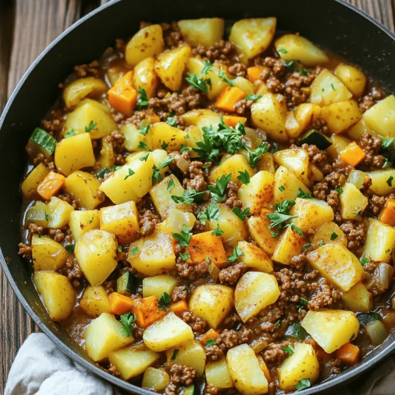 - 1 lb ground beef - 4 medium potatoes, peeled and diced into bite-sized pieces - 1 medium onion, finely chopped - 2 cloves garlic, minced - 1 tablespoon Worcestershire sauce - 1 teaspoon paprika - 1 teaspoon dried thyme - Salt and black pepper to taste - 1 cup beef broth - 1 cup frozen mixed vegetables (such as carrots, peas, and corn) - 2 tablespoons olive oil - Fresh parsley, chopped, for garnish When you start your dish, focus on these key ingredients. Ground beef brings a rich flavor and protein. Potatoes add heartiness, making this dish filling. The onion and garlic create a strong base, giving depth to the taste. Flavor enhancers like Worcestershire sauce add umami. Paprika gives warmth, while thyme adds a touch of earthiness. Don’t forget salt and pepper; they are essential for balance. For the additional items, beef broth keeps the dish moist and enhances the flavor. Frozen mixed vegetables add color and nutrients, plus they save time. Olive oil helps sauté the onion and garlic, while parsley brightens the dish as a garnish. Gather these ingredients for a cozy cooking experience. You’ll be on your way to creating a savory comfort dish that warms the heart. For the full recipe, be sure to check out the Beefy Potato Fusion Delight. To start, heat 2 tablespoons of olive oil in a large skillet over medium heat. When the oil is hot, add 1 medium onion, finely chopped, and 2 cloves of minced garlic. Sauté them for about 3-4 minutes. Watch for the onions to turn translucent and fragrant. This step builds a tasty base for your dish. Next, add 1 pound of ground beef to the skillet. Use a spatula to break it into smaller pieces. Cook for about 6-7 minutes. You want the beef to brown nicely and lose all pink color. Season it with a pinch of salt, black pepper, and 1 teaspoon of paprika. Mix everything well to get those rich flavors combined. Now, it’s time to add 4 medium potatoes, peeled and diced into bite-sized pieces. Pour in 1 cup of beef broth to help cook the potatoes. Bring the mixture to a gentle simmer. Cover the skillet with a lid and cook for about 15 minutes. You want the potatoes to be tender enough to pierce easily with a fork. Once the potatoes are tender, add 1 cup of frozen mixed vegetables. This could include carrots, peas, and corn. Stir in 1 tablespoon of Worcestershire sauce and 1 teaspoon of dried thyme for extra flavor. Let the mixture simmer uncovered for an additional 5 minutes. This allows the flavors to blend beautifully. Before serving, taste the dish. Adjust the seasonings with more salt or pepper if needed. Once it’s cooked just right, remove it from the heat. Serve hot, garnished with fresh chopped parsley for a lovely finish. For the full recipe, check out the Beefy Potato Fusion Delight! To make your dish pop, balance your seasonings. Use salt, pepper, and paprika wisely. Too much can overpower the taste. Fresh herbs can enhance flavor too. Try adding chopped parsley or thyme right before serving. They add a burst of freshness. Cook your potatoes until they are soft but not mushy. Cut them into even pieces for uniform cooking. Test doneness by piercing a piece with a fork. If it slides in easily, they are ready. This ensures they blend well with the beef. Prep your ingredients ahead of time. Chop your onions, garlic, and potatoes before you start cooking. This will make the cooking process quick and smooth. Use a large skillet or a Dutch oven. These tools help cook evenly and retain heat well. For more details, check out the Full Recipe. {{image_4}} You can easily switch up the ground beef. Try using turkey or chicken for a leaner dish. They both work well and taste great with potatoes. You can also use plant-based ground meat for a vegetarian option. It adds a nice twist to the meal. When it comes to vegetables, feel free to mix it up! You can use fresh bell peppers, zucchini, or mushrooms. These add different textures and flavors. You can even toss in some spinach at the end for a burst of green. Using a slow cooker can make this dish even easier. Just brown the meat and onions first. Then, add all the ingredients into the slow cooker. Cook on low for 6-8 hours. This lets the flavors blend nicely and the potatoes become very tender. If you prefer oven-baked meals, try this method. After browning the beef and onions, transfer everything to a baking dish. Cover it with foil and bake at 375°F for about 45 minutes. This gives the dish a lovely, roasted flavor. Spicing up your dish can be fun! Consider adding chili powder for heat, or cumin for a warm taste. You can also use fresh herbs like rosemary or oregano to enhance the flavor. Just chop a bit and mix it in before serving. Don't forget about sauces! A splash of hot sauce or a dollop of sour cream can elevate the dish. You can also drizzle some barbecue sauce on top for a sweet and smoky touch. These additions will make your meal stand out. For a complete experience, check out the [Full Recipe] for more details on how to prepare this savory comfort dish! To keep your Ground Beef and Potatoes dish fresh, store leftovers right away. Let it cool to room temperature before placing it in the fridge. Use an airtight container to prevent any odors from mixing. This helps maintain its great taste and texture. If you want to save your savory dish for later, freezing is a smart choice. Portion it into smaller, freezer-safe containers. Make sure to leave some space at the top, as food expands when frozen. When you're ready to eat, thaw it overnight in the fridge. Reheat in a skillet over low heat, stirring often until hot. In the fridge, your dish can last about 3-4 days. Always check for signs of spoilage. If you see changes in color or smell, it's best to throw it away. Trust your senses; they will guide you to safe eating. Yes, you can use sweet potatoes. They add a nice sweetness. Here are some best practices for substitution: - Peel and dice sweet potatoes into similar sizes as regular potatoes. - Adjust cooking time: Sweet potatoes cook faster. Start checking for tenderness after 10 minutes. - Consider flavor: Sweet potatoes bring a different taste. You may want to reduce the salt slightly. This dish pairs well with many sides. Here are some tasty recommendations: - Steamed broccoli adds color and nutrients. - Green salad provides a fresh crunch. - Garlic bread complements the meal nicely. - Rice can soak up the flavors well. Yes, this recipe is great for meal prep. Here are some tips for preparing it in advance: - Cook in batches: Make more and store leftovers. - Use airtight containers: Keep your meals fresh in the fridge. - Reheat carefully: Warm in the microwave or on the stove. Stir well to heat evenly. You can find the Full Recipe to make this delicious dish. Enjoy your cooking! This blog post covered how to make a delicious meal with ground beef and potatoes. We discussed key ingredients like onions, garlic, and herbs that boost flavor. I shared step-by-step instructions for cooking and tips for the best texture. You can customize the recipe with different vegetables and cooking methods. Remember to store leftovers properly to enjoy later. With these insights, you can create a tasty dish your family will love. Happy cooking!