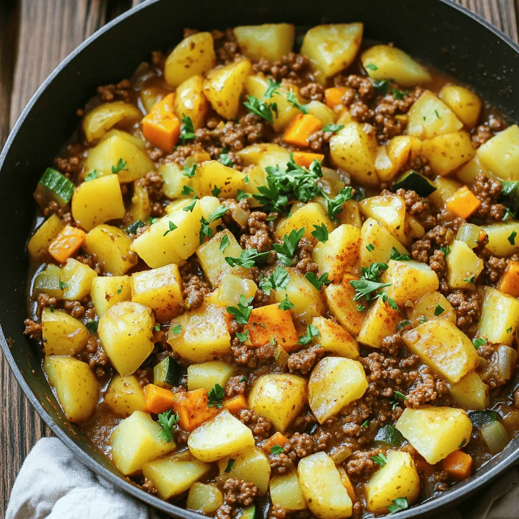 - 1 lb ground beef - 4 medium potatoes, peeled and diced into bite-sized pieces - 1 medium onion, finely chopped - 2 cloves garlic, minced - 1 tablespoon Worcestershire sauce - 1 teaspoon paprika - 1 teaspoon dried thyme - Salt and black pepper to taste - 1 cup beef broth - 1 cup frozen mixed vegetables (such as carrots, peas, and corn) - 2 tablespoons olive oil - Fresh parsley, chopped, for garnish When you start your dish, focus on these key ingredients. Ground beef brings a rich flavor and protein. Potatoes add heartiness, making this dish filling. The onion and garlic create a strong base, giving depth to the taste. Flavor enhancers like Worcestershire sauce add umami. Paprika gives warmth, while thyme adds a touch of earthiness. Don’t forget salt and pepper; they are essential for balance. For the additional items, beef broth keeps the dish moist and enhances the flavor. Frozen mixed vegetables add color and nutrients, plus they save time. Olive oil helps sauté the onion and garlic, while parsley brightens the dish as a garnish. Gather these ingredients for a cozy cooking experience. You’ll be on your way to creating a savory comfort dish that warms the heart. For the full recipe, be sure to check out the Beefy Potato Fusion Delight. To start, heat 2 tablespoons of olive oil in a large skillet over medium heat. When the oil is hot, add 1 medium onion, finely chopped, and 2 cloves of minced garlic. Sauté them for about 3-4 minutes. Watch for the onions to turn translucent and fragrant. This step builds a tasty base for your dish. Next, add 1 pound of ground beef to the skillet. Use a spatula to break it into smaller pieces. Cook for about 6-7 minutes. You want the beef to brown nicely and lose all pink color. Season it with a pinch of salt, black pepper, and 1 teaspoon of paprika. Mix everything well to get those rich flavors combined. Now, it’s time to add 4 medium potatoes, peeled and diced into bite-sized pieces. Pour in 1 cup of beef broth to help cook the potatoes. Bring the mixture to a gentle simmer. Cover the skillet with a lid and cook for about 15 minutes. You want the potatoes to be tender enough to pierce easily with a fork. Once the potatoes are tender, add 1 cup of frozen mixed vegetables. This could include carrots, peas, and corn. Stir in 1 tablespoon of Worcestershire sauce and 1 teaspoon of dried thyme for extra flavor. Let the mixture simmer uncovered for an additional 5 minutes. This allows the flavors to blend beautifully. Before serving, taste the dish. Adjust the seasonings with more salt or pepper if needed. Once it’s cooked just right, remove it from the heat. Serve hot, garnished with fresh chopped parsley for a lovely finish. For the full recipe, check out the Beefy Potato Fusion Delight! To make your dish pop, balance your seasonings. Use salt, pepper, and paprika wisely. Too much can overpower the taste. Fresh herbs can enhance flavor too. Try adding chopped parsley or thyme right before serving. They add a burst of freshness. Cook your potatoes until they are soft but not mushy. Cut them into even pieces for uniform cooking. Test doneness by piercing a piece with a fork. If it slides in easily, they are ready. This ensures they blend well with the beef. Prep your ingredients ahead of time. Chop your onions, garlic, and potatoes before you start cooking. This will make the cooking process quick and smooth. Use a large skillet or a Dutch oven. These tools help cook evenly and retain heat well. For more details, check out the Full Recipe. {{image_4}} You can easily switch up the ground beef. Try using turkey or chicken for a leaner dish. They both work well and taste great with potatoes. You can also use plant-based ground meat for a vegetarian option. It adds a nice twist to the meal. When it comes to vegetables, feel free to mix it up! You can use fresh bell peppers, zucchini, or mushrooms. These add different textures and flavors. You can even toss in some spinach at the end for a burst of green. Using a slow cooker can make this dish even easier. Just brown the meat and onions first. Then, add all the ingredients into the slow cooker. Cook on low for 6-8 hours. This lets the flavors blend nicely and the potatoes become very tender. If you prefer oven-baked meals, try this method. After browning the beef and onions, transfer everything to a baking dish. Cover it with foil and bake at 375°F for about 45 minutes. This gives the dish a lovely, roasted flavor. Spicing up your dish can be fun! Consider adding chili powder for heat, or cumin for a warm taste. You can also use fresh herbs like rosemary or oregano to enhance the flavor. Just chop a bit and mix it in before serving. Don't forget about sauces! A splash of hot sauce or a dollop of sour cream can elevate the dish. You can also drizzle some barbecue sauce on top for a sweet and smoky touch. These additions will make your meal stand out. For a complete experience, check out the [Full Recipe] for more details on how to prepare this savory comfort dish! To keep your Ground Beef and Potatoes dish fresh, store leftovers right away. Let it cool to room temperature before placing it in the fridge. Use an airtight container to prevent any odors from mixing. This helps maintain its great taste and texture. If you want to save your savory dish for later, freezing is a smart choice. Portion it into smaller, freezer-safe containers. Make sure to leave some space at the top, as food expands when frozen. When you're ready to eat, thaw it overnight in the fridge. Reheat in a skillet over low heat, stirring often until hot. In the fridge, your dish can last about 3-4 days. Always check for signs of spoilage. If you see changes in color or smell, it's best to throw it away. Trust your senses; they will guide you to safe eating. Yes, you can use sweet potatoes. They add a nice sweetness. Here are some best practices for substitution: - Peel and dice sweet potatoes into similar sizes as regular potatoes. - Adjust cooking time: Sweet potatoes cook faster. Start checking for tenderness after 10 minutes. - Consider flavor: Sweet potatoes bring a different taste. You may want to reduce the salt slightly. This dish pairs well with many sides. Here are some tasty recommendations: - Steamed broccoli adds color and nutrients. - Green salad provides a fresh crunch. - Garlic bread complements the meal nicely. - Rice can soak up the flavors well. Yes, this recipe is great for meal prep. Here are some tips for preparing it in advance: - Cook in batches: Make more and store leftovers. - Use airtight containers: Keep your meals fresh in the fridge. - Reheat carefully: Warm in the microwave or on the stove. Stir well to heat evenly. You can find the Full Recipe to make this delicious dish. Enjoy your cooking! This blog post covered how to make a delicious meal with ground beef and potatoes. We discussed key ingredients like onions, garlic, and herbs that boost flavor. I shared step-by-step instructions for cooking and tips for the best texture. You can customize the recipe with different vegetables and cooking methods. Remember to store leftovers properly to enjoy later. With these insights, you can create a tasty dish your family will love. Happy cooking!