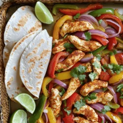 - 1 pound boneless, skinless chicken breasts, cut into thin strips - 1 large red bell pepper, sliced into thin strips - 1 large yellow bell pepper, sliced into thin strips - 1 large green bell pepper, sliced into thin strips - 1 medium red onion, sliced into thin wedges The main ingredients for sheet pan fajitas are simple and fresh. I love using chicken for its mild taste. The bell peppers add color and sweetness. Red onion gives a nice bite, making each bite exciting. - 3 tablespoons extra virgin olive oil - 2 teaspoons chili powder - 1 teaspoon ground cumin - 1 teaspoon smoked paprika - 1 teaspoon garlic powder - 1 teaspoon onion powder - Salt and freshly ground black pepper to taste Seasoning brings life to your fajitas. Olive oil helps the spices stick to the chicken. Chili powder and cumin add warmth and depth. Smoked paprika gives a lovely smoky flavor. Garlic and onion powder round out the flavors. Always taste and season with salt and pepper until it’s just right. - 8 small flour tortillas - Fresh cilantro, chopped, for garnish - Lime wedges, for serving Don't forget the serving essentials! Warm tortillas hold the fajita filling perfectly. Fresh cilantro adds a burst of freshness. A squeeze of lime before you eat brightens every bite. For the full recipe, check out the details above. Enjoy your cooking adventure! Start by preheating your oven to 400°F (200°C). This heat is key for cooking. Next, take a large sheet pan and line it with parchment paper. This makes cleanup easy and stops food from sticking. In a big mixing bowl, add the chicken strips. Pour in the olive oil and sprinkle the spices: chili powder, ground cumin, smoked paprika, garlic powder, onion powder, and a bit of salt and pepper. Mix well until all the chicken is coated with the spices. Now, spread the seasoned chicken in the center of your lined sheet pan. Grab the sliced bell peppers and red onion. Arrange them around the chicken. Make sure they are spread out so they cook evenly. Drizzle a tablespoon of olive oil over the veggies. Add a light sprinkle of salt and pepper, then toss them gently with your hands. Place your sheet pan in the oven and bake for 25-30 minutes. Halfway through, take it out and stir the chicken and veggies. This helps them brown evenly. You want the chicken cooked through and the veggies tender. When done, carefully take the pan out and let it cool for a few minutes. Now, you’re ready to enjoy your delicious Sheet Pan Fajitas! For the full recipe, check out the earlier section. Ensuring Tender Vegetables To keep your veggies tender, cut them into even strips. This helps them cook at the same rate. Use fresh bell peppers and onions for the best taste. Toss them with a little olive oil and salt before baking. This makes them sweeter and more flavorful. Checking Chicken Doneness To check if the chicken is done, use a meat thermometer. Insert it into the thickest part of the chicken. It should read 165°F (75°C). If you don't have a thermometer, cut into a piece. The meat should be white, not pink. Let it rest for a few minutes for the juices to settle. Serving Suggestions for an Attractive Meal Arrange the fajitas on a large platter. Place the chicken and veggies in the center. Add warm tortillas on the side. You can also use a colorful cloth napkin to line the basket. This gives your meal a cozy feel and makes it more inviting. Colorful Topping Options Add colorful toppings to enhance your dish. Diced avocado, sliced jalapeños, and chopped tomatoes work well. A dollop of sour cream or guacamole adds creaminess. Fresh lime wedges brighten the flavors and make it fun. Adjusting Spice Levels If you like it hot, add more chili powder or some cayenne. For a milder taste, cut back on the spices. You can also use sweet bell peppers to balance heat. This way, you can make the fajitas just right for your taste. Substituting Proteins or Veggies You can swap chicken for beef or shrimp. Tofu or mushrooms are great for vegetarian fajitas. Use any veggies you like, such as zucchini or corn. This keeps your meals fresh and exciting. For the full recipe, check out the details above. {{image_4}} You can change up the protein in your fajitas. Beef or shrimp works great. For beef, use flank steak or skirt steak. Just slice it thinly and marinate it for flavor. Shrimp cooks fast, so add it during the last few minutes of baking. If you prefer a vegetarian option, consider using tofu or portobello mushrooms. For tofu, press it to remove water, then cube it. Marinate for extra taste before adding it to the pan. Portobello mushrooms add a meaty texture. Slice them thick and toss them with the veggies. Want to kick up the flavor? Try adding marinades! A simple lime juice and garlic mix works well. Let your protein soak in the marinade for at least 30 minutes. You can also use store-bought marinades for quick prep. Incorporating different spices can also change the dish. Try adding cayenne for heat. You could also use oregano or coriander for a new twist. Mix and match spices until you find your favorite. When it comes to tortillas, flour and corn have their perks. Flour tortillas are soft and chewy. They hold fillings well. Corn tortillas are gluten-free and have a nice corn flavor. You can also serve fajitas with a side salad or rice. A fresh salad brightens up the meal. Rice adds heartiness and makes it filling. Experiment and find what you enjoy most with your fajitas. For more delicious ideas, check out the Full Recipe. To store leftover fajitas, let them cool first. Place them in an airtight container. This keeps them fresh and tasty. Leftovers last about three days in the fridge. You can freeze fajitas for later use. First, let them cool completely. Then, place portions in freezer bags or containers. Remove as much air as possible. They can last up to three months in the freezer. When you’re ready to eat, thaw the fajitas in the fridge overnight. To reheat, warm them in a skillet over medium heat. Stir them often until heated through. You can also microwave them for quick meals. Prepping fajitas in advance is a great time-saver. You can chop the veggies and chicken a day ahead. Store them in separate containers in the fridge. For portion control, consider using small containers. This makes it easy to grab a meal. You can even prepare tortillas in advance. Store them wrapped in foil or a zip-top bag. This way, you have a quick meal ready to go! For the full recipe, check out the Sizzling Sheet Pan Fajitas . Yes, you can make Sheet Pan Fajitas ahead of time. Prepare the chicken and veggies and store them in the fridge. You can season them the night before. This saves you time on busy days. When you're ready, just bake them. Follow the full recipe for best results. Fajitas pair well with many sides. Here are some ideas: - Mexican rice - Refried beans - Corn on the cob - Chips with salsa or guacamole - A fresh salad These sides add color and flavor to your meal. To spice up your fajitas, try these tips: - Add more chili powder. - Use fresh jalapeños or serrano peppers. - Mix in some cayenne pepper. - Serve with hot sauce. These options will bring more heat to your dish. Yes, frozen vegetables work great! They save time and are easy to use. Just be sure to thaw them first. This helps them cook evenly. You may need to adjust the cooking time slightly. Great toppings can enhance your fajitas. Here are some favorites: - Sliced avocado - Chopped cilantro - Shredded cheese - Sour cream - Fresh lime juice These toppings add flavor and texture to each bite. In this blog post, we covered how to make delicious sheet pan fajitas. We discussed the main ingredients like chicken, bell peppers, and spices. I shared a step-by-step guide for seasoning, baking, and serving. You learned tips for cooking well and making your meal look great. Plus, we explored different variations, storage tips, and FAQs. Remember, customizing fajitas can make cooking fun. Enjoy your tasty dish and share it with others!