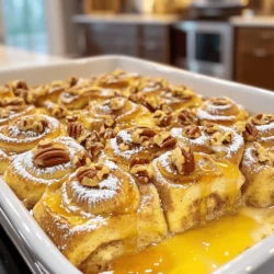 - 2 cans of refrigerated cinnamon rolls (including icing pack) - 6 large eggs - 1 cup whole milk - 1 teaspoon pure vanilla extract - 1 teaspoon ground cinnamon - 1/4 teaspoon ground nutmeg - 1/2 cup pure maple syrup (plus extra for drizzling) - 1/2 cup chopped pecans or walnuts (optional) - Powdered sugar (for dusting) To create this warm, gooey treat, you'll need some simple ingredients. The cinnamon rolls are the star here, bringing that sweet and warm flavor. The eggs and milk make a rich custard to soak everything up. Vanilla, cinnamon, and nutmeg add depth. Maple syrup enhances the sweetness, and nuts bring crunch if you choose to add them. The powdered sugar is just for a nice, pretty touch when serving. - 9x13 inch baking dish - Large mixing bowl - Whisk and spatula - Measuring cups and spoons You will need a few tools to make your cooking easy and fun. A 9x13 inch baking dish is perfect for this casserole. A large mixing bowl will help you combine the wet ingredients. A whisk is great for mixing eggs and milk smoothly. A spatula will help you press the rolls down into the egg mixture. Measuring cups and spoons ensure you get the right amounts of each ingredient. - Preheat the oven to 350°F (175°C). - Grease the baking dish with butter or non-stick spray. - Cut cinnamon rolls into quarters and arrange in the baking dish. - Whisk eggs and milk; add remaining wet ingredients, mixing thoroughly. - Pour the egg mixture over cinnamon rolls and press down. - Bake for 25-30 minutes until golden brown. Making this casserole is easy and fun. Start by preheating your oven to 350°F. This ensures the casserole bakes evenly. Grease your baking dish well with butter or non-stick spray. This step helps prevent sticking and makes clean-up easier. Next, open your cans of cinnamon rolls. Cut each roll into quarters. This creates small pieces that soak up the egg mixture well. Spread these pieces evenly in the baking dish. Make sure there are no gaps for the best result. In a large bowl, whisk together the eggs and milk. This is where the magic starts. Add the vanilla extract, ground cinnamon, nutmeg, and maple syrup. Mix everything until it is smooth. This step combines all the flavors in one delicious mix. Now, pour the egg mixture over the cinnamon roll pieces. Use a spatula to gently press down. This helps the rolls soak up all the yummy flavors. If you like nuts, sprinkle them on top for a nice crunch. Place your dish in the oven. Bake it for 25 to 30 minutes. You'll know it's ready when the top is golden brown. The center should feel firm. Enjoy the wonderful smell filling your kitchen as it bakes! - Make sure to soak all the cinnamon roll pieces in the egg mix. - Use room temperature eggs for a smoother mix. Getting the soak right is key. If you don’t soak well, some rolls stay dry. I love to let the pieces sit for a few minutes. This helps them soak up the flavors and get soft. The room temperature eggs blend better, too. They mix in nicely with milk and spices, making a rich batter. - Cut the casserole into squares and serve warm. - Drizzle with extra maple syrup and add fresh berries or cream on top. When serving, I enjoy cutting the casserole into squares for easy sharing. The warm squares are best with a drizzle of maple syrup. Berries or whipped cream add a nice touch. They bring color and freshness, making your dish look great. - Overbaking can make your casserole dry; keep an eye on it. - Pressing down the rolls is key for a good texture. One mistake is overbaking. This can happen quickly, so check it often near the end. A golden top is great, but the inside should stay moist. Pressing down helps the rolls fit together, giving a nice, even bite. If you skip this step, the texture may be uneven. {{image_4}} You can easily tweak the flavors in your casserole. Try adding vanilla bean paste or almond extract. These will give your dish a unique twist. For a sweeter touch, mix in chocolate chips or dried fruits like raisins or cranberries. Each option adds a new layer of flavor. If you want some crunch, you can swap out walnuts or pecans. Slivered almonds or hazelnuts work well too. They will change the texture and taste. You can also play around with different icings or glazes on top. A cream cheese frosting or a lemon glaze can change the whole vibe. Feeling adventurous? You can create a savory version of this casserole. Add cooked bacon, sausage, or even fresh herbs. This offers a delightful twist on the classic. You can also swap cinnamon roll dough for savory bread or croissants. This gives you a new way to enjoy this dish. To keep your Cinnamon Roll French Toast Casserole fresh, use an airtight container. Store it in the refrigerator for up to 3 days. If you want to enjoy it warm, reheat it in the microwave or oven before serving. This method keeps the flavors intact and makes it taste almost as good as fresh. You can freeze individual portions of the casserole. Wrap each piece in plastic wrap for easy storage. It will stay fresh for up to a month. When you’re ready to eat, thaw the portion overnight in the refrigerator. This way, it is easy to reheat and enjoy later. While the casserole is best when fresh, it can last in the fridge for up to a week if stored right. Make sure to check for any signs of spoilage before eating. Proper storage helps maintain the yummy flavors and soft texture you love. Yes, you can prepare it the night before and bake it in the morning. This makes it easy for busy days. Just cover the dish tightly and place it in the fridge. Substitute with other types of sweet rolls or pastries for different flavors. Consider using monkey bread or even chocolate croissants. Each option gives a fun twist to the dish. Yes, it serves 8, making it perfect for brunch gatherings or holiday breakfasts. You can easily double the recipe if you have a bigger crowd. Yes, any non-dairy milk can be used as a substitute for whole milk. Almond, soy, or oat milk work well and can change the flavor slightly. For the complete Cinnamon Roll French Toast Casserole recipe, including all the steps, refer to the detailed instructions provided. This recipe for Cinnamon Roll French Toast Casserole is a delicious treat. You can mix simple ingredients like cinnamon rolls, eggs, and milk for a tasty dish. Follow the easy steps to bake it just right. Try adding your favorite nuts or toppings for fun flavors. Remember to store leftovers properly to enjoy them later. This dish is perfect for gatherings and is sure to impress your guests. Enjoy the warm, sweet goodness that this casserole brings to your table.