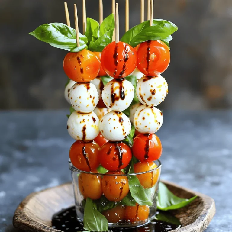 To make Easy Caprese Salad Skewers, gather these simple ingredients: - 1 pint cherry tomatoes, halved - 8 oz fresh mozzarella balls (bocconcini) - 1 bunch fresh basil leaves - 2 tablespoons balsamic glaze - 1 tablespoon extra virgin olive oil - Salt and freshly cracked pepper to taste - Skewers (either wooden or metal) I suggest using ripe cherry tomatoes for the best flavor. Look for bright, firm tomatoes. For mozzarella, use fresh bocconcini. These small balls have a soft texture and a mild taste. Fresh basil leaves should be vibrant and fragrant. This adds a nice herbal note to the skewers. Balsamic glaze gives a sweet touch. Use quality extra virgin olive oil for richness. If you're vegan, replace mozzarella with plant-based cheese. Cherry tomatoes can be swapped with diced bell peppers for a crunch. For gluten-free needs, make sure your skewers are gluten-free. If you want to avoid oil, skip the olive oil and season with lemon juice instead. These swaps keep the dish tasty and enjoyable for everyone. You can find the full recipe linked above. First, gather your ingredients. You need cherry tomatoes, mozzarella balls, and fresh basil. Rinse the cherry tomatoes and basil under cold water. Pat them dry with a clean kitchen towel. This step keeps your ingredients fresh. Make sure your mozzarella is at room temperature. This helps it taste better. Take a skewer and start with a half cherry tomato. Next, add a fresh basil leaf. Follow this with a mozzarella ball. Repeat this pattern until the skewer is almost full. Aim for 3 to 4 sets of ingredients on each skewer. Leave an inch of space at both ends. This makes it easy to hold and eat. Keep the arrangement colorful and fun! Drizzle extra virgin olive oil over the assembled skewers. This adds a rich flavor. Sprinkle salt and freshly cracked pepper for seasoning. For a sweet touch, drizzle balsamic glaze on top. This makes the skewers look beautiful and shiny. Finally, arrange the skewers on a nice platter. You can add extra basil around them for color. For a fun idea, serve them upright in a tall glass. This makes a great display. For the full recipe, check the earlier section. To keep your Caprese salad skewers fresh, start with the best ingredients. Choose ripe cherry tomatoes; they should feel firm and bright. Look for mozzarella that is soft and slightly springy. Fresh basil leaves should be vibrant and fragrant. Store your ingredients in the fridge until you’re ready to use them. This keeps them at their peak freshness. You can make these skewers ahead of time. Assemble them a few hours before your event. Just drizzle the olive oil and balsamic glaze right before serving. This keeps the flavors bright. If you need to store them, place them in an airtight container. Keep them in the fridge for no more than 4 hours to enjoy the best taste. When serving these skewers, presentation matters. You can place them in a tall glass for a fun touch. Adding extra basil around them makes a colorful display. Consider pairing the skewers with a small bowl of extra balsamic glaze for dipping. This adds extra flavor and lets everyone customize their bites. These tips will help you impress your guests with ease! {{image_4}} You can switch up the ingredients based on what is fresh. In summer, add grilled zucchini or eggplant slices. In fall, try roasted butternut squash cubes. You can also use different herbs like mint or arugula for a new taste. Each season brings unique flavors that can make your skewers exciting. If you want a vegan version, swap mozzarella with marinated tofu or avocado cubes. You can find great plant-based cheeses that mimic mozzarella. This way, you keep the taste but remove dairy. Make sure to check the ingredients to ensure they are dairy-free and vegan-friendly. Serving your skewers creatively can impress your guests. Try placing them upright in a glass jar filled with rice or beans for a fun look. You can also lay them flat on a platter with fresh herbs around. Adding a small bowl of balsamic glaze for dipping makes it interactive and fun. These ideas add flair and charm to your dish. Store leftover skewers in an airtight container. Keep them in the fridge. They stay fresh for up to two days. If you use wooden skewers, be careful not to bend them. For best results, eat them soon after making. Store cherry tomatoes at room temperature. They taste better that way. Keep mozzarella balls in their liquid until ready to use. This keeps them moist and fresh. Fresh basil should stay in water, like a bouquet. Change the water daily to keep it vibrant. You can enjoy leftover skewers cold. They make a great snack! If you want warmth, put them in a pan on low heat for a few minutes. You can also chop leftovers and mix them into pasta salad. This gives a new twist to your meal. For the full recipe, check the earlier section. To make Caprese salad skewers, gather your ingredients first. You need cherry tomatoes, fresh mozzarella balls, basil leaves, balsamic glaze, olive oil, salt, and pepper. Rinse the tomatoes and basil under cold water, then pat them dry. Next, take a skewer and slide on a half cherry tomato, a basil leaf, and a mozzarella ball. Repeat this pattern until the skewer is nearly full. Drizzle olive oil over the skewers and season with salt and pepper. Finally, drizzle balsamic glaze for a tasty finish. This is how you create a fresh and vibrant dish. Yes, you can mix in other veggies! Bell peppers, zucchini, and cucumbers work well. These veggies add color and crunch. Feel free to experiment! Just make sure they pair nicely with the cheese and basil. Cut them into bite-sized pieces to fit on the skewer easily. Mixing flavors not only adds fun but also keeps each bite interesting. The best balsamic glaze is thick and sweet. Look for one made with quality balsamic vinegar. It should have a rich flavor and a nice sheen. Some brands add sugar or thickeners, but pure glaze is best. You can also make your own by simmering balsamic vinegar until it reduces. This homemade version can enhance your skewers even more. For a special touch, try flavored glazes like fig or raspberry. They can add a unique twist to your dish. For the full recipe, check out the details above. This blog post covered key elements for making delicious Caprese salad skewers. We explored the ingredients needed, focusing on freshness and possible substitutes. I provided step-by-step instructions to guide you through preparation and assembly. We also shared helpful tips for serving at gatherings and ideas for variations. Finally, I included storage tips to keep your skewers fresh. Enjoy experimenting with this recipe and making it your own! Your skewers will impress everyone at the table.