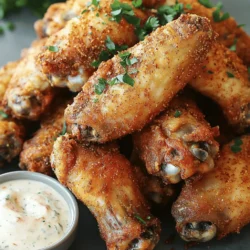 To make crispy air fryer chicken wings, you need some key ingredients. Here’s what you should gather: - 2 pounds chicken wings - 1 tablespoon baking powder - 1 teaspoon garlic powder - 1 teaspoon onion powder - 1 teaspoon smoked paprika - ½ teaspoon cayenne pepper (adjust to your spice level) - Salt and black pepper, to taste - 2 tablespoons olive oil - Fresh parsley, chopped (for garnish) These ingredients work together to create that perfect crispy texture. The blend of seasonings is what makes these wings so tasty. I use garlic powder and onion powder for a nice base. Smoked paprika adds a rich, smoky flavor that you’ll love. The cayenne pepper gives a kick, but you can adjust it to suit your taste. Don’t forget to add salt and black pepper to enhance all the flavors. You can make your wings even better with some add-ons. Consider using your favorite dipping sauce like ranch or blue cheese. These sauces pair well with the crispy wings. You can also add a squeeze of lemon juice for a fresh twist. Feel free to get creative and add more flavors to suit your taste! For the full recipe, check the section titled Full Recipe. Start by patting the chicken wings dry. Use paper towels to soak up moisture. This step helps the wings turn out crispy. If the wings are wet, they won’t crisp up well. Dry wings also help the seasonings stick better. In a large bowl, mix the baking powder, garlic powder, onion powder, smoked paprika, cayenne pepper, salt, and black pepper. Stir until the mix is even. This blend gives a great flavor to the wings. Add the dried chicken wings into the bowl. Drizzle the olive oil over them. Toss everything together. Make sure the wings are fully coated with the seasonings. Preheat the air fryer to 400°F (200°C). This takes about 5 minutes. Preheating is key for a good cook. Place the seasoned wings in the air fryer basket in a single layer. This helps them cook evenly. Cook for 25-30 minutes. Shake the basket halfway through cooking. If you want them extra crispy, add 5-10 more minutes. Keep an eye on them. Once golden brown, take them out and let them rest for a few minutes. Garnish with parsley and serve with your favorite dipping sauce. Enjoy the full recipe for more details! To get the best crispy wings, dry them well. Use paper towels to remove all moisture. This step makes a big difference in texture. Next, use baking powder in your seasoning mix. It helps create a nice crunch. Make sure your air fryer is preheated. This locks in moisture and gives you an even cook. Lastly, don't crowd the basket. Cook in batches if needed to let air flow. Here are some quick dos and don’ts for air frying. Do: - Preheat your air fryer for best results. - Shake the basket halfway through cooking. - Use a light coating of oil for even crisping. Don’t: - Overcrowd the wings; this prevents them from crisping. - Add too much oil; it can make wings soggy. - Skip the seasoning; this adds great flavor. You can easily change the spice level in this recipe. For mild wings, reduce the cayenne pepper. If you like heat, add more! You can also try different spices, like chili powder or hot sauce. Mix them into the seasoning blend to create your perfect flavor. Remember to taste as you go. This way, you ensure the spice levels fit your preferences! {{image_4}} You can change the taste of your chicken wings easily. Think about using different spices. For a sweet twist, try adding honey and soy sauce. This mix gives a nice glaze. If you love heat, use chili powder and hot sauce. For a tangy flavor, toss wings in buffalo sauce after cooking. You can also try a lemon-pepper mix for a bright and zesty taste. While the air fryer makes wings crispy, you can cook them other ways, too. Baking in the oven is a solid choice. Just spread the wings on a baking sheet and bake at 400°F. Grill them over medium heat for a smoky flavor. Lastly, you can fry them in oil for classic crispiness. Each method offers a unique taste and texture. Not just chicken can be used in this recipe. You can use turkey wings for a bigger bite. They cook similarly and taste great. For a lighter option, try using cauliflower. It makes a tasty veggie wing when coated and air-fried. You can also use shrimp for a seafood twist. Adjust cooking times based on what you choose. Enjoy experimenting with these delicious options! To store leftover chicken wings, let them cool first. Place the wings in an airtight container. You can keep them in the fridge for up to three days. If you want to keep them longer, freezing is a great option. To reheat your chicken wings and keep them crispy, use the air fryer. Preheat your air fryer to 350°F (175°C). Place the wings in a single layer and heat for about 5-7 minutes. This method helps restore the crunch. You can also reheat them in the oven at the same temperature. Just place them on a baking sheet. If you want to freeze chicken wings, wrap them tightly. Use plastic wrap or aluminum foil, then place them in a freezer bag. Make sure to remove as much air as possible. Frozen wings can last up to three months. When ready to eat, thaw them in the fridge overnight before reheating. Enjoy the taste of fresh wings anytime! For the best results, cook the wings for 25-30 minutes at 400°F (200°C). I recommend shaking the basket halfway through. This helps the wings cook evenly. If you like them extra crispy, add 5-10 minutes to the cooking time. Keep a close watch to avoid burning. Yes, you can use frozen chicken wings. However, you need to adjust the cooking time. Frozen wings take about 30-35 minutes to cook. Make sure to check their internal temperature. They should reach 165°F (75°C) for safety. The best way to season these wings is to use a mix of spices. I suggest using baking powder, garlic powder, onion powder, smoked paprika, and cayenne pepper. This blend gives the wings a great flavor and helps them crisp up nicely. Feel free to adjust the cayenne to match your spice level. Yes, you can cook other foods in the air fryer. Just make sure they have similar cooking times. Foods like veggies or fries can pair well with chicken wings. Be aware that cooking different foods together may change the flavors. To make crispy air fryer chicken wings, you need simple ingredients. Here’s what you need: - 2 pounds chicken wings - 1 tablespoon baking powder - 1 teaspoon garlic powder - 1 teaspoon onion powder - 1 teaspoon smoked paprika - ½ teaspoon cayenne pepper (adjust based on your spice preference) - Salt and black pepper, to taste - 2 tablespoons olive oil - Fresh parsley, finely chopped (for garnish) - Optional: Your favorite dipping sauce (such as ranch or blue cheese) Now, let’s go through the steps to create these delicious wings. 1. Prep the Chicken Wings: Start by drying the chicken wings with paper towels. This is very important. The drier the wings, the crispier they will be! 2. Season the Wings: In a bowl, mix the baking powder, garlic powder, onion powder, smoked paprika, cayenne pepper, salt, and black pepper. Whisk until it’s all blended well. 3. Coat the Wings: Add the dried wings to the bowl. Drizzle with olive oil. Toss the wings well, making sure they are evenly covered in the seasoning mix. 4. Preheat the Air Fryer: Turn on your air fryer and set it to 400°F (200°C). Let it preheat for about 5 minutes. This step locks in moisture and helps cook them evenly. 5. Cook the Wings: Place the wings in the air fryer basket. Arrange them in a single layer. If your air fryer is small, you may need to cook them in batches. Cook for 25-30 minutes, shaking the basket halfway through. 6. Check for Crispiness: If you want extra crunch, cook them a bit longer. Add another 5-10 minutes if needed. Watch them closely to get your desired crispiness. 7. Garnish and Serve: After they are golden brown and crispy, take them out. Let them rest for a few minutes. Sprinkle with fresh parsley for a nice touch. Serve with your favorite dipping sauce for a tasty treat! This recipe gives you crispy, flavorful wings that everyone will love. Enjoy your cooking! Crispy air fryer chicken wings are easy and fun to make. We explored the key ingredients, seasonings, and optional dips that boost flavor. I shared step-by-step instructions to ensure perfect cooking. You learned tips for crispiness, spice adjustments, and storage advice. Don't forget the recipe variations to keep things fresh. Follow the outlined details for yummy wings every time. With these tips and tricks, you'll wow your friends and family!