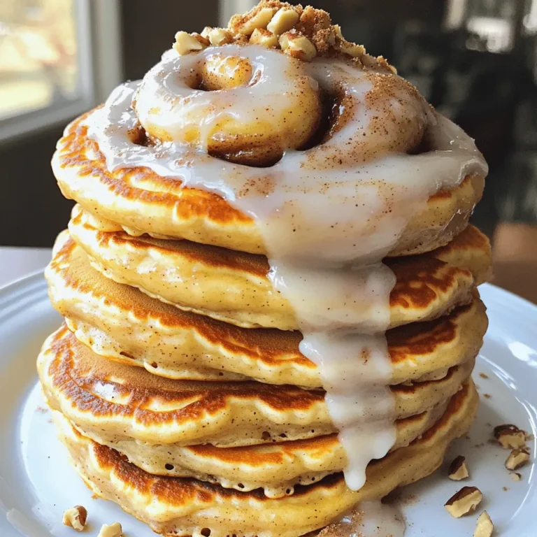 To make these tasty pancakes, gather the following items: - 1 cup all-purpose flour - 2 tablespoons granulated sugar - 1 tablespoon baking powder - 1/2 teaspoon salt - 1 cup milk - 1 large egg - 2 tablespoons unsalted butter, melted - 1 teaspoon vanilla extract For the Cinnamon Swirl: - 1/4 cup brown sugar, packed - 1 tablespoon ground cinnamon - 2 tablespoons unsalted butter, softened For the Cream Cheese Glaze: - 4 oz cream cheese, softened - 1/2 cup powdered sugar - 2 tablespoons milk - 1 teaspoon vanilla extract You can swap some ingredients if needed. Use whole wheat flour for a healthier option. Almond milk works well if you want a dairy-free choice. For the egg, try a flax egg by mixing 1 tablespoon of flaxseed meal with 2.5 tablespoons of water. Maple syrup can replace granulated sugar for sweetness. Use coconut oil instead of butter if you prefer. Fresh ingredients make the best pancakes. Check the flour for freshness; it shouldn’t smell stale. Look for milk with a good expiration date and no sour smell. Eggs should be clean, without cracks. Choose butter that feels firm and cool. When buying brown sugar, it should feel moist and clump together. Grab the freshest cream cheese, which should be smooth and creamy. For the spices, ensure they are not past their best by date; fresh spices give the best flavor. To make the cinnamon swirl, start with a small bowl. Combine 1/4 cup brown sugar, 1 tablespoon ground cinnamon, and 2 tablespoons softened butter. Mix until it is smooth. You want it to blend well. Once mixed, put it in a piping bag or squeeze bottle. This makes it easy to swirl on the pancakes. Set this aside for later use. Next, grab a large mixing bowl. In this bowl, whisk together 1 cup all-purpose flour, 2 tablespoons granulated sugar, 1 tablespoon baking powder, and 1/2 teaspoon salt. Make sure everything is even. In another bowl, mix 1 cup milk, 1 large egg, 2 tablespoons melted butter, and 1 teaspoon vanilla extract. Slowly pour this wet mix into the dry mix. Stir gently until just combined. A few lumps are okay. This will help keep your pancakes fluffy. Now it’s time to cook! Heat a non-stick skillet over medium heat. Lightly grease the pan with some butter or cooking spray. Once hot, pour 1/4 cup of pancake batter onto the skillet. Before it sets up, pipe your cinnamon mixture on top. Make a nice swirl for that cinnamon roll look. Cook for about 2-3 minutes until bubbles appear. The edges should look dry. Carefully flip the pancake. Cook the other side for 1-2 minutes until both sides are golden. Repeat this with the rest of the batter and cinnamon mixture. Enjoy the smell as they cook! For the full recipe, check the earlier section. To make your pancakes light and fluffy, don't over-mix the batter. Mix just until the dry and wet ingredients combine. A few lumps are fine. This keeps air pockets in the batter, which results in fluffiness. Letting the batter rest for a few minutes can also help. This allows the baking powder to start working. For the best cinnamon swirl, use a piping bag or squeeze bottle. This makes it easy to create that beautiful swirl. Start piping in a spiral from the center of the pancake outward. Keep it steady and don’t rush. The swirl should look like a cinnamon roll. If the swirl breaks, don’t worry. Just try again with the next pancake! These pancakes shine with a drizzle of cream cheese glaze. You can also add maple syrup for extra sweetness. Top with chopped nuts for crunch or fresh fruit for color. Serve with crispy bacon or sausage for a full breakfast. For a fun twist, sprinkle extra cinnamon on top before serving. Enjoy these pancakes warm for the best taste! For the full recipe, check out the entire guide. {{image_4}} You can add chocolate chips to your cinnamon roll pancakes for a sweet twist. Just sprinkle some chocolate chips into the batter before you cook the pancakes. This adds a rich, chocolatey flavor that pairs well with the cinnamon. I like to use semi-sweet chips, but you can choose dark or milk chocolate, too. The melted chocolate creates a gooey surprise in each bite. If you need a gluten-free option, swap all-purpose flour for a gluten-free blend. Many brands offer one-to-one ratios that work well in pancakes. You will still get a fluffy texture and tasty flavor. Ensure the baking powder is gluten-free as well. The cinnamon swirl and cream cheese glaze can remain the same. Enjoy a delicious breakfast without the gluten! You can enhance your pancakes by adding fruits or nuts. Fresh berries like blueberries or sliced bananas work great. Just fold them into the batter before cooking. For a nutty crunch, try adding chopped pecans or walnuts. They add a nice texture and flavor. Whether you choose fruits, nuts, or both, these additions elevate your cinnamon roll pancakes. Try these variations to make every breakfast special! For the full recipe, check the link. Store leftover pancakes in an airtight container. Let them cool first. You can keep them in the fridge for up to three days. If you want to enjoy them later, consider freezing them for longer storage. To reheat pancakes, use the microwave. Place them on a microwave-safe plate. Heat for about 20-30 seconds. You can also use a skillet. Heat over low heat for about one minute on each side. Both methods keep the pancakes soft. Freezing pancakes is simple. Stack them with parchment paper between each one. Wrap the stack tightly in plastic wrap. Place the wrapped stack in a freezer bag. You can freeze them for up to two months. When ready to eat, thaw in the fridge overnight. Reheat as mentioned above for best results. To flip pancakes, use a wide, flat spatula. Slide it under the pancake gently. Lift the pancake slightly and flip it quickly. Make sure to flip when the edges look dry and bubbles form on top. This way, you avoid breaking the pancake. A good flip keeps your pancakes fluffy and beautiful. Yes, you can prepare the cinnamon swirl ahead of time. Mix the brown sugar, cinnamon, and butter as directed. Then, place it in a piping bag or squeeze bottle. Store it in the fridge until you are ready to use it. This saves time and adds great flavor to your pancakes. Pancakes are done when they turn golden brown on both sides. Look for bubbles forming on the surface. When these bubbles pop, it’s a good sign. The edges should also look slightly dry. If you follow these signs, your pancakes will come out perfectly cooked. For the full recipe, check out the detailed steps. Cinnamon roll pancakes are a fun twist on a classic breakfast. We covered fresh ingredients, simple steps, and tips for fluffiness. You can try variations with chocolate, fruits, or gluten-free options. Don’t forget how to store and reheat leftovers for later. Remember, practice makes your pancakes even better. Enjoy making these tasty treats for loved ones!