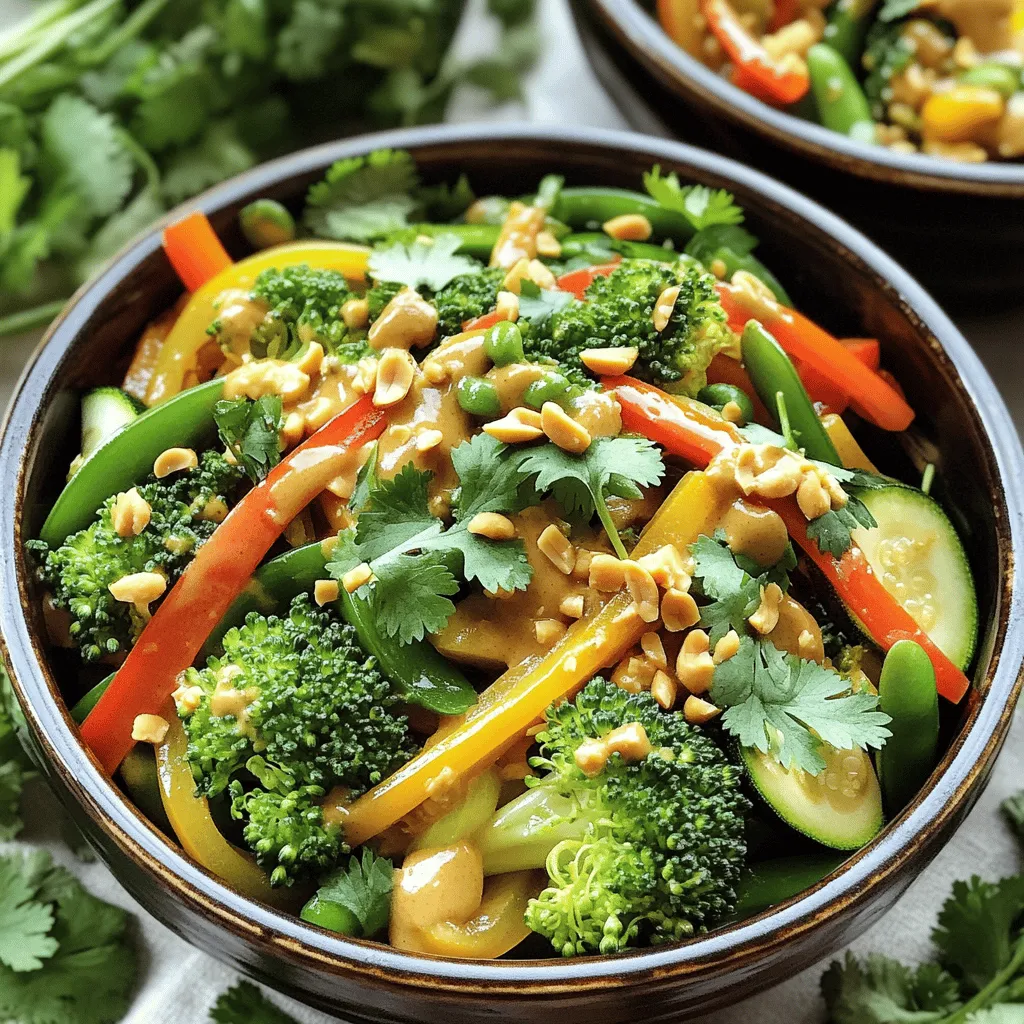 - Broccoli florets - Bell pepper (any color) - Carrot (julienne strips) - Zucchini (sliced) - Snap peas - Green onions (finely chopped) - Creamy peanut butter - Soy sauce (preferably low-sodium) - Pure maple syrup - Rice vinegar - Sesame oil - Warm water - Chopped peanuts - Fresh cilantro When I start a vegetable stir-fry, I always choose fresh, colorful veggies. Each vegetable adds its own flavor and texture. For this stir-fry, I use broccoli, bell pepper, carrot, zucchini, snap peas, and green onions. These ingredients make the dish vibrant and fun. Now, the peanut sauce is what gives this dish a special kick. I combine creamy peanut butter, soy sauce, pure maple syrup, rice vinegar, sesame oil, and warm water. Mixing these together creates a rich and tasty sauce. You can adjust the water for a thicker or thinner sauce, depending on your liking. Finally, I like to finish with garnishes. Chopped peanuts add a nice crunch, while fresh cilantro brightens the dish. This mix of flavors and textures makes every bite a delight. For the full recipe, check out the details above. To start, mix the peanut sauce ingredients. In a small bowl, combine: - 1/3 cup creamy peanut butter - 2 tablespoons soy sauce - 1 tablespoon pure maple syrup - 1 tablespoon rice vinegar - 1 teaspoon sesame oil Whisk these until smooth. If the sauce is thick, add warm water. Use 2-3 tablespoons to reach your desired thickness. Set this aside for later. Next, heat 2 tablespoons of vegetable oil in a large skillet or wok. Use medium-high heat until the oil shimmers. Then, add 3 cloves of minced garlic and 1 tablespoon of freshly grated ginger. Sauté these for about 30 seconds. You want them fragrant but not burnt. Now, it’s time to add the veggies in the right order. First, add: - 1 cup broccoli florets - 1 sliced bell pepper - 1 julienned carrot Stir-fry these for 3-4 minutes. They should soften but still be crunchy. Then, add: - 1 sliced zucchini - 1 cup snap peas Continue to stir-fry for another 2-3 minutes. The vegetables should be crisp-tender and bright. Now, pour the prepared peanut sauce over the stir-fried vegetables. Toss everything to coat evenly. Cook for another minute. This ensures all the flavors meld together. Finally, remove the skillet from heat and fold in 3 chopped green onions. Mix well for freshness. You can find the full recipe for even more details. Enjoy cooking this colorful dish! To make a great stir-fry, high heat is key. Heat your skillet or wok until it's very hot. This helps the vegetables cook quickly and keeps them crisp. If you cook them too long, they lose their crunch and flavor. Stir quickly and keep moving the veggies around. This way, they cook evenly and stay bright. You can change the spice level by adding chili paste. Start with a little, then taste it. You can also use almond or cashew butter instead of peanut butter. This gives a new twist to the sauce. Each nut brings a different taste, which can be fun to try. Using seasonal vegetables makes a big difference. Fresh veggies taste better and have more nutrients. Plus, you can add nuts or seeds for extra crunch. Toasted peanuts or sesame seeds work great. They add texture and depth to your dish. Explore different options to keep your stir-fry exciting. For the full recipe, check out the Veggie Delight Stir-Fry with Creamy Peanut Sauce. {{image_4}} You can easily add protein to your stir-fry. Tofu, chicken, or shrimp work well. I suggest cooking these proteins separately first. This helps keep them juicy and flavorful. Once cooked, mix them in at the end. This way, you maintain their texture and taste. Feel free to swap out veggies based on what you have. Asparagus or bell peppers can be great choices. Seasonal vegetables also add freshness. Try using zucchini in summer or root veggies in fall. This keeps your stir-fry exciting and tasty. Want to make your stir-fry even heartier? You can turn it into a noodle dish! Rice noodles or whole wheat noodles are excellent options. Just cook the noodles as per package instructions. Once ready, toss them in with the veggies and sauce. This makes a filling meal that everyone will enjoy. For the full recipe, check out the Veggie Delight Stir-Fry with Creamy Peanut Sauce. After enjoying your vegetable stir-fry, store any leftovers in the fridge. Use airtight containers to keep the flavors fresh. Make sure the stir-fry cools down before sealing the container. This helps prevent condensation inside. If you want to save stir-fried vegetables for later, freezing is a great option. Spread the cooled stir-fry on a baking sheet in a single layer. Freeze it for about an hour. Once frozen, transfer it to a freezer-safe bag or container. This way, it won't clump together. When you want to eat it, thaw in the fridge overnight. Reheat in a skillet over low heat until warm. In the fridge, your vegetable stir-fry lasts about 3 to 5 days. If you freeze it, expect it to stay good for about 2 to 3 months. After that, the flavor might fade, but it will still be safe to eat. It’s best to enjoy it sooner for the best taste. Yes, you can prep your vegetable stir-fry ahead of time. To do this, chop all your vegetables and store them in airtight containers. Keep the peanut sauce separate until you are ready to cook. This way, your stir-fry stays fresh. You can also cook the stir-fry and store it in the fridge. Just reheat it in a skillet when you're ready to eat. Yes, the peanut sauce is vegan! It contains creamy peanut butter, soy sauce, maple syrup, rice vinegar, and sesame oil. All these ingredients are plant-based. This makes the dish great for anyone on a vegan diet. You can enjoy it without worry. You can serve this tasty stir-fry with rice or noodles for a full meal. Here are some good options: - Steamed jasmine rice - Brown rice - Rice noodles - Quinoa - Salad for a fresh crunch These sides complement the stir-fry well and make it more filling. To make this stir-fry gluten-free, use gluten-free soy sauce or tamari. These options taste great and work well in the peanut sauce. Always check your peanut butter to ensure it's gluten-free too. With these swaps, you can enjoy a gluten-free version of this delicious dish! You’ve learned how to make a tasty vegetable stir-fry with rich peanut sauce. We covered fresh veggies, step-by-step cooking, and safe storage tips. Remember, high heat keeps everything crisp and bright. Experiment with proteins or different veggies to find your favorite mix. With these tips, you can make quick, delicious meals anytime. Enjoy your cooking journey and create dishes that you love!