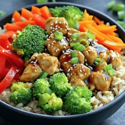 To make mouthwatering teriyaki chicken bowls, gather these ingredients: - 1 lb chicken breast, diced into bite-sized pieces - 1 cup brown rice - 2 cups water (for cooking the rice) - 1 cup fresh broccoli florets - 1 medium red bell pepper, sliced into thin strips - 1 medium carrot, julienned - 3 green onions, finely chopped (for garnish and flavor) - 1 tablespoon sesame oil - 1/4 cup low-sodium soy sauce - 2 tablespoons honey (or maple syrup for a vegan option) - 1 tablespoon rice vinegar - 1 teaspoon freshly grated ginger - 1 clove garlic, minced - Sesame seeds, for garnish You can swap out some ingredients if needed: - Chicken: Use tofu or chickpeas for a vegetarian option. - Rice: Quinoa or cauliflower rice works well, too. - Vegetables: Feel free to add snap peas, spinach, or any veggies you like. - Soy Sauce: Coconut aminos or tamari can replace soy sauce for a gluten-free option. - Honey: Maple syrup or agave syrup suits vegan diets. These tools will help make the process easy: - Medium pot for cooking rice - Large skillet or wok for chicken and veggies - Whisk for mixing the teriyaki sauce - Cutting board and knife for chopping ingredients - Measuring cups and spoons for accurate portions With these ingredients and tools, you are ready to make your own teriyaki chicken bowls. For the full recipe, check the detailed cooking steps provided earlier. To start, rinse 1 cup of brown rice under cold water. This step removes excess starch. Next, add the rinsed rice to a medium pot with 2 cups of water. Bring it to a boil. Once boiling, reduce the heat to low. Cover the pot with a lid and let it simmer for 30-35 minutes. The rice is ready when it's tender and the water is absorbed. Fluff it gently with a fork before serving. In a medium bowl, combine 1/4 cup low-sodium soy sauce, 2 tablespoons honey, 1 tablespoon rice vinegar, 1 teaspoon freshly grated ginger, and 1 clove minced garlic. Whisk these ingredients together until well mixed. This sauce adds a sweet and savory taste to your dish. Set it aside for later. Heat 1 tablespoon of sesame oil in a large skillet over medium heat. Once hot, add 1 lb of diced chicken breast. Cook the chicken for 5-7 minutes until it turns golden brown. While the chicken cooks, blanch 1 cup of broccoli florets in boiling water for 2 minutes. Then, transfer them to ice water to stop cooking. Drain and set aside. Next, add sliced 1 medium red bell pepper and 1 medium julienned carrot to the skillet. Stir-fry with the chicken for 3-4 minutes. Pour the teriyaki sauce over the chicken and vegetables. Stir everything to coat well. Let it simmer for 2-3 minutes. Now, you can assemble your bowls. Place the fluffy brown rice in serving bowls. Top with the teriyaki chicken and vegetables. Don’t forget to garnish with chopped green onions and sesame seeds. Enjoy your delicious creation! To achieve tender chicken, start with fresh chicken breast. Cut it into small pieces for quick cooking. Use medium heat when sautéing to avoid overcooking. Cook the chicken until it’s golden brown. This gives a nice texture while keeping it juicy. Marinades boost flavor and make your chicken yum. For a simple teriyaki marinade, mix soy sauce, honey, rice vinegar, grated ginger, and minced garlic. Let your chicken soak in this mix for at least 30 minutes. This step adds depth and makes your dish shine. Presentation matters! Use a large bowl for your rice. Top it with the chicken and veggies. Sprinkle green onions and sesame seeds for color. Serve with chopsticks and a lime wedge for extra flair. This adds a fun twist that impresses your guests. For more details, check the Full Recipe. {{image_4}} You can make this dish vegan easily. Instead of chicken, use tofu or tempeh. Both options soak up flavors well. Cube the tofu or tempeh and cook it until golden. Use the same teriyaki sauce to keep that sweet and savory taste. For extra protein, add edamame or chickpeas. You can also use maple syrup in place of honey for sweetness. Feel free to customize the veggies in your teriyaki bowl. Broccoli, bell peppers, and carrots are great, but try other choices too. Snap peas or zucchini add a fresh crunch. Mushrooms give a nice earthy flavor, while baby corn adds fun texture. Mix and match your favorites to keep it exciting. If you love spice, add some heat to your teriyaki bowls. You can stir in red pepper flakes or sriracha into the teriyaki sauce. Another option is to add sliced jalapeños to the skillet while cooking. This will make your dish sizzle with flavors. Adjust the spice to your taste, and enjoy the heat! To store leftover teriyaki chicken bowls, let them cool first. Use airtight containers to keep them fresh. Make sure to separate the rice and chicken mix to prevent sogginess. Store them in the fridge for up to three days. You can also freeze them for longer storage. Just be sure to label the containers with the date. When it's time to reheat, use a microwave or stovetop. For the microwave, place the bowl in for about one to two minutes. Stir halfway to heat evenly. If using the stovetop, add a splash of water to the pan. Heat on low, stirring often, until warmed through. This keeps the chicken moist and the rice fluffy. To save time during the week, prep your ingredients ahead. Cook the rice and chicken in bulk. Store them in separate containers. Chop the veggies and keep them ready to toss in. You can also make the teriyaki sauce ahead. This way, on busy days, all you need to do is combine and heat. Enjoy a quick, home-cooked meal anytime! You can use tofu, shrimp, or beef instead of chicken. Tofu works well for a plant-based option. You can cube firm tofu and sauté it just like chicken. Shrimp cooks fast and adds a different flavor. Thinly sliced beef also pairs nicely with teriyaki sauce. Yes, you can make the teriyaki sauce ahead. Mix the soy sauce, honey, rice vinegar, ginger, and garlic. Store it in an airtight container in the fridge for up to a week. This saves time on busy days and lets the flavors deepen. To make your Teriyaki Chicken Bowls healthier, use brown rice instead of white rice. Add more veggies like spinach, snap peas, or bell peppers. You can also reduce the honey in the sauce or use a sugar substitute. This keeps the flavor while cutting calories. For the full recipe, check out the detailed steps above. This guide covered everything you need for delicious teriyaki chicken bowls. We explored key ingredients and their substitutions, plus the best tools to use. You learned the step-by-step process to cook brown rice, make teriyaki sauce, and prepare chicken with veggies. We shared tips for tender meat, flavors, and presentation. You now know variations for vegan bowls and spicy twists. Lastly, we discussed how to store and reheat your meal. Whether you're meal prepping or cooking for friends, these bowls will impress everyone. Dive in, enjoy, and make your own perfect bowls!