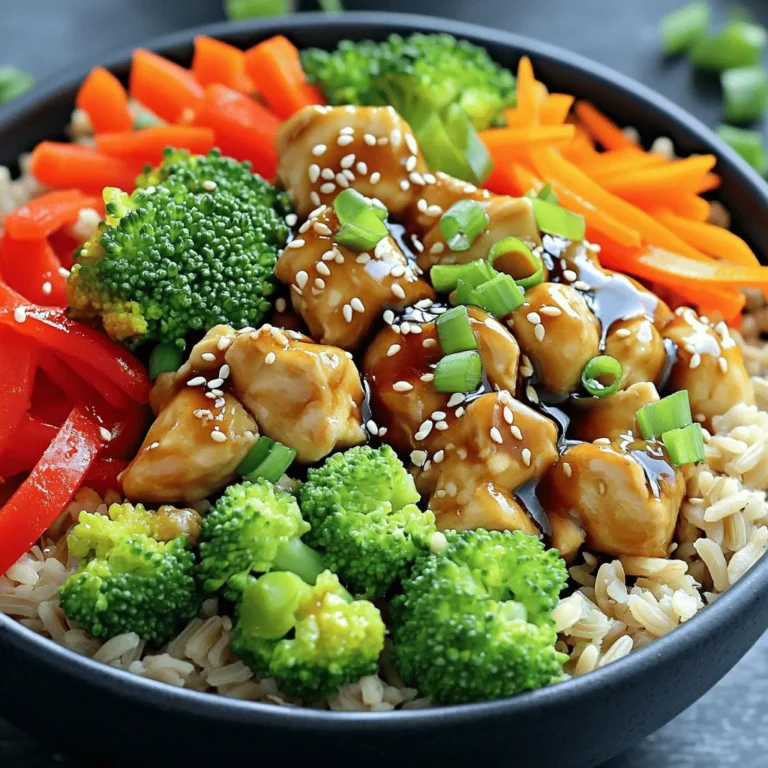 To make mouthwatering teriyaki chicken bowls, gather these ingredients: - 1 lb chicken breast, diced into bite-sized pieces - 1 cup brown rice - 2 cups water (for cooking the rice) - 1 cup fresh broccoli florets - 1 medium red bell pepper, sliced into thin strips - 1 medium carrot, julienned - 3 green onions, finely chopped (for garnish and flavor) - 1 tablespoon sesame oil - 1/4 cup low-sodium soy sauce - 2 tablespoons honey (or maple syrup for a vegan option) - 1 tablespoon rice vinegar - 1 teaspoon freshly grated ginger - 1 clove garlic, minced - Sesame seeds, for garnish You can swap out some ingredients if needed: - Chicken: Use tofu or chickpeas for a vegetarian option. - Rice: Quinoa or cauliflower rice works well, too. - Vegetables: Feel free to add snap peas, spinach, or any veggies you like. - Soy Sauce: Coconut aminos or tamari can replace soy sauce for a gluten-free option. - Honey: Maple syrup or agave syrup suits vegan diets. These tools will help make the process easy: - Medium pot for cooking rice - Large skillet or wok for chicken and veggies - Whisk for mixing the teriyaki sauce - Cutting board and knife for chopping ingredients - Measuring cups and spoons for accurate portions With these ingredients and tools, you are ready to make your own teriyaki chicken bowls. For the full recipe, check the detailed cooking steps provided earlier. To start, rinse 1 cup of brown rice under cold water. This step removes excess starch. Next, add the rinsed rice to a medium pot with 2 cups of water. Bring it to a boil. Once boiling, reduce the heat to low. Cover the pot with a lid and let it simmer for 30-35 minutes. The rice is ready when it's tender and the water is absorbed. Fluff it gently with a fork before serving. In a medium bowl, combine 1/4 cup low-sodium soy sauce, 2 tablespoons honey, 1 tablespoon rice vinegar, 1 teaspoon freshly grated ginger, and 1 clove minced garlic. Whisk these ingredients together until well mixed. This sauce adds a sweet and savory taste to your dish. Set it aside for later. Heat 1 tablespoon of sesame oil in a large skillet over medium heat. Once hot, add 1 lb of diced chicken breast. Cook the chicken for 5-7 minutes until it turns golden brown. While the chicken cooks, blanch 1 cup of broccoli florets in boiling water for 2 minutes. Then, transfer them to ice water to stop cooking. Drain and set aside. Next, add sliced 1 medium red bell pepper and 1 medium julienned carrot to the skillet. Stir-fry with the chicken for 3-4 minutes. Pour the teriyaki sauce over the chicken and vegetables. Stir everything to coat well. Let it simmer for 2-3 minutes. Now, you can assemble your bowls. Place the fluffy brown rice in serving bowls. Top with the teriyaki chicken and vegetables. Don’t forget to garnish with chopped green onions and sesame seeds. Enjoy your delicious creation! To achieve tender chicken, start with fresh chicken breast. Cut it into small pieces for quick cooking. Use medium heat when sautéing to avoid overcooking. Cook the chicken until it’s golden brown. This gives a nice texture while keeping it juicy. Marinades boost flavor and make your chicken yum. For a simple teriyaki marinade, mix soy sauce, honey, rice vinegar, grated ginger, and minced garlic. Let your chicken soak in this mix for at least 30 minutes. This step adds depth and makes your dish shine. Presentation matters! Use a large bowl for your rice. Top it with the chicken and veggies. Sprinkle green onions and sesame seeds for color. Serve with chopsticks and a lime wedge for extra flair. This adds a fun twist that impresses your guests. For more details, check the Full Recipe. {{image_4}} You can make this dish vegan easily. Instead of chicken, use tofu or tempeh. Both options soak up flavors well. Cube the tofu or tempeh and cook it until golden. Use the same teriyaki sauce to keep that sweet and savory taste. For extra protein, add edamame or chickpeas. You can also use maple syrup in place of honey for sweetness. Feel free to customize the veggies in your teriyaki bowl. Broccoli, bell peppers, and carrots are great, but try other choices too. Snap peas or zucchini add a fresh crunch. Mushrooms give a nice earthy flavor, while baby corn adds fun texture. Mix and match your favorites to keep it exciting. If you love spice, add some heat to your teriyaki bowls. You can stir in red pepper flakes or sriracha into the teriyaki sauce. Another option is to add sliced jalapeños to the skillet while cooking. This will make your dish sizzle with flavors. Adjust the spice to your taste, and enjoy the heat! To store leftover teriyaki chicken bowls, let them cool first. Use airtight containers to keep them fresh. Make sure to separate the rice and chicken mix to prevent sogginess. Store them in the fridge for up to three days. You can also freeze them for longer storage. Just be sure to label the containers with the date. When it's time to reheat, use a microwave or stovetop. For the microwave, place the bowl in for about one to two minutes. Stir halfway to heat evenly. If using the stovetop, add a splash of water to the pan. Heat on low, stirring often, until warmed through. This keeps the chicken moist and the rice fluffy. To save time during the week, prep your ingredients ahead. Cook the rice and chicken in bulk. Store them in separate containers. Chop the veggies and keep them ready to toss in. You can also make the teriyaki sauce ahead. This way, on busy days, all you need to do is combine and heat. Enjoy a quick, home-cooked meal anytime! You can use tofu, shrimp, or beef instead of chicken. Tofu works well for a plant-based option. You can cube firm tofu and sauté it just like chicken. Shrimp cooks fast and adds a different flavor. Thinly sliced beef also pairs nicely with teriyaki sauce. Yes, you can make the teriyaki sauce ahead. Mix the soy sauce, honey, rice vinegar, ginger, and garlic. Store it in an airtight container in the fridge for up to a week. This saves time on busy days and lets the flavors deepen. To make your Teriyaki Chicken Bowls healthier, use brown rice instead of white rice. Add more veggies like spinach, snap peas, or bell peppers. You can also reduce the honey in the sauce or use a sugar substitute. This keeps the flavor while cutting calories. For the full recipe, check out the detailed steps above. This guide covered everything you need for delicious teriyaki chicken bowls. We explored key ingredients and their substitutions, plus the best tools to use. You learned the step-by-step process to cook brown rice, make teriyaki sauce, and prepare chicken with veggies. We shared tips for tender meat, flavors, and presentation. You now know variations for vegan bowls and spicy twists. Lastly, we discussed how to store and reheat your meal. Whether you're meal prepping or cooking for friends, these bowls will impress everyone. Dive in, enjoy, and make your own perfect bowls!