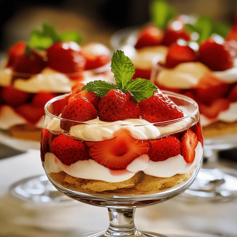 - 2 cups fresh strawberries, hulled and sliced - 1 tablespoon granulated sugar - 1 cup heavy whipping cream - 1/2 cup powdered sugar - 1 teaspoon pure vanilla extract - 1 cup mascarpone cheese - 1 package (10-12 oz) ladyfinger cookies - Fresh mint leaves for garnish (optional) The key to a great no-bake strawberry shortcake is using fresh ingredients. The strawberries need to be ripe and sweet. I like to mix them with sugar to boost their flavor. Letting them sit brings out their juice, which is great for layering. Next, the dairy components bring richness. The heavy whipping cream adds a lightness. Whipping it with sugar and vanilla gives it a sweet touch. The mascarpone cheese makes the cream smooth and creamy. This combo is what makes each bite feel luxurious. For the base, ladyfinger cookies are perfect. They soak up the strawberry juice, forming a soft, cake-like texture. You can use fresh mint leaves for a pop of color and a fresh taste. If you want to know how to make this dessert, check out the Full Recipe. Each ingredient plays a role in making this dish delicious and fun to eat. Start by hulling and slicing 2 cups of fresh strawberries. Next, place them in a bowl and toss them gently with 1 tablespoon of granulated sugar. This step is key! The sugar helps the strawberries release their juices. Let them sit for about 15-20 minutes. You’ll see the magic happen as they create a tasty syrup. In a large mixing bowl, whip together 1 cup of heavy whipping cream, 1/2 cup of powdered sugar, and 1 teaspoon of pure vanilla extract. Use an electric mixer for this. Beat the mixture until soft peaks form. Be careful not to overwhip! You want it fluffy but still smooth. Grab a dish for assembly. Start by layering ladyfinger cookies at the bottom. You can break them if needed to fit. After that, spoon half of the mascarpone cream mixture over the cookies. Spread it evenly with a spatula. Then, layer half of the strawberry mixture on top. Let some syrup drizzle down into the cream. This adds flavor and looks great! Repeat these layers until you use all the ingredients. Once assembled, cover the dish tightly with plastic wrap. Now, it’s time to refrigerate! Let it chill for at least 4 hours, but overnight is even better. This wait allows the flavors to blend and makes the ladyfingers soft and cake-like. Enjoy the anticipation! To achieve soft peaks when whipping cream, use a large bowl. Chill the bowl and beaters in the fridge before starting. This helps the cream whip faster. Pour in your heavy cream and start mixing on low speed. Gradually increase the speed. Watch closely for soft peaks. They form when the cream holds its shape but still looks smooth. Stop whipping before it turns stiff. You can enhance the flavor of your shortcake by adding zest. Try using lemon or orange zest in the cream. This adds a bright taste that pairs well with strawberries. You can also add a splash of liqueur, like Grand Marnier or Amaretto. Just a tablespoon will add a lovely depth to your dessert. Mix these in gently after whipping the cream. For a stunning presentation, serve this dessert in glass bowls. This way, guests can see the beautiful layers of cream and strawberries. You can also use parfait glasses for individual servings. Top with fresh mint leaves for a pop of color. Drizzle some of the strawberry syrup on top for extra flair. This makes each serving look special and inviting. Enjoy your No-Bake Strawberry Shortcake Delight! If you want more details, check the Full Recipe. {{image_4}} You can switch strawberries for other fruits. Raspberries, blueberries, or blackberries work well. For a tropical twist, try mango or pineapple. Each fruit adds its unique flavor and color. Mixing berries can also create a fun visual treat. Think about what is in season for the best taste. To make this recipe gluten-free, swap ladyfingers for gluten-free cookies. Many brands offer tasty gluten-free options. You can also use oat cookies or almond flour biscuits. These will still give you that nice texture and taste. If you want a vegan version, there are easy swaps. Use coconut cream instead of heavy whipping cream. For mascarpone, try cashew cheese or a blend of silken tofu and coconut milk. Use maple syrup instead of granulated sugar for sweetness. These changes keep the dessert rich and creamy without animal products. For the full recipe, check out the No-Bake Strawberry Shortcake Delight. Your No-Bake Strawberry Shortcake can last in the fridge for about 3-4 days. Make sure you cover it tightly with plastic wrap to keep it fresh. The flavors get better as it sits, so don’t worry if you can't finish it all at once! Yes, you can freeze this dessert! To freeze it, cut it into individual portions. Wrap each piece in plastic wrap, then place them in a freezer-safe bag. It will stay good for up to a month. When you want to enjoy it again, let it thaw overnight in the fridge. When it's time to serve leftovers, I recommend adding a fresh touch. Slice up some new strawberries and sprinkle them on top. A dollop of whipped cream can also bring it back to life! If it looks a bit flat, a quick mix with a fork can help revive its texture. Yes, you can use frozen strawberries. They work well in this recipe. Just thaw them before use. Drain any excess liquid to avoid sogginess. Fresh strawberries taste best, but frozen ones are a great option too. They still provide a sweet and juicy flavor. Watch for soft peaks when whipping cream. When you lift the whisk, the cream should form a peak that gently bends. It should not be stiff or grainy. If you overbeat, it can turn into butter, which is not what we want. Keep a close eye while whipping. You can substitute mascarpone with cream cheese or ricotta. If using cream cheese, soften it first for a smooth texture. Ricotta can add a light, fluffy feel. Both options work well and will still give you a delicious taste. Let the dessert chill for at least 4 hours. For the best flavor, chill it overnight. This gives the layers time to blend together. A longer chill also helps the ladyfingers soften. Enjoy the wait; it’s worth it! This no-bake strawberry shortcake dessert is easy and fun to make. We started with fresh strawberries and layered them with a rich mascarpone cream and ladyfingers. I shared tips for making perfect whipped cream and offered ways to customize the recipe. Remember, this treat not only tastes great but can also suit different diets. Whether you stick with classic flavors or try new fruits, this dessert brings happiness. Now, enjoy making and sharing your no-bake strawberry shortcake with friends and family!