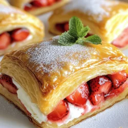 To make a delightful Strawberry Danish, gather these key ingredients: - 1 sheet of frozen puff pastry, thawed - 1 cup fresh strawberries, hulled and sliced - 1 tablespoon granulated sugar - 1 teaspoon vanilla extract - 1/2 cup cream cheese, softened to room temperature - 1/4 cup powdered sugar - 1 egg, beaten (for egg wash) - 1 tablespoon fresh lemon juice These ingredients bring together the sweetness of strawberries and the creaminess of cheese. For those looking to boost flavor, consider adding: - Zest of 1 lemon for a fresh, zesty touch - A sprinkle of cinnamon for a warm spice - A handful of chopped nuts for crunch These additions can personalize your Danish and make it even more special. Here’s a quick look at the nutrient breakdown for one serving of Strawberry Danish: - Calories: 220 - Protein: 4g - Fat: 12g - Carbohydrates: 25g - Fiber: 1g - Sugar: 6g This pastry offers a nice balance of taste and indulgence, making it a treat worth savoring. For the complete recipe, check out the Full Recipe. Start by washing your fresh strawberries. Cut off the green tops, called hulls, and slice the berries. In a bowl, mix the sliced strawberries with granulated sugar, vanilla extract, and lemon juice. Let them sit for about 10 minutes. This helps the strawberries release their juices. The result is a sweet and syrupy mixture that adds flavor to your Danish. While the strawberries are marinating, take your frozen puff pastry out to thaw. Once it’s soft, lightly flour your work surface. Roll out the pastry to smooth out any creases. You can cut it into one large rectangle or six smaller squares. For a nice shape, score a smaller rectangle inside each piece, about 1 inch from the edge. Be careful not to cut all the way through; this will create a puffed edge when baked. In a bowl, combine softened cream cheese and powdered sugar. Mix until smooth and creamy. If you want more flavor, fold in lemon zest. Spread this cream cheese mixture within the scored border of each pastry piece. Top it with a spoonful of your marinated strawberries, letting some juice seep into the cream cheese. Brush the edges with the beaten egg for a golden finish. Finally, bake the Danish in a preheated oven at 400°F (200°C) for 15-20 minutes. Keep an eye on them; you want a golden-brown color. Once done, let them cool on a wire rack before serving. Enjoy your Strawberry Bliss Danish! For detailed steps, check the Full Recipe. To make great puff pastry, keep your ingredients cold. Use chilled butter and water. Cold dough helps create those lovely layers. Roll the dough gently, and don't overwork it. When baking, preheat your oven well. A hot oven gives you the best rise. For a tasty cream cheese filling, start with softened cream cheese. Mix in powdered sugar until smooth. Add a splash of vanilla extract for depth. For a zesty twist, fold in lemon zest. This brightens the cream cheese and enhances the overall flavor. One mistake is not scoring the pastry. This step is crucial for a nice rise. Also, don’t skip the egg wash. It gives your Danish a beautiful, shiny finish. Lastly, avoid overbaking. Keep an eye on them after 15 minutes. You want golden brown, not burnt! For the full recipe, check out the Strawberry Bliss Danish section. {{image_4}} You can easily make a vegan version of this delightful treat. Swap the cream cheese for a vegan cream cheese alternative. Use a plant-based milk for the egg wash, like almond or soy milk. This keeps your Danish creamy and delicious while being vegan-friendly. For a gluten-free option, use gluten-free puff pastry. There are many brands available now. Ensure that the other ingredients are also gluten-free. This way, everyone can enjoy this tasty pastry without worry. You can mix up the flavors in your Strawberry Danish. Try adding almond extract for a nutty twist. You can also use mixed berries instead of just strawberries. Blueberries and raspberries work well together. Feel free to get creative and make the recipe your own! For the full recipe, check out Strawberry Bliss Danish. To keep your leftover Danish fresh, place them in an airtight container. You can also wrap them in plastic wrap. Store the container at room temperature for one day. If you need a longer storage time, move them to the fridge for up to three days. This helps maintain their taste and texture. If you want to freeze your Strawberry Danishes, first let them cool completely. Then, wrap each one in plastic wrap. Place the wrapped Danishes in a freezer-safe bag. They can stay in the freezer for up to three months. When you are ready to enjoy them, just thaw overnight in the fridge. To reheat your Danish, preheat your oven to 350°F (175°C). Place the Danish on a baking sheet. Heat them for about 10 minutes. This warms them evenly and keeps them crispy. You can also use a microwave, but the texture may change. Enjoy your warm Strawberry Bliss Danish! For the full recipe, check the earlier section. A Strawberry Danish is a sweet pastry that features a flaky puff pastry filled with cream cheese and fresh strawberries. The pastry is often shaped into a neat rectangle or square. It is a delightful treat that is perfect for breakfast or dessert. Yes, you can use frozen strawberries. Just thaw and drain them before using. This helps to avoid excess juice in your filling. However, fresh strawberries provide the best flavor and texture. You can find Strawberry Danish at many bakeries and cafes. Some supermarkets also carry them in the bakery section. If you want a fresh one, consider making it at home using the full recipe. Making Strawberry Danish from scratch takes about 40 minutes. This includes prep and baking time. With some practice, you can whip up a batch in no time. The best toppings include a dusting of powdered sugar or a drizzle of icing. You can also add some fresh mint leaves or extra sliced strawberries for color and freshness. These toppings enhance the visual appeal and taste of your Danish. In this post, we covered essential and optional ingredients for your Strawberry Danish. We walked through easy steps for prepping strawberries and puff pastry and assembling your treat. You learned tips to improve flavor and avoid common mistakes. We also explored tasty variations and how to store or freeze leftovers. Making a Strawberry Danish is fun and rewarding. You can enjoy it fresh or try new flavors. With practice, you'll create a dessert everyone loves. Enjoy your baking journey!
