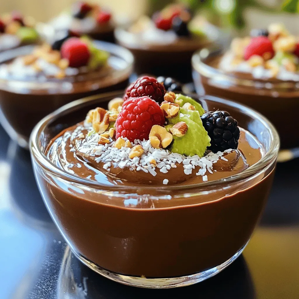 To make a delicious chocolate avocado pudding, you'll need just a few key items: - 2 ripe avocados, peeled and pitted - 1/3 cup unsweetened cocoa powder - 1/4 cup maple syrup (or honey for a different touch) - 1/4 cup almond milk (or any milk you like) - 1 teaspoon pure vanilla extract - A pinch of sea salt These ingredients blend together to create a rich and creamy dessert. The avocados give it a smooth texture, while the cocoa brings in that deep chocolate flavor. You can make your pudding even more fun with toppings. Here are some great options: - Crushed nuts for a crunch - Shredded coconut for a tropical twist - Fresh berries for a burst of color and flavor Adding these toppings not only enhances taste but also makes the dish look pretty. If you don’t have some of these ingredients, don't worry! Here are some easy swaps: - Use any ripe fruit, like bananas, instead of avocados. - If you prefer a sweeter taste, try agave syrup or coconut sugar instead of maple syrup. - Unsweetened soy or oat milk can replace almond milk. These substitutions keep the pudding tasty while adding your personal touch. Check out the Full Recipe for all the details! To make chocolate avocado pudding, start by gathering all your ingredients. You will need ripe avocados, cocoa powder, maple syrup, almond milk, vanilla extract, and sea salt. First, peel and pit the avocados. Place them in a blender or food processor. Blend until smooth. This takes about one minute. Next, add cocoa powder, maple syrup, almond milk, vanilla extract, and sea salt. Blend all the ingredients together until you have a creamy mix. This should take another minute. Scrape down the sides as needed. The key to great pudding is blending. Use a high-speed blender for the best results. If you find chunks of avocado, keep blending. Stop and scrape the sides every few seconds. This helps mix all the ingredients. You want a velvety texture with no lumps. If your pudding seems too thick, add a bit more almond milk. This will help achieve a creamier consistency. Always blend after adding more liquid to fully mix it in. Taste your pudding after blending. If you want it sweeter, add more maple syrup or honey. Do this a little at a time. Blend again to mix. Keep tasting until you find the right sweetness for you. Remember, the flavors develop as the pudding chills. So, don’t worry if it seems less sweet right after blending. Chill it in the fridge for at least 30 minutes before serving. This makes the pudding even more delicious. For the full recipe, refer to the earlier section. To get the best texture, start with ripe avocados. They should feel soft but not mushy. When you blend, ensure there are no chunks. Blend until the mix is smooth and creamy. If it feels too thick, add a bit more almond milk. A little goes a long way! If you have any pudding left, store it in an airtight container. Press plastic wrap directly onto the surface to keep it fresh. This helps stop browning. It lasts for about three days in the fridge. Just stir it again before you eat. It will taste great! Serve your pudding in small bowls or dessert glasses. For a fun twist, layer it with crushed nuts or fresh berries. You can also top it with shredded coconut. These add flavor and color. Enjoy it as a snack or dessert! For the full recipe, check out the section above. {{image_4}} You can easily boost the taste of your chocolate avocado pudding. Adding coffee creates a rich mocha flavor. Simply mix in one tablespoon of brewed coffee or espresso. Mint gives a fresh twist. Try adding a few drops of peppermint extract. If you love spices, a pinch of cinnamon or cayenne can add warmth and depth. Experimenting with flavors makes this dessert even more fun. This recipe is already dairy-free and vegan. The use of almond milk keeps it light and creamy. You can choose any plant-based milk you like, such as oat or coconut milk. For extra creaminess, blend in a tablespoon of nut butter. This enhances the flavor and texture without using dairy. Enjoy this dessert knowing it fits many diets. Presentation matters! You can serve the pudding in various ways. Top it with crushed nuts for a crunchy bite. Shredded coconut adds a tropical feel. Fresh berries brighten the dish and add natural sweetness. You could also serve it with graham crackers or on a layer of granola for added texture. Each option creates a new experience with every spoonful. For the full recipe, check out the guide above. Avocados are full of good fats. They contain monounsaturated fats that help your heart. These fats can lower bad cholesterol levels, which is great for your health. Avocados also pack fiber, which aids digestion. Fiber helps you feel full longer, making it easier to manage weight. Plus, they are rich in vitamins like E, K, and C. These vitamins boost your skin health and immune system. Eating avocados can even help with nutrient absorption from other foods. A serving of chocolate avocado pudding has about 200 calories. The avocados provide healthy fats and fiber, while cocoa adds antioxidants. The maple syrup adds sweetness but also calories. Each ingredient contributes to the overall nutritional value. Here’s a quick breakdown of key components in a typical serving: - Calories: ~200 - Fats: 15g (mostly healthy fats) - Carbs: 25g (includes natural sugars) - Protein: 3g This pudding offers a nice balance between taste and nutrition. Traditional puddings often use cream and sugar. They can be high in calories and low in nutrients. In contrast, chocolate avocado pudding is a healthier choice. It swaps heavy cream for creamy avocados, lowering bad fats. It also uses natural sweeteners like maple syrup. This means less added sugar overall. Compared to traditional pudding, chocolate avocado pudding is a guilt-free dessert. You get to enjoy rich flavors while nourishing your body. For the full recipe, check out the *Full Recipe* section. Yes, you can! Honey works well too. You can also use agave syrup or stevia. Each sweetener gives a different taste. Adjust the amount to your liking. Try a small taste test. Find what you enjoy most. This pudding lasts about three days in the fridge. Store it in an airtight container. This keeps it fresh and creamy. If it changes color, stir it before serving. The taste will still be great! Absolutely! Chocolate avocado pudding is kid-friendly. It’s creamy and rich, just like regular pudding. Kids love the chocolate flavor. Plus, it’s healthy since it uses avocados. You can even have them help make it! You need a few simple tools: - Food processor or blender - Measuring cups - Measuring spoons - Spatula - Serving bowls or dessert glasses These tools make the process easy and fun! Yes, you can freeze it! Just place it in an airtight container. It can last for about a month in the freezer. When ready to eat, let it thaw in the fridge. Stir it well before serving. Enjoy your treat anytime! In this blog post, we explored how to make chocolate avocado pudding. We covered the main ingredients, optional toppings, and substitutions. You learned step-by-step instructions for perfecting texture and sweetness. We also shared tips for storage and serving, along with fun variations for taste. Lastly, we discussed the health benefits of avocados compared to traditional pudding. With this knowledge, you can create a tasty and healthy dessert that everyone will enjoy. Dive in and make your own version today!