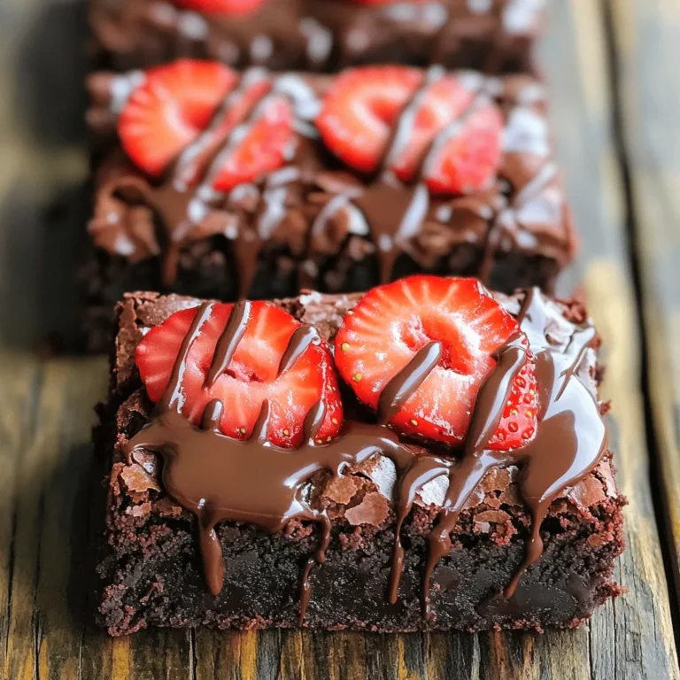 - 1 cup unsalted butter, melted - 1 cup granulated sugar - 1 cup packed brown sugar - 4 large eggs - 1 teaspoon vanilla extract - 1 cup all-purpose flour - 1 cup unsweetened cocoa powder - 1/2 teaspoon salt - 1 cup semi-sweet chocolate chips - 1 cup fresh strawberries, hulled and sliced - 1/2 cup dark chocolate for melting (for topping) - Additional fresh strawberries for garnish To make chocolate covered strawberry brownies, gather all these ingredients first. I find it helpful to have everything ready. This way, you won’t rush and miss a step. The unsalted butter gives a rich base. Both sugars add sweetness and depth. Eggs help bind the mix while vanilla adds warmth. The flour and cocoa powder are key. They create the brownie’s structure. The cocoa gives that rich chocolate flavor. Don’t forget the salt! It balances the sweetness. Chocolate chips bring extra joy, and strawberries add a fresh kick. The dark chocolate for topping really makes these brownies special. It’s a nice finish that makes the dish shine. Use more strawberries for garnish to make it pretty. This recipe is simple yet delicious. Check out the full recipe to see how everything comes together! 1. Preheat the oven and prepare the baking pan: Start by preheating your oven to 350°F (175°C). Take a 9x13-inch baking pan and grease it with butter. You can also line it with parchment paper for easy removal later. 2. Mixing wet ingredients and incorporating eggs: In a large bowl, combine 1 cup of melted butter, 1 cup of granulated sugar, and 1 cup of packed brown sugar. Whisk this mixture until it is smooth. Then, add 4 large eggs, one at a time, mixing well after each addition. Lastly, stir in 1 teaspoon of vanilla extract until the mixture looks glossy. 3. Combining dry ingredients and folding in chocolate chips: In another bowl, sift together 1 cup of all-purpose flour, 1 cup of unsweetened cocoa powder, and 1/2 teaspoon of salt. Gradually fold this into the wet mixture using a rubber spatula. Mix until no dry flour is visible. Now, carefully fold in 1 cup of semi-sweet chocolate chips. 1. Transferring batter to the pan and adding strawberries: Pour the brownie batter into the prepared baking pan. Use a spatula to spread it evenly. Next, take 1 cup of fresh strawberries, hulled and sliced, and arrange them on top of the batter. Press them down gently so they sit nicely in the mix. 2. Baking time and doneness check: Place the pan in your preheated oven. Bake for about 25 to 30 minutes. To check if they are done, insert a toothpick into the center. It should come out with a few moist crumbs, not wet batter. 3. Cooling the brownies and melting chocolate for topping: Once baked, let the brownies cool in the pan for about 15 minutes. After that, carefully transfer them to a wire rack to cool completely. While they cool, melt 1/2 cup of dark chocolate in a microwave-safe bowl. Heat it in short bursts, stirring until smooth. 1. Drizzling chocolate and garnishing brownies: Once the brownies are cool, drizzle the melted dark chocolate over the top. You can use a fork or a piping bag for a neat look. 2. Serving suggestions and presentation tips: Garnish the brownies with extra fresh strawberries for a lovely touch. Cut them into squares and serve them on a vibrant platter. Dust with powdered sugar or add a dollop of whipped cream for a special treat. For the full recipe, check out the details above. - Ensure accurate measurements for ingredients: Use measuring cups for dry and wet items. Weighing ingredients gives even better results. - Avoid overmixing the batter: Mix just until the flour blends in. Too much stirring makes brownies tough and chewy. - Check for doneness: Insert a toothpick in the center. If it comes out with a few moist crumbs, the brownies are ready. - Add a pinch of espresso powder: This small addition boosts the chocolate flavor. It makes your brownies taste richer and deeper. - Experiment with different chocolate types: Swap semi-sweet with dark or milk chocolate. Each choice gives a unique twist to your brownies. - Serving suggestions and garnishing ideas: Serve on a colorful plate. Dust with powdered sugar or drizzle extra melted chocolate on top. - Best plating practices: Cut into neat squares. Place a few fresh strawberries beside each piece for a bright look. {{image_4}} You can tweak the recipe using different sweeteners. Try honey or maple syrup. These add unique flavors and can make the brownies a bit healthier. If you want gluten-free options, use almond flour or coconut flour instead of all-purpose flour. Both work well in brownies and keep them moist. Adding nuts can give your brownies a nice crunch. Chopped walnuts or pecans pair well with chocolate. You can also mix in other fruits. Raspberries or blueberries add a nice tartness. For a fun twist, try incorporating flavored extracts, like almond or orange. Just a few drops can change the whole taste. Swapping semi-sweet chocolate for milk chocolate makes brownies sweeter and creamier. If you prefer a richer taste, dark chocolate is a perfect choice. You can also use white chocolate for a different look and flavor. It adds a nice contrast, especially when drizzled on top. Try these variations to create your perfect chocolate covered strawberry brownies! For the full recipe, check [Full Recipe]. To keep your chocolate covered strawberry brownies fresh, store them at room temperature. Use an airtight container to protect them from air and moisture. If you want to chill them, you can store them in the fridge. Just make sure to cover them well. This helps maintain the flavors and texture. You can freeze brownies for later use. First, let them cool completely. Then, wrap them tightly in plastic wrap. Place the wrapped brownies in a freezer-safe bag. This keeps them safe from freezer burn. When you're ready to eat them, take them out. Let them sit at room temperature for about an hour. If you want them warm, pop them in the microwave for a few seconds. Brownies last a good while if stored right. At room temperature, they stay fresh for about 3 to 5 days. In the fridge, they can last up to a week. If frozen, they can be good for up to 3 months. Always check for any signs of spoilage before eating. For more details, check the full recipe! Can I make Chocolate Covered Strawberry Brownies ahead of time? Yes, you can make these brownies ahead. Bake them and let them cool. Once cooled, wrap them in plastic wrap. Store them in the fridge for up to three days. This makes it easy for parties or special meals. What should I do if my brownies are too dry? If your brownies are dry, there are a few fixes. First, check your oven temperature with a thermometer. Overbaking can make them dry. If they are already baked, you can add a scoop of ice cream on top. This adds moisture and creaminess. You can also serve them with a drizzle of melted chocolate. Can I use coconut oil instead of butter? Yes, you can use coconut oil instead of butter. Melted coconut oil works well in brownies. It will give a slight coconut flavor, which pairs nicely with chocolate. Keep the same amount as butter. This swap is great for dairy-free options. For the full recipe, check out the section above. In this post, I shared a delicious recipe for Chocolate Covered Strawberry Brownies. We covered all the steps, from gathering ingredients to tips for perfecting your brownies. Remember, accurate measurements and avoiding overmixing are key. You can also explore variations like gluten-free options or different chocolates. Proper storage will keep your brownies fresh. I hope these ideas inspire you to bake. Enjoy crafting these sweet treats for yourself or loved ones!