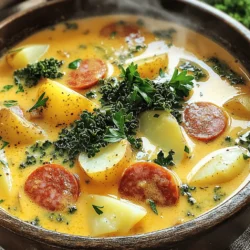 To make Kielbasa Potato Soup, you need a few key ingredients. Each one adds great flavor. Here’s the complete list: - 1 pound kielbasa, sliced into rounds - 4 medium potatoes, peeled and cubed - 1 large onion, finely chopped - 3 cloves garlic, minced - 4 cups low-sodium chicken broth - 1 cup heavy cream - 1 cup corn kernels (can be fresh, frozen, or canned) - 2 cups kale or spinach, roughly chopped - 2 tablespoons olive oil - 1 teaspoon smoked paprika - 1/2 teaspoon dried thyme - Salt and black pepper, to taste - Fresh parsley, chopped (for garnish) 1. Kielbasa: This sausage gives rich, smoky flavor. You can swap it with turkey kielbasa for a lighter option. 2. Potatoes: Use russet or Yukon gold potatoes. They add creaminess. You can also use sweet potatoes for a twist. 3. Onion and Garlic: These aromatics add depth. Always chop them finely for even cooking. 4. Chicken Broth: Low-sodium broth is best. You can use vegetable broth for a vegetarian version. 5. Heavy Cream: This makes the soup rich and creamy. You can use half-and-half for a lighter texture. 6. Corn: Fresh corn is sweet and bright. Frozen or canned corn works too. Just drain canned corn well. 7. Kale or Spinach: These greens add color and nutrients. You can also use Swiss chard or collard greens if you like. 8. Olive Oil: This oil is perfect for sautéing. You can substitute with butter for a richer taste. 9. Spices: Smoked paprika adds warmth. Dried thyme gives a herby note. Adjust these to your taste. 10. Seasoning: Salt and black pepper help enhance flavors. Always taste your soup before serving. 11. Fresh Parsley: This garnish adds a pop of color and freshness. You can use chives or green onions as alternatives. Using fresh ingredients can enhance the taste of your soup. However, frozen ones are convenient and still nutritious. For best results: - Potatoes: Always use fresh for the best texture. - Corn: Fresh is great, but frozen works well and saves time. - Greens: Fresh greens wilt nicely, but frozen can be handy when fresh isn’t available. With this list, you're ready to make a hearty and comforting bowl of Kielbasa Potato Soup. To see the full steps, check the Full Recipe. To start, gather your ingredients. This makes cooking easier. You will need: - 1 pound kielbasa, sliced into rounds - 4 medium potatoes, peeled and cubed - 1 large onion, finely chopped - 3 cloves garlic, minced - 4 cups low-sodium chicken broth - 1 cup heavy cream - 1 cup corn kernels - 2 cups kale or spinach, roughly chopped - 2 tablespoons olive oil - 1 teaspoon smoked paprika - 1/2 teaspoon dried thyme - Salt and black pepper, to taste - Fresh parsley, chopped (for garnish) Next, chop the onion and potatoes. Mince the garlic. Slice the kielbasa into rounds. This prep helps the soup cook evenly. For browning the kielbasa, heat olive oil in a large pot over medium heat. Add the kielbasa and cook for 5-7 minutes. You want it to be golden and crisp. This step adds great flavor to your soup. Use a slotted spoon to remove the kielbasa and set it aside. Keep the drippings in the pot. Now, let’s make the soup. In the same pot, add the chopped onion. Sauté it for 3-4 minutes until it is soft. Next, add the minced garlic and cook for 1 more minute. Be careful not to burn the garlic. Then, add the cubed potatoes, smoked paprika, and dried thyme. Stir everything well for 2 minutes. This lets the spices bloom and adds depth to the soup. Pour in the chicken broth and raise the heat to a boil. Once it boils, lower the heat and let it simmer for 15-20 minutes. You want the potatoes to be fork-tender. After the potatoes are tender, mix in the corn and return the kielbasa to the pot. Heat everything for another 5 minutes. Next, gradually stir in the heavy cream and add the chopped kale or spinach. Cook for another 2-3 minutes until the greens wilt. Finally, taste the soup. Add salt and black pepper as needed. This is your chance to adjust the flavors. While cooking, be careful with hot liquids. Use oven mitts when handling pots. When serving, let the soup cool a bit. This prevents burns. Always supervise kids around hot stoves or pots. To make your Kielbasa Potato Soup even tastier, consider adding herbs like rosemary or oregano. These herbs bring depth to the dish. You can also try spices like cayenne for some heat or dill for a fresh taste. If you want a creamier soup, add more heavy cream or use half-and-half. For a lighter option, swap some cream with more chicken broth. Adjust the richness to your taste. For even cooking, use a heavy-bottomed pot, like a Dutch oven. This type of pot holds heat well and helps prevent burning. A good wooden spoon works great for stirring, as does a ladle for serving. Make sure to have a sharp knife for chopping the vegetables. A cutting board is essential for prep work. One common mistake is not browning the kielbasa enough. This step adds flavor, so don’t rush it. Another pitfall is adding too much liquid too soon. If your soup turns out too thick, add more chicken broth or water gradually. Stir well after each addition. If it’s too thin, simmer it longer to thicken. For more detailed steps, check the Full Recipe for guidance. {{image_4}} You can switch up the sausage for a lighter option. Try turkey kielbasa for less fat. It still brings great flavor. If you want a meat-free meal, use plant-based sausage. You can also skip the cream. Almond or coconut milk works well for a dairy-free soup. Adding different vegetables can change the soup's taste. Try carrots or celery for crunch. You can also mix in some bell peppers for a sweet touch. For spices, a pinch of cayenne adds heat. A sprinkle of fresh herbs like dill or chives brightens the dish. Top your soup with crispy bacon bits or shredded cheese for extra richness. In Poland, they often add sauerkraut for a tangy twist. In the American South, folks might throw in okra for a unique flavor. You can also stir in local ingredients. If you have fresh corn or tomatoes, add them in season for a fresh taste. Each region has its own take, making this soup a true global delight. To store leftover Kielbasa Potato Soup, cool it completely first. Then, place it in an airtight container. You can keep it in the fridge for up to 3 days. If you want to store it longer, freeze it in a freezer-safe container. It stays fresh for about 2-3 months in the freezer. When freezing, leave some space at the top to allow for expansion. When reheating, the best method is to use the stove. Pour the soup into a pot over medium heat. Stir often to prevent it from sticking. You can also use a microwave, but heat it in short bursts. Stir in between to make sure it warms evenly. If the soup smells sour or has an off color, it has gone bad. Always check before eating. To make cooking easier on busy days, prep your ingredients ahead of time. Chop the onions and garlic and store them in the fridge. Peel and cube the potatoes, then place them in water to keep them from browning. You can also slice the kielbasa and store it in a container. For meal prep, this soup pairs well with a simple salad or crusty bread. These easy side dishes complement the soup nicely and save you time. If you don’t have kielbasa, you can use other sausages. Turkey sausage works well. Chicken sausage offers a lighter option. For a vegetarian choice, try smoked tofu or tempeh. These options still give you great flavor. Yes, you can adapt this recipe for a slow cooker. Start by browning the kielbasa in a pan. Then add it to the slow cooker with the potatoes, onions, garlic, broth, and spices. Cook on low for 6-8 hours or high for 3-4 hours. Add cream and greens 30 minutes before serving. This soup is mild, perfect for most tastes. If you want more heat, add red pepper flakes or hot sauce. Start with a small amount and taste as you go. You can always add more, but it is hard to take it out. Absolutely! You can add carrots for sweetness or celery for crunch. Peas or green beans also fit well. Just chop them small and add them with the potatoes. Feel free to get creative with your favorite veggies! Kielbasa Potato Soup is hearty, tasty, and fun to make. We covered each ingredient and how to prepare them. You learned the cooking steps and some safety tips. With these tips, you can boost flavor and avoid common mistakes. You also saw how to change up the recipe and store leftovers. Whether it’s your first time or you’re a pro, I hope you enjoy making this soup! Happy cooking, and enjoy your warm bowl of goodness.
