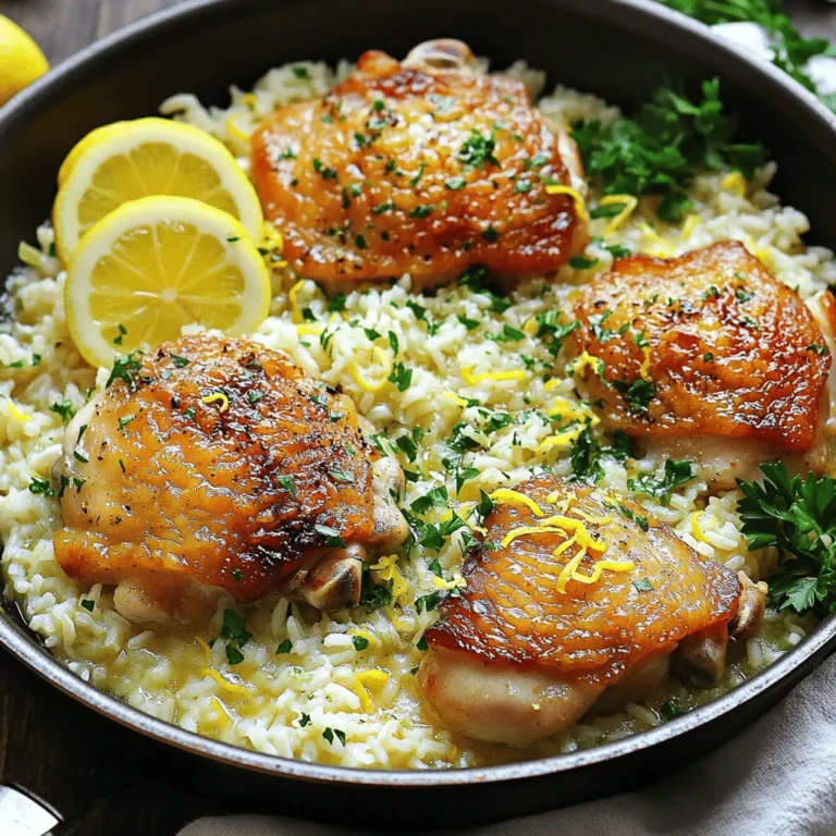 To make this dish, you need simple yet flavorful ingredients. Here’s the list: - 4 boneless, skinless chicken thighs - 1 cup long-grain white rice - 2 cups chicken broth - 1 medium onion, finely chopped - 3 cloves garlic, minced - Zest and juice of 1 lemon - 1 teaspoon dried oregano - 1 teaspoon dried thyme - 1 tablespoon olive oil - Salt and pepper to taste - Fresh parsley, chopped (for garnish) These ingredients combine to create a bright and savory taste that everyone will love. Want to elevate the dish even more? Here are a few optional ingredients you can add: - 1 cup of mixed vegetables (like peas or carrots) - A pinch of red pepper flakes for heat - A splash of white wine for depth Adding these optional ingredients can give your meal extra layers of flavor and texture. Don't have something on hand? No problem! Here are some easy substitutes: - Chicken thighs can be swapped for chicken breasts if you prefer leaner meat. - Long-grain rice can be replaced with jasmine or basmati rice for a different aroma. - Chicken broth can be exchanged with vegetable broth if you want a lighter taste. - Fresh parsley can be switched with cilantro for a fresh twist. These substitutions allow you to customize the dish based on what you have in your kitchen. You can find the full recipe to guide your cooking adventure! Start by warming the olive oil in a large skillet over medium-high heat. While the oil heats, season the chicken thighs. Use salt, pepper, oregano, and thyme. Coat both sides well to enhance the flavor. This step is key for tasty chicken. Once the oil shimmers, add the seasoned chicken to the skillet. Sear each side for about 5-6 minutes. Look for a golden-brown color; this adds a nice crust. After browning, take the chicken out and set it aside. This keeps it juicy and tender. In the same skillet, add the chopped onion. Sauté for 3-4 minutes until it softens and turns translucent. Then, add minced garlic. Cook for another minute, stirring often to avoid burning. After this, stir in the rice. Let it sauté for 2 minutes to soak up the flavors. Pour in the chicken broth, lemon zest, and lemon juice. Stir until everything mixes well. Now, gently nestle the chicken back into the skillet. Make sure it sits in the rice mixture. Bring the dish to a gentle simmer and watch for bubbles. Cover the skillet tightly and lower the heat. Cook for 20-25 minutes until the rice is tender and absorbs most of the liquid. When done, take it off the heat and let it rest for 5 minutes. Fluff the rice with a fork and sprinkle fresh parsley on top for color. This adds a lovely finish to your meal. For the full recipe, check the earlier section. To get fluffy rice, start with rinsing it well under cold water. This step removes extra starch and helps prevent stickiness. Use a 2:1 ratio of chicken broth to rice. This adds flavor and moisture. When you add the rice to the skillet, let it sauté for a couple of minutes. This helps it absorb the tasty oils and flavors before adding the broth. Once you pour in the broth, stir gently, then let it simmer undisturbed until done. Seasoning is key to tasty chicken. I recommend using salt and pepper first. Then, sprinkle on dried oregano and thyme for a herbaceous kick. The lemon zest adds a bright flavor, making your chicken pop. For more depth, you can also add garlic powder or smoked paprika. Season both sides of the chicken. This ensures every bite is full of flavor. For this dish, a large skillet works best. A non-stick skillet helps keep everything from sticking and makes cleanup easier. Make sure it has a tight-fitting lid to trap steam. This steam helps cook the rice evenly. A wooden spoon or spatula is great for stirring. If you want to serve right from the pan, choose one that looks nice on the table. With the right tools, cooking becomes a joy. Check out the Full Recipe for more tips! {{image_4}} You can add veggies to the dish for more color and nutrition. Good choices include carrots, bell peppers, or peas. Simply chop the vegetables into small pieces. Add them to the skillet when you sauté the onion. Cook them until they are tender. This adds flavor and makes your meal more balanced. If you like heat, add some spice! Mix in red pepper flakes or cayenne pepper. Start with a pinch and taste as you go. You can also use hot sauce. Add it to the chicken broth for a spicy kick. This twist gives your dish a fun and bold flavor. For a gluten-free version, swap the rice. Use quinoa or cauliflower rice instead. Both work well and keep the dish light. Just adjust the cooking time based on what you choose. This way, you can enjoy a tasty meal without gluten. For the full recipe, check out the One-Pan Lemon Herb Chicken and Rice. After you enjoy your meal, store any leftover chicken and rice in an airtight container. Make sure to let it cool first. You can keep it in the fridge for up to three days. If you want to keep it longer, freezing is a great option. When you want to reheat the dish, place it in a skillet over medium heat. Add a splash of chicken broth or water to keep it moist. Stir frequently until heated through. You can also microwave it. Just cover the dish and heat in short bursts, stirring in between. To freeze, portion the chicken and rice into freezer-safe bags or containers. Release as much air as you can before sealing. It can last up to three months in the freezer. When you're ready to eat, thaw it overnight in the fridge. Reheat it as mentioned above for the best taste. Enjoy your One-Pan Lemon Herb Chicken and Rice even days later with these simple storage tips! Yes, you can use brown rice. However, brown rice needs more time to cook. It typically takes about 40-45 minutes to become tender. Adjust the liquid amount to 2.5 cups of broth for brown rice. This will ensure your dish remains moist and flavorful. The total cooking time is around 40 minutes. This includes about 10 minutes of prep and 20-25 minutes of cooking. The rice should absorb most of the broth and flavors from the chicken. This dish pairs well with a fresh salad or steamed vegetables. Consider adding a side of roasted broccoli or green beans for extra crunch. You can also serve it with a slice of crusty bread to soak up the delicious juices. Absolutely! One-Pan Lemon Herb Chicken and Rice is great for meal prep. You can store it in airtight containers for up to four days in the fridge. Reheat it in the microwave or on the stove for a quick, tasty meal. For best results, add a splash of broth when reheating to keep it moist. For the full recipe, check out the detailed instructions. This one-pan lemon herb chicken and rice recipe offers simple steps and great flavor. You learned about key ingredients and helpful tips to perfect your dish. Don’t forget the variations and storage tips to enjoy your meal longer. Cooking can be easy and fun. Try this recipe to impress your family or friends. Enjoy the fresh tastes and ease of one-pan cooking!