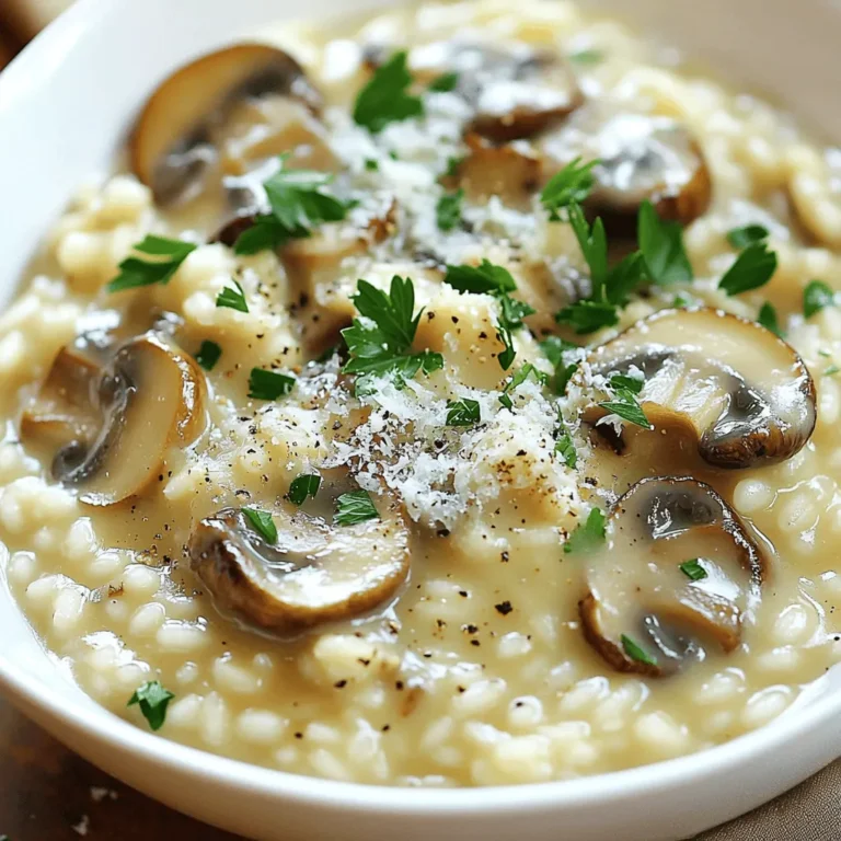 To make creamy mushroom risotto, gather these ingredients: - 1 cup Arborio rice - 4 cups vegetable broth - 2 cups assorted mushrooms (such as cremini, shiitake, and button), sliced - 1 small onion, finely chopped - 2 cloves garlic, minced - ½ cup heavy cream - ½ cup finely grated Parmesan cheese - 2 tablespoons extra virgin olive oil - 2 tablespoons unsalted butter - Salt and freshly ground black pepper to taste - Fresh parsley, chopped (for garnish) Choosing the right ingredients is vital for great risotto. Arborio rice is a must. It absorbs liquid and gives that creamy texture. You can mix mushroom types for depth of flavor. Fresh mushrooms taste best and add a nice texture. Use a good-quality vegetable broth. It enhances the overall taste of the dish. Heavy cream brings richness, while Parmesan adds a salty kick. Always pick fresh ingredients. Look for mushrooms that are firm and dry. Avoid any that look slimy or shriveled. The onion should feel heavy for its size. Fresh garlic is also key; it should be firm and free of sprouts. Lastly, check the cream and cheese for freshness. High-quality ingredients make your risotto shine. If you want to explore more, check the Full Recipe for additional tips. Start by gathering all your ingredients. You'll need Arborio rice, assorted mushrooms, onion, garlic, heavy cream, Parmesan cheese, olive oil, and butter. Have your vegetable broth warming on the stove. This makes the cooking easier. Next, finely chop your onion and mince the garlic. Slice the mushrooms, making sure they are all roughly the same size. This helps them cook evenly. Heat the olive oil and butter in a large skillet over medium heat. Add the chopped onion and cook for about five minutes. You want it soft and clear. Then, add the minced garlic and sliced mushrooms. Stir for about eight minutes, until the mushrooms are tender and golden. Now, add the Arborio rice to the skillet. Stir it for one to two minutes. You want the rice to get a bit toasty. This step is key for flavor. Begin adding the warm vegetable broth, one ladle at a time. Keep stirring! Wait until most of the broth is absorbed before adding more. This should take around 18 to 20 minutes. The rice should be creamy but still firm. Once the rice is just right, turn down the heat. Stir in the heavy cream and the remaining tablespoon of butter. Mix until everything is creamy and smooth. Remove the skillet from the heat. Fold in the grated Parmesan cheese. This adds a nice cheesy flavor. Taste your risotto and add salt and pepper if needed. Let the risotto sit for a few minutes. This helps it thicken a bit. When ready to serve, ladle it into bowls and top with fresh parsley and extra Parmesan. Enjoy this delicious creamy mushroom risotto! For the complete recipe, check out the Full Recipe. To make your risotto creamy, use Arborio rice. This rice has a higher starch content, which gives risotto its rich texture. Always add warm broth gradually. Stir often to help release the starch. When the rice is nearly done, stir in heavy cream and butter. This final touch boosts creaminess. One common mistake is adding too much broth at once. This can lead to uneven cooking. Avoid using cold broth, as it can cool down the rice and disrupt cooking. Don't rush the stirring process. Stirring helps the rice release its starch, making it creamy. Lastly, watch the heat. Too high can burn the rice, while too low can make it mushy. Use a large skillet for even cooking. A wooden spoon is best for stirring because it won't scratch the pan. A ladle helps add broth slowly. A thermometer can ensure your broth is at the right temperature. Finally, a good knife is key for chopping ingredients like mushrooms and onions. For the full recipe, check out the [Full Recipe]. {{image_4}} You can easily add protein to your creamy mushroom risotto. Chicken or shrimp work well. Simply sauté them in the skillet before adding the onions. For a vegetarian twist, add tofu or chickpeas. These choices boost nutrition and flavor. To elevate the taste, consider adding herbs or spices. Fresh thyme or rosemary adds a lovely depth. A splash of white wine enhances the dish's richness. You can also try a touch of truffle oil for a gourmet flair. These options make each bite exciting and unique. Seasonal vegetables can transform your risotto. In spring, add peas or asparagus for a fresh taste. Summer brings zucchini and corn, while fall calls for pumpkin or butternut squash. Winter is perfect for kale or spinach. Each season offers its own bounty, making your risotto vibrant and colorful. For the full recipe, check out the Creamy Mushroom Risotto Delight. After enjoying your creamy mushroom risotto, let it cool down. Place it in an airtight container. Store it in the fridge. It will stay fresh for about three days. Keep it away from strong-smelling foods to avoid flavor transfer. When you're ready to eat the leftovers, take them out. Add a splash of broth or water to the risotto. This helps bring back the creaminess. Heat it gently in a saucepan over low heat. Stir often until it is warm. You can also use a microwave. Just heat it in short bursts, stirring in between. If you want to save risotto for later, freezing is a good option. First, let the dish cool completely. Then, scoop portions into freezer-safe bags. Remove as much air as possible before sealing. Label the bags with the date. You can freeze it for up to three months. When ready to eat, thaw in the fridge overnight and reheat as mentioned above. For the full recipe, check the earlier section. Risotto stays fresh in the fridge for about 3 to 4 days. Make sure to store it in an airtight container. This keeps it from drying out and helps keep the flavor. When you reheat it, add a little broth or water to bring back its creamy texture. You can use brown rice, but the texture will change. Brown rice takes longer to cook and won’t be as creamy. Arborio rice has more starch, which gives risotto its classic creamy feel. If you decide to use brown rice, be ready for a chewier bite and a longer cooking time. You can add many tasty ingredients to make your risotto unique. Here are some ideas: - Cooked chicken or shrimp for protein - Peas or spinach for color and nutrition - Fresh herbs like thyme or rosemary for depth of flavor - A splash of white wine for acidity and brightness Feel free to get creative and mix in what you love. You can find the full recipe for creamy mushroom risotto in the earlier sections! In this blog post, we explored key ingredients for tasty risotto. We covered preparation, cooking steps, and helpful tips to avoid mistakes. You learned how to achieve creaminess and the best tools to use. Seasonal variations add excitement, and knowing how to store leftovers extends enjoyment. Remember, fresh ingredients make all the difference. Use the guidelines for reheating and freezing. Experiment with flavors and enjoy every bite. Making risotto can be fun and rewarding!