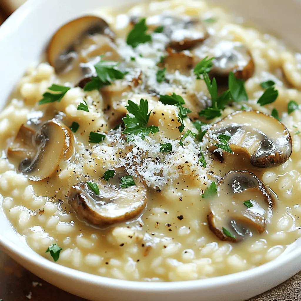 To make creamy mushroom risotto, gather these ingredients: - 1 cup Arborio rice - 4 cups vegetable broth - 2 cups assorted mushrooms (such as cremini, shiitake, and button), sliced - 1 small onion, finely chopped - 2 cloves garlic, minced - ½ cup heavy cream - ½ cup finely grated Parmesan cheese - 2 tablespoons extra virgin olive oil - 2 tablespoons unsalted butter - Salt and freshly ground black pepper to taste - Fresh parsley, chopped (for garnish) Choosing the right ingredients is vital for great risotto. Arborio rice is a must. It absorbs liquid and gives that creamy texture. You can mix mushroom types for depth of flavor. Fresh mushrooms taste best and add a nice texture. Use a good-quality vegetable broth. It enhances the overall taste of the dish. Heavy cream brings richness, while Parmesan adds a salty kick. Always pick fresh ingredients. Look for mushrooms that are firm and dry. Avoid any that look slimy or shriveled. The onion should feel heavy for its size. Fresh garlic is also key; it should be firm and free of sprouts. Lastly, check the cream and cheese for freshness. High-quality ingredients make your risotto shine. If you want to explore more, check the Full Recipe for additional tips. Start by gathering all your ingredients. You'll need Arborio rice, assorted mushrooms, onion, garlic, heavy cream, Parmesan cheese, olive oil, and butter. Have your vegetable broth warming on the stove. This makes the cooking easier. Next, finely chop your onion and mince the garlic. Slice the mushrooms, making sure they are all roughly the same size. This helps them cook evenly. Heat the olive oil and butter in a large skillet over medium heat. Add the chopped onion and cook for about five minutes. You want it soft and clear. Then, add the minced garlic and sliced mushrooms. Stir for about eight minutes, until the mushrooms are tender and golden. Now, add the Arborio rice to the skillet. Stir it for one to two minutes. You want the rice to get a bit toasty. This step is key for flavor. Begin adding the warm vegetable broth, one ladle at a time. Keep stirring! Wait until most of the broth is absorbed before adding more. This should take around 18 to 20 minutes. The rice should be creamy but still firm. Once the rice is just right, turn down the heat. Stir in the heavy cream and the remaining tablespoon of butter. Mix until everything is creamy and smooth. Remove the skillet from the heat. Fold in the grated Parmesan cheese. This adds a nice cheesy flavor. Taste your risotto and add salt and pepper if needed. Let the risotto sit for a few minutes. This helps it thicken a bit. When ready to serve, ladle it into bowls and top with fresh parsley and extra Parmesan. Enjoy this delicious creamy mushroom risotto! For the complete recipe, check out the Full Recipe. To make your risotto creamy, use Arborio rice. This rice has a higher starch content, which gives risotto its rich texture. Always add warm broth gradually. Stir often to help release the starch. When the rice is nearly done, stir in heavy cream and butter. This final touch boosts creaminess. One common mistake is adding too much broth at once. This can lead to uneven cooking. Avoid using cold broth, as it can cool down the rice and disrupt cooking. Don't rush the stirring process. Stirring helps the rice release its starch, making it creamy. Lastly, watch the heat. Too high can burn the rice, while too low can make it mushy. Use a large skillet for even cooking. A wooden spoon is best for stirring because it won't scratch the pan. A ladle helps add broth slowly. A thermometer can ensure your broth is at the right temperature. Finally, a good knife is key for chopping ingredients like mushrooms and onions. For the full recipe, check out the [Full Recipe]. {{image_4}} You can easily add protein to your creamy mushroom risotto. Chicken or shrimp work well. Simply sauté them in the skillet before adding the onions. For a vegetarian twist, add tofu or chickpeas. These choices boost nutrition and flavor. To elevate the taste, consider adding herbs or spices. Fresh thyme or rosemary adds a lovely depth. A splash of white wine enhances the dish's richness. You can also try a touch of truffle oil for a gourmet flair. These options make each bite exciting and unique. Seasonal vegetables can transform your risotto. In spring, add peas or asparagus for a fresh taste. Summer brings zucchini and corn, while fall calls for pumpkin or butternut squash. Winter is perfect for kale or spinach. Each season offers its own bounty, making your risotto vibrant and colorful. For the full recipe, check out the Creamy Mushroom Risotto Delight. After enjoying your creamy mushroom risotto, let it cool down. Place it in an airtight container. Store it in the fridge. It will stay fresh for about three days. Keep it away from strong-smelling foods to avoid flavor transfer. When you're ready to eat the leftovers, take them out. Add a splash of broth or water to the risotto. This helps bring back the creaminess. Heat it gently in a saucepan over low heat. Stir often until it is warm. You can also use a microwave. Just heat it in short bursts, stirring in between. If you want to save risotto for later, freezing is a good option. First, let the dish cool completely. Then, scoop portions into freezer-safe bags. Remove as much air as possible before sealing. Label the bags with the date. You can freeze it for up to three months. When ready to eat, thaw in the fridge overnight and reheat as mentioned above. For the full recipe, check the earlier section. Risotto stays fresh in the fridge for about 3 to 4 days. Make sure to store it in an airtight container. This keeps it from drying out and helps keep the flavor. When you reheat it, add a little broth or water to bring back its creamy texture. You can use brown rice, but the texture will change. Brown rice takes longer to cook and won’t be as creamy. Arborio rice has more starch, which gives risotto its classic creamy feel. If you decide to use brown rice, be ready for a chewier bite and a longer cooking time. You can add many tasty ingredients to make your risotto unique. Here are some ideas: - Cooked chicken or shrimp for protein - Peas or spinach for color and nutrition - Fresh herbs like thyme or rosemary for depth of flavor - A splash of white wine for acidity and brightness Feel free to get creative and mix in what you love. You can find the full recipe for creamy mushroom risotto in the earlier sections! In this blog post, we explored key ingredients for tasty risotto. We covered preparation, cooking steps, and helpful tips to avoid mistakes. You learned how to achieve creaminess and the best tools to use. Seasonal variations add excitement, and knowing how to store leftovers extends enjoyment. Remember, fresh ingredients make all the difference. Use the guidelines for reheating and freezing. Experiment with flavors and enjoy every bite. Making risotto can be fun and rewarding!