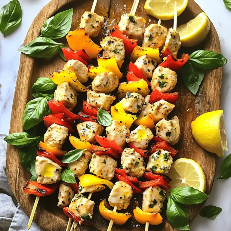 To make lemon basil chicken skewers, gather these ingredients: - 1 lb (450g) boneless chicken breast, cut into 1-inch cubes - 2 tablespoons extra virgin olive oil - Juice and zest of 1 large lemon - 1/4 cup fresh basil leaves, finely chopped - 3 cloves garlic, finely minced - 1 teaspoon honey, preferably local - Salt and freshly ground black pepper, to taste - 1 red bell pepper, cut into 1-inch pieces - 1 yellow bell pepper, cut into 1-inch pieces - Bamboo or metal skewers (if using bamboo, soak in water for 30 minutes prior to use) You can add a few optional ingredients to enhance the taste: - Cherry tomatoes for sweetness - Red onion for a bit of sharpness - Zucchini slices for more veggies - A dash of chili flakes for heat Quality matters when choosing ingredients. Here are some tips: - Select fresh, organic chicken for the best flavor and texture. - Look for ripe, juicy lemons. They should feel heavy for their size. - Use fresh basil, as dried basil won’t give the same bright taste. - Choose high-quality olive oil, as it adds richness to the marinade. - Freshly minced garlic gives a stronger flavor than pre-minced. Using these quality ingredients will make your lemon basil chicken skewers shine. For a detailed guide, check the Full Recipe. To start, gather your ingredients. In a large bowl, mix together the olive oil, lemon juice, and zest. This creates a bright and tangy base. Next, add the finely chopped basil and minced garlic. The fresh basil brings a lovely aroma. Stir in a teaspoon of honey for a hint of sweetness. Don’t forget a pinch of salt and pepper to taste. This marinade is the key to juicy chicken. Now, take your cubed chicken breast and add it to the marinade. Make sure each piece gets coated well. This is where the flavor seeps in. Cover the bowl with plastic wrap. Place it in the fridge for at least 30 minutes. For even better taste, let it marinate for up to 2 hours. The longer it sits, the better it gets! Once your chicken is ready, it’s time to skewer. First, grab your skewers. If you use bamboo ones, soak them in water for 30 minutes. This helps prevent burning. Now, take the marinated chicken and thread it onto the skewers. Alternate the chicken with pieces of red and yellow bell pepper. This adds color and sweetness. Aim for a fun and vibrant look. Each skewer should be packed, but not too tight. This allows even cooking. For the full recipe, check [Full Recipe]. Preheating your grill is key. I like to set my grill to medium-high heat. This ensures the grill is hot enough for perfect cooking. Let it heat for about 10 minutes. If you see smoke, it means it’s ready. A good grill gets nice grill marks on the chicken. Now, it's time to grill those skewers! Carefully place them on the hot grill. Cook each side for about 3 to 4 minutes. I recommend using tongs to turn them. This helps avoid burning and keeps them juicy. You want the chicken to reach a safe temperature of 165°F (75°C). This is important for health and taste! Checking for doneness is simple. Use a meat thermometer to check the chicken. If it reads 165°F (75°C), your skewers are done! If you don’t have a thermometer, cut into a piece of chicken. It should be white inside, not pink. After cooking, let the skewers rest for a few minutes. This helps the juices settle, making each bite even better. For the full recipe, check the instructions provided earlier. {{image_4}} To get the best taste, marinate the chicken well. Use a big bowl for the marinade. Whisk the olive oil, lemon juice, and zest together. Add the basil, garlic, honey, salt, and pepper. Mix until smooth. Then, add the chicken cubes. Make sure each piece is coated. Cover the bowl and put it in the fridge. For great flavor, let it marinate for at least 30 minutes. You can even let it sit for two hours if you want more zest. Preheat your grill to medium-high heat. This step is key for nice grill marks. When grilling, cook the skewers for about 10-12 minutes. Turn them often to cook evenly. Check the chicken’s internal temperature with a meat thermometer. It should reach 165°F (75°C) for safety. After grilling, let the skewers rest for a few minutes. This helps juicy flavors stay in the chicken, making each bite tender. For a vibrant look, arrange the skewers on a big platter. Add fresh lemon wedges to brighten the dish. You can also sprinkle more basil on top for a nice touch. For extra flavor, serve with a yogurt dip or tzatziki. This adds a cool contrast to the warm chicken. These tips will make your lemon basil chicken skewers a hit! For the full recipe, check the earlier sections. You can swap chicken for shrimp or tofu. Shrimp cooks quickly and adds a nice flavor. Use large shrimp, and marinate them like the chicken. For tofu, use firm or extra-firm. Press it to remove water, then cut it into cubes. Marinate just like the chicken. Both options make the dish fresh and fun. For a veggie-only option, skip the meat. Use a mix of colorful veggies. Bell peppers, zucchini, mushrooms, and cherry tomatoes work well. Cut them into similar sizes for even cooking. Marinate the veggies in the same lemon basil mix for great flavor. Thread them onto skewers and grill until they're tender. This way, everyone can enjoy this tasty dish! Feel free to get creative with the marinade. Try adding soy sauce for a savory twist. Or mix in some ginger for a zingy kick. You can also use balsamic vinegar to add depth. Each tweak offers a new taste experience. Just keep the lemon and basil for that signature flavor. Check out the Full Recipe for more ideas to inspire your cooking. After enjoying your lemon basil chicken skewers, store any leftovers right away. Place them in an airtight container. This keeps the chicken fresh and tasty. Try to cool the skewers before sealing them. They will stay good in the fridge for up to three days. If you need longer storage, consider freezing them. To reheat your skewers, use an oven or a skillet. This method helps keep the chicken juicy. Preheat your oven to 350°F (175°C). Place the skewers on a baking sheet lined with foil. Heat for about 10-15 minutes. If using a skillet, add a splash of water and cover it. Heat over medium until warmed through. Avoid using a microwave, as it may dry out the chicken. For long-term storage, freezing is a great option. Wrap each skewer tightly in plastic wrap. Then, place them in a freezer bag. Be sure to remove as much air as possible. These skewers can last up to three months in the freezer. When you're ready to eat, thaw them overnight in the fridge. Then, follow the reheating instructions for best results. Today, we covered how to make great skewers from start to finish. We discussed key ingredients and marinating tips for deep flavor. Cooking methods ensure your skewers are tasty and safe to eat. Plus, we explored fun variations and how to store leftovers properly. Using these steps, you can create delicious skewers that please everyone. Adopt these tips and enjoy great meals. Cooking can be simple and joyful!