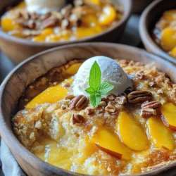 - 2 cans of sliced peaches in syrup - Yellow cake mix - Unsalted butter (melted) The main ingredients create the heart of your peach cobbler dump cake. The peaches offer sweetness and juiciness. Choose canned peaches for ease. The yellow cake mix acts as the base, giving that soft, cake-like texture. The melted unsalted butter adds richness and binds everything together. - Ground cinnamon - Ground nutmeg - Brown sugar Spices and sugar elevate the flavors. Ground cinnamon adds warmth and enhances the peach's sweetness. A pinch of nutmeg gives a hint of spice. Brown sugar adds depth and a slight caramel flavor, making each bite delightful. Mixing these will ensure an even spread of flavor. - Chopped pecans - Vanilla ice cream for serving Chopped pecans add a nice crunch. They contrast well with the soft cake. You can sprinkle them on top for extra texture. Vanilla ice cream is a perfect companion. It melts into the warm cake, creating a creamy delight. For the full recipe, check out the detailed steps. 1. Preheat your oven to 350°F (175°C). This step is key for even baking. 2. Grab a 9x13 inch baking dish. This size works best for your dump cake. 1. Drain the peaches well. Spread them evenly in the baking dish. This creates a juicy base. 2. In a bowl, mix the ground cinnamon, nutmeg, and brown sugar. This blend adds warmth and sweetness. 3. Sprinkle this mix evenly over the peaches. Don't rush this step; it makes a big difference. 1. Open the yellow cake mix and pour it over the peaches. Do not stir; let the cake mix sit on top. 2. Melt the butter and drizzle it over the cake mix. Cover every corner for great flavor. 3. If you want, add chopped pecans on top. They give a nice crunch and flavor. 4. Place the dish in the oven. Bake for 40-45 minutes. The top should be golden brown and bubbly. 5. Once done, let it cool for about 10 minutes. This helps set the layers for easy serving. 6. Serve warm, and don’t forget the vanilla ice cream on top! It makes this dessert even better. For the full recipe, check out the link provided. To avoid dry cake mix layers, make sure the butter soaks into the mix. Drizzle the melted butter evenly over the cake mix. This helps keep it moist. You can also add some extra syrup from the peaches if you want more moisture. Cooling time is just as important. Let the dump cake sit for about 10 minutes after baking. This cooling period helps set the layers. If you skip this step, it may fall apart when you serve it. Don't be afraid to experiment with spices. Adding a pinch of ginger or allspice can bring new life to your dessert. You can also try adding a splash of vanilla extract to the peaches for extra flavor. For toppings, think beyond ice cream. Whipped cream is a great choice. You can also use caramel sauce or fresh fruit for a fun twist. Each option adds a different layer of taste. The best pairings for peach cobbler dump cake are ice cream and whipped cream. Ice cream melts into the warm cake, creating a rich treat. Whipped cream offers lightness and a creamy texture. For presentation, serve the dump cake in rustic bowls. A sprinkle of powdered sugar or a sprig of mint adds a nice touch. You want your dessert to look as good as it tastes. Check out the Full Recipe for more tips and tricks! {{image_4}} You can swap canned peaches for fresh peaches for a more vibrant taste. Just peel and slice them. Use about six medium peaches for this change. If you need a gluten-free option, choose a gluten-free cake mix. Many brands offer simple swaps that taste great. You can add berries like blueberries or raspberries for a fruity twist. Mixing in other fruits like cherries or apples can also create new flavors. Experiment with different nuts too. Almonds or walnuts can change the texture and taste. In fall, try adding spices like cinnamon and nutmeg. You can also mix in chopped apples for a cozy touch. For summer, use fresh berries or even peaches for a bright, seasonal feel. Each variation keeps the dish fresh and fun! For the full recipe, check out the Peachy Bliss Dump Cake . To keep your peach cobbler dump cake fresh, place it in an airtight container. A glass or plastic container will work well. Ensure the lid seals tightly to avoid air exposure. You can store it in the fridge for up to five days. If you want to extend its life, freezing is a great option. To freeze your dump cake, let it cool completely first. Cut it into portions for easy serving later. Wrap each piece tightly in plastic wrap, then place it in a freezer bag. This prevents freezer burn. You can freeze it for up to three months. When you're ready to enjoy it, simply remove it from the freezer. Thaw the cake overnight in the fridge for the best results. If you're short on time, you can thaw it at room temperature for a few hours. Avoid using the microwave for thawing, as it may change the texture. To reheat, the oven is best for keeping the texture nice. Preheat your oven to 350°F (175°C). Place the cake in an oven-safe dish and cover it with foil. Heat for 15-20 minutes until warm. For a quick option, you can use the microwave. Place a slice on a microwave-safe plate. Heat it for 30 seconds to 1 minute, checking often to avoid overheating. These simple storage tips will help you enjoy your peach cobbler dump cake again and again! For the full recipe, check out the [Full Recipe]. Yes, you can use fresh peaches. Fresh peaches give a brighter flavor. You will need about 4-5 ripe peaches. Peel and slice them before use. Fresh peaches may need a bit more sugar. They are less sweet than canned peaches. This change can enhance the dish's overall taste. The dump cake lasts about 3-5 days in the fridge. Store it in an airtight container. Make sure it cools completely before covering. This will help keep moisture out. If you find it gets dry, add a scoop of ice cream. It’s a tasty way to revive it. Yes, this recipe can be gluten-free. Use a gluten-free yellow cake mix. Many brands offer great options now. Make sure to check labels for gluten-free status. You can also use almond flour or coconut flour. These options give a unique flavor and texture. This blog post shared how to make a peach dump cake. You learned about the main ingredients and optional additions. I provided step-by-step instructions for prepping, layering, and baking. Tips helped you achieve the perfect texture and flavor. Variations showed how to switch ingredients for different tastes. Finally, I explained storage options to keep leftovers fresh. Enjoy making this easy dessert that fits many occasions! Happy baking!