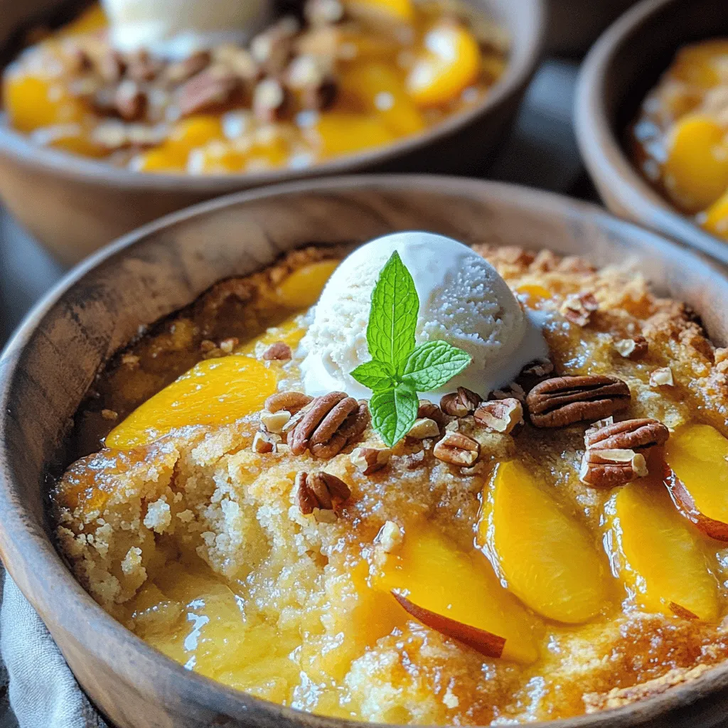 - 2 cans of sliced peaches in syrup - Yellow cake mix - Unsalted butter (melted) The main ingredients create the heart of your peach cobbler dump cake. The peaches offer sweetness and juiciness. Choose canned peaches for ease. The yellow cake mix acts as the base, giving that soft, cake-like texture. The melted unsalted butter adds richness and binds everything together. - Ground cinnamon - Ground nutmeg - Brown sugar Spices and sugar elevate the flavors. Ground cinnamon adds warmth and enhances the peach's sweetness. A pinch of nutmeg gives a hint of spice. Brown sugar adds depth and a slight caramel flavor, making each bite delightful. Mixing these will ensure an even spread of flavor. - Chopped pecans - Vanilla ice cream for serving Chopped pecans add a nice crunch. They contrast well with the soft cake. You can sprinkle them on top for extra texture. Vanilla ice cream is a perfect companion. It melts into the warm cake, creating a creamy delight. For the full recipe, check out the detailed steps. 1. Preheat your oven to 350°F (175°C). This step is key for even baking. 2. Grab a 9x13 inch baking dish. This size works best for your dump cake. 1. Drain the peaches well. Spread them evenly in the baking dish. This creates a juicy base. 2. In a bowl, mix the ground cinnamon, nutmeg, and brown sugar. This blend adds warmth and sweetness. 3. Sprinkle this mix evenly over the peaches. Don't rush this step; it makes a big difference. 1. Open the yellow cake mix and pour it over the peaches. Do not stir; let the cake mix sit on top. 2. Melt the butter and drizzle it over the cake mix. Cover every corner for great flavor. 3. If you want, add chopped pecans on top. They give a nice crunch and flavor. 4. Place the dish in the oven. Bake for 40-45 minutes. The top should be golden brown and bubbly. 5. Once done, let it cool for about 10 minutes. This helps set the layers for easy serving. 6. Serve warm, and don’t forget the vanilla ice cream on top! It makes this dessert even better. For the full recipe, check out the link provided. To avoid dry cake mix layers, make sure the butter soaks into the mix. Drizzle the melted butter evenly over the cake mix. This helps keep it moist. You can also add some extra syrup from the peaches if you want more moisture. Cooling time is just as important. Let the dump cake sit for about 10 minutes after baking. This cooling period helps set the layers. If you skip this step, it may fall apart when you serve it. Don't be afraid to experiment with spices. Adding a pinch of ginger or allspice can bring new life to your dessert. You can also try adding a splash of vanilla extract to the peaches for extra flavor. For toppings, think beyond ice cream. Whipped cream is a great choice. You can also use caramel sauce or fresh fruit for a fun twist. Each option adds a different layer of taste. The best pairings for peach cobbler dump cake are ice cream and whipped cream. Ice cream melts into the warm cake, creating a rich treat. Whipped cream offers lightness and a creamy texture. For presentation, serve the dump cake in rustic bowls. A sprinkle of powdered sugar or a sprig of mint adds a nice touch. You want your dessert to look as good as it tastes. Check out the Full Recipe for more tips and tricks! {{image_4}} You can swap canned peaches for fresh peaches for a more vibrant taste. Just peel and slice them. Use about six medium peaches for this change. If you need a gluten-free option, choose a gluten-free cake mix. Many brands offer simple swaps that taste great. You can add berries like blueberries or raspberries for a fruity twist. Mixing in other fruits like cherries or apples can also create new flavors. Experiment with different nuts too. Almonds or walnuts can change the texture and taste. In fall, try adding spices like cinnamon and nutmeg. You can also mix in chopped apples for a cozy touch. For summer, use fresh berries or even peaches for a bright, seasonal feel. Each variation keeps the dish fresh and fun! For the full recipe, check out the Peachy Bliss Dump Cake . To keep your peach cobbler dump cake fresh, place it in an airtight container. A glass or plastic container will work well. Ensure the lid seals tightly to avoid air exposure. You can store it in the fridge for up to five days. If you want to extend its life, freezing is a great option. To freeze your dump cake, let it cool completely first. Cut it into portions for easy serving later. Wrap each piece tightly in plastic wrap, then place it in a freezer bag. This prevents freezer burn. You can freeze it for up to three months. When you're ready to enjoy it, simply remove it from the freezer. Thaw the cake overnight in the fridge for the best results. If you're short on time, you can thaw it at room temperature for a few hours. Avoid using the microwave for thawing, as it may change the texture. To reheat, the oven is best for keeping the texture nice. Preheat your oven to 350°F (175°C). Place the cake in an oven-safe dish and cover it with foil. Heat for 15-20 minutes until warm. For a quick option, you can use the microwave. Place a slice on a microwave-safe plate. Heat it for 30 seconds to 1 minute, checking often to avoid overheating. These simple storage tips will help you enjoy your peach cobbler dump cake again and again! For the full recipe, check out the [Full Recipe]. Yes, you can use fresh peaches. Fresh peaches give a brighter flavor. You will need about 4-5 ripe peaches. Peel and slice them before use. Fresh peaches may need a bit more sugar. They are less sweet than canned peaches. This change can enhance the dish's overall taste. The dump cake lasts about 3-5 days in the fridge. Store it in an airtight container. Make sure it cools completely before covering. This will help keep moisture out. If you find it gets dry, add a scoop of ice cream. It’s a tasty way to revive it. Yes, this recipe can be gluten-free. Use a gluten-free yellow cake mix. Many brands offer great options now. Make sure to check labels for gluten-free status. You can also use almond flour or coconut flour. These options give a unique flavor and texture. This blog post shared how to make a peach dump cake. You learned about the main ingredients and optional additions. I provided step-by-step instructions for prepping, layering, and baking. Tips helped you achieve the perfect texture and flavor. Variations showed how to switch ingredients for different tastes. Finally, I explained storage options to keep leftovers fresh. Enjoy making this easy dessert that fits many occasions! Happy baking!