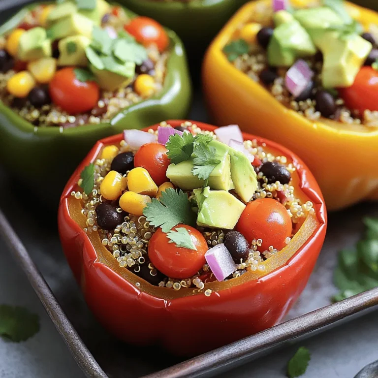 To create these delicious stuffed bell peppers, you need fresh and wholesome ingredients. Here’s what you'll need: - 4 large bell peppers (any color) - 1 cup quinoa, thoroughly rinsed - 2 cups vegetable broth (or water) - 1 (15 oz) can black beans, rinsed and drained - 1 cup corn (choose fresh, frozen, or canned) - 1 small red onion, finely diced - 2 cloves garlic, minced - 1 teaspoon ground cumin - 1 teaspoon smoked paprika - 1 tablespoon extra-virgin olive oil - Salt and freshly ground black pepper to taste - 1 cup cherry tomatoes, halved - 1 ripe avocado, diced (for garnish) - Fresh cilantro or parsley, chopped (for garnish) These ingredients blend together to create a flavorful meal. The quinoa adds protein and texture. The bell peppers serve as a tasty bowl, holding all the good stuff inside. I love using different colors of peppers for a vibrant look. You can find the full recipe in the cooking section for detailed instructions. Enjoy gathering these ingredients and preparing for a fun cooking experience! - Preheat your oven to 375°F (190°C). - Carefully slice the tops off the bell peppers and remove all seeds and membranes. - Set the hollowed peppers aside for stuffing. - In a medium-sized pot, bring 2 cups of vegetable broth or water to a boil. - Add 1 cup of rinsed quinoa and reduce the heat to low. Cover the pot and let it simmer for about 15 minutes. The quinoa will be fluffy when done. - Heat 1 tablespoon of olive oil in a large skillet over medium heat. - Add 1 small diced red onion and sauté for about 3 minutes. Wait until the onion is translucent. - Stir in 2 minced cloves of garlic, 1 teaspoon of ground cumin, and 1 teaspoon of smoked paprika. Cook for another 1-2 minutes. - Add 1 (15 oz) can of rinsed black beans and 1 cup of corn to the skillet. - Stir well to mix all ingredients together. - Gently fold in the cooked quinoa and 1 cup of halved cherry tomatoes. Make sure everything is well combined. - Carefully spoon the quinoa mixture into each bell pepper, packing them tightly. - Arrange the stuffed peppers upright in a baking dish. This keeps them from falling over. - Pour a small amount of vegetable broth or water into the bottom of the dish. This helps steam the peppers. Cover the dish tightly with foil. - Bake in the preheated oven for 30 minutes. After that, remove the foil and bake for another 10-15 minutes. The peppers should be tender and slightly caramelized on the edges. Enjoy your delicious stuffed bell peppers with quinoa! For the full recipe, check out the complete guide. To make your stuffed peppers pop with flavor, choose the right spices. I suggest using ground cumin and smoked paprika. These spices add warmth and depth. You can also try adding chili powder for a kick. Seasoning the quinoa is key. As it cooks, use vegetable broth instead of water. This adds extra flavor. After cooking, mix in salt and pepper for balance. Taste the mixture before stuffing the peppers to ensure it’s just right. To avoid soggy peppers, make sure to remove all seeds and membranes. This helps them cook evenly. When you bake them, cover the dish with foil for part of the time. This keeps them moist but allows them to caramelize later. Checking doneness is important. After 30 minutes, poke a pepper with a fork. If it feels soft, they are ready. You want them tender but not mushy. When serving, place the stuffed peppers on a colorful platter. This makes them look inviting. Drizzle some olive oil around the edges for a polished touch. For garnishing, add diced avocado and fresh herbs like cilantro or parsley. These not only enhance taste but also add a splash of color. Lime wedges on the side can bring a zesty taste that brightens up the dish. {{image_4}} You can change the filling in stuffed peppers. For example, substitute quinoa with rice or couscous. Both options provide a great texture. You can also add different vegetables or proteins. Try diced zucchini, mushrooms, or even ground turkey. These changes keep your meals fresh and exciting. Do you like spicy food? You can make the filling spicy. Add chopped jalapeños or cayenne pepper for heat. On the other hand, if you prefer milder flavors, skip the spicy ingredients. You can use sweet bell peppers or add more herbs. Both methods let you tailor the dish to your taste. You can easily adapt this recipe for different diets. For a vegan option, skip the cheese and use vegetable stock. This dish is gluten-free with quinoa, making it a safe choice for those with gluten issues. If you need nut-free variations, just avoid any nut-based toppings or sauces. This ensures everyone can enjoy your stuffed peppers. For the full recipe, please refer to the earlier section. After enjoying your stuffed peppers, let them cool down. Place them in the fridge. Use airtight containers to keep them fresh. This helps avoid drying out. You can store stuffed peppers for up to four days. You can reheat leftovers in two ways: the microwave or the oven. The microwave is quick but can make the peppers soggy. The oven takes longer but keeps the texture better. To reheat in the oven, cover the dish with foil. Heat at 350°F (175°C) for about 15 minutes. If you want to freeze them, wait until they cool. Wrap each pepper in plastic wrap. Place them in a freezer bag or container. They can last for up to three months in the freezer. When ready to eat, move them to the fridge overnight to thaw. Reheat them in the oven for best results. For the full recipe, see the section above. Stuffed bell peppers can last about 3 to 5 days in the fridge. Store them in an airtight container. This keeps them fresh and safe to eat. Yes, you can make stuffed peppers in advance. Prepare them, then store them in the fridge. Bake them the next day or even freeze them for later. They taste great after a day in the fridge. If you don't have quinoa, try using rice or couscous. Both options work well. You can also use farro or bulgur for a different texture. Choose what you like best! Stuffed peppers are very healthy. They are packed with vegetables, beans, and whole grains. Quinoa adds protein and fiber too. You can enjoy them guilt-free. Yes, you can bake stuffed peppers without cooking the filling. Just ensure all ingredients are chopped small. They will cook together while baking. But, cooking the filling makes the flavors blend better. For more tips and a complete recipe, check out the Full Recipe. Stuffed bell peppers are easy to make and customizable. We covered the ingredients, step-by-step instructions, and tips for success. You can explore different fillings, spice levels, and dietary needs. Don’t forget about storage and reheating options for leftovers. Experimenting can lead to your favorite version. Enjoy your culinary adventure with these vibrant, tasty peppers!