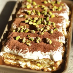 - 1 cup shelled pistachio nuts, finely ground - 1 cup mascarpone cheese - 1 cup heavy whipping cream - 1/2 cup powdered sugar - 1 cup brewed espresso, cooled to room temperature - 1 teaspoon pure vanilla extract - 1 package ladyfinger cookies (savoiardi) - 2 tablespoons cocoa powder (for dusting) - Extra crushed pistachios (for garnish) For a delicious Pistachio Tiramisu, you need fresh and high-quality ingredients. The shelled pistachios give the dessert its unique flavor. Mascarpone cheese adds creaminess and richness. Heavy cream helps to create a light and fluffy texture. Espresso provides a coffee kick, while ladyfinger cookies soak up the flavors. - Almond extract - Chocolate shavings - Additional flavorings You can play with flavors. Almond extract adds a sweet note. Chocolate shavings bring extra richness. Other flavorings can add your own twist to this classic dish. - Mixing bowls - Electric mixer - Shallow dish for coffee dip Using the right tools makes cooking easier. Mixing bowls help combine ingredients well. An electric mixer saves time and adds air to your cream. A shallow dish is perfect for dipping ladyfingers in espresso. For the complete recipe, check the Full Recipe section. To start, grab a medium mixing bowl. You will mix the finely ground pistachios, mascarpone cheese, and powdered sugar in this bowl. Use a spatula or whisk to blend them well. You want the mixture to be smooth and creamy. This creates a rich base for the tiramisu. Next, you need to whip the heavy cream. Pour it into a large mixing bowl. Add the vanilla extract for extra flavor. Use an electric mixer on medium-high speed. You want to whip until stiff peaks form. This means the cream should hold its shape. Be careful not to overwhip; this can make the cream grainy. Now it’s time to assemble your tiramisu. First, pour the cooled espresso into a shallow dish. Quickly dip each ladyfinger into the espresso. Only soak them for a couple of seconds on each side. You want them moist, not soggy. In a rectangular dish, arrange a layer of soaked ladyfingers. Spread half of the pistachio cream over them. Smooth it out evenly. Then, repeat this with another layer of ladyfingers and the remaining cream. This layered effect will give the dessert its classic look and taste. Now you can follow the [Full Recipe] to chill and serve your masterpiece! To achieve the lightest texture in your pistachio tiramisu, focus on the folding technique. Start by adding a little whipped cream to the pistachio mixture. This helps lighten it. Then, gently fold in the rest of the whipped cream. Use a spatula and a gentle motion to combine. Avoid stirring too hard, as this can deflate the mixture. A light touch keeps it airy and fluffy. For the right moisture level, soak each ladyfinger just long enough. Dip them in cooled espresso for only one to two seconds on each side. You want them moist, but not soggy. If they soak too long, they’ll break apart. Perfect timing gives you the best texture. Aim for a balance that holds up well in the dessert. Chilling your pistachio tiramisu is key for enhancing flavor. After assembling, cover it tightly and refrigerate. Allow it to chill for at least four hours, but overnight is best. This time lets the flavors meld together and the dessert set properly. The longer it chills, the better it tastes! Enjoy the creamy, irresistible results of your patience. For the full recipe, check out the complete instructions above. {{image_4}} You can change the nuts in your tiramisu. Almonds and hazelnuts work well. They add a nice crunch and flavor. You can also use nut butters if you want. Almond butter or hazelnut spread can make it creamier. Just mix them into your pistachio cream. Adding layers of chocolate or coffee can make it exciting. You can sprinkle chocolate chips between the layers. This adds sweetness and richness. Flavored syrups also add a fun twist. Try hazelnut or caramel syrup for extra flavor. Just drizzle it over the ladyfingers before layering. Pair your pistachio tiramisu with drinks that match its flavors. Coffee or espresso is a classic choice. You can also serve it with sweet dessert wines. For presentation, use a clear dish to show the layers. Top it with extra crushed pistachios for a beautiful finish. For more delicious ideas, check out the Full Recipe. To keep leftover Pistachio Tiramisu fresh, store it in the fridge. Use an airtight container to keep it from drying out. You can also place plastic wrap directly on the surface to prevent crusting. This helps maintain the creamy texture and rich flavor of the dessert. Pistachio Tiramisu lasts about 3 to 4 days in the fridge. Make sure to check for signs of spoilage. If you notice any off smells, changes in texture, or mold, it’s best to throw it away. Trust your senses; they are your best guide. You can freeze Pistachio Tiramisu for up to a month. To freeze, cut portions and wrap them tightly in plastic wrap. Then place them in a freezer-safe container. When you’re ready to enjoy, thaw it in the fridge overnight. Avoid refreezing once it has thawed. This keeps the texture smooth and tasty. For the full recipe, check out the earlier section. Tiramisu comes from Italy. The name means "pick me up." This dessert began in the 1960s in Treviso. It uses coffee, cream, and ladyfingers. Many chefs claim to create the best recipe. Each region has its own twist on this classic treat. Yes, you can make this dessert ahead. I suggest preparing it a day before serving. This gives the flavors time to blend. Chill it in the fridge for at least four hours. For best results, let it sit overnight. The longer it sits, the better it tastes. To change the sweetness, add more or less powdered sugar. Start with half a cup and taste as you go. You can also use less sugar in the whipped cream. If you like it sweeter, add a little honey or maple syrup too. This way, you can create your perfect balance. If you want a dairy-free option, use cashew cream. Blend soaked cashews with a bit of lemon juice. For a lower-fat choice, try Greek yogurt. It won’t taste the same but will work well. Both alternatives create a creamy texture for your tiramisu. Espresso brings rich flavor to tiramisu. However, you can use strong brewed coffee instead. If you prefer a caffeine-free version, brew decaf coffee. You can even use milk or almond milk mixed with cocoa. This way, you can still enjoy the dessert without caffeine. Check the tiramisu’s texture before serving. It should be firm but still creamy. If it jiggles too much, let it chill longer. When ready, dust cocoa powder on top. Look for a smooth layer with crushed pistachios for crunch. This will make it look and taste amazing. For the full recipe, check the recipe section. Pistachio Tiramisu combines rich flavors and creamy textures in a delightful dessert. You learned the key ingredients, tools, and steps to create this dish. Plus, you discovered tips for perfecting it and different variations to try. In conclusion, making Pistachio Tiramisu is fun and rewarding. I encourage you to experiment with flavors and serve your unique creation with pride. Enjoy every bite of this delicious treat!