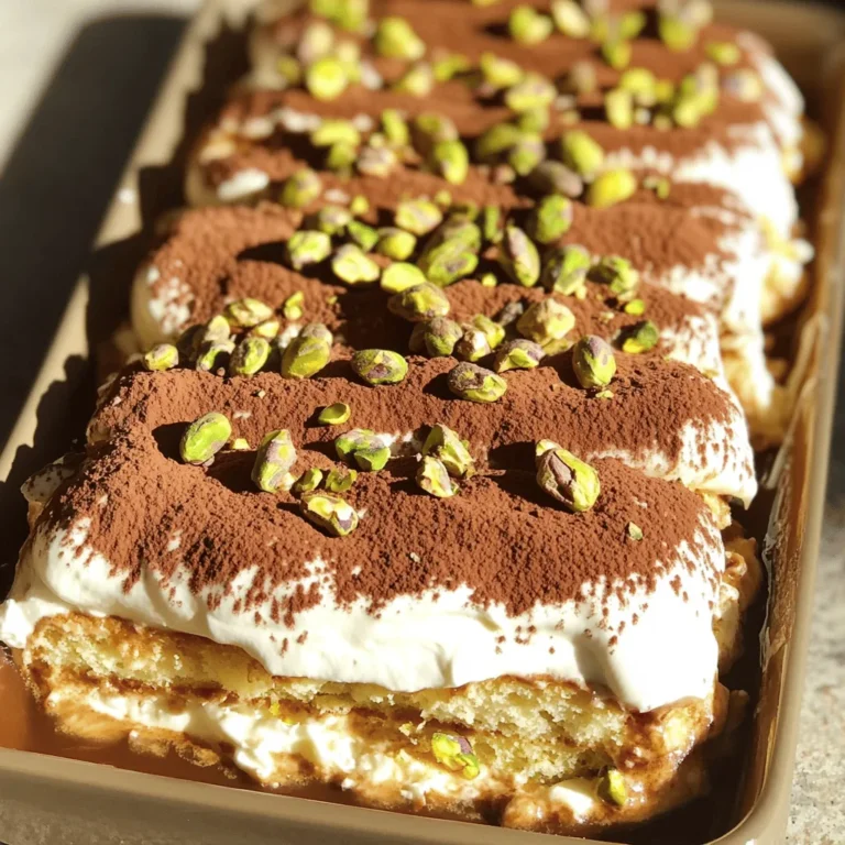 - 1 cup shelled pistachio nuts, finely ground - 1 cup mascarpone cheese - 1 cup heavy whipping cream - 1/2 cup powdered sugar - 1 cup brewed espresso, cooled to room temperature - 1 teaspoon pure vanilla extract - 1 package ladyfinger cookies (savoiardi) - 2 tablespoons cocoa powder (for dusting) - Extra crushed pistachios (for garnish) For a delicious Pistachio Tiramisu, you need fresh and high-quality ingredients. The shelled pistachios give the dessert its unique flavor. Mascarpone cheese adds creaminess and richness. Heavy cream helps to create a light and fluffy texture. Espresso provides a coffee kick, while ladyfinger cookies soak up the flavors. - Almond extract - Chocolate shavings - Additional flavorings You can play with flavors. Almond extract adds a sweet note. Chocolate shavings bring extra richness. Other flavorings can add your own twist to this classic dish. - Mixing bowls - Electric mixer - Shallow dish for coffee dip Using the right tools makes cooking easier. Mixing bowls help combine ingredients well. An electric mixer saves time and adds air to your cream. A shallow dish is perfect for dipping ladyfingers in espresso. For the complete recipe, check the Full Recipe section. To start, grab a medium mixing bowl. You will mix the finely ground pistachios, mascarpone cheese, and powdered sugar in this bowl. Use a spatula or whisk to blend them well. You want the mixture to be smooth and creamy. This creates a rich base for the tiramisu. Next, you need to whip the heavy cream. Pour it into a large mixing bowl. Add the vanilla extract for extra flavor. Use an electric mixer on medium-high speed. You want to whip until stiff peaks form. This means the cream should hold its shape. Be careful not to overwhip; this can make the cream grainy. Now it’s time to assemble your tiramisu. First, pour the cooled espresso into a shallow dish. Quickly dip each ladyfinger into the espresso. Only soak them for a couple of seconds on each side. You want them moist, not soggy. In a rectangular dish, arrange a layer of soaked ladyfingers. Spread half of the pistachio cream over them. Smooth it out evenly. Then, repeat this with another layer of ladyfingers and the remaining cream. This layered effect will give the dessert its classic look and taste. Now you can follow the [Full Recipe] to chill and serve your masterpiece! To achieve the lightest texture in your pistachio tiramisu, focus on the folding technique. Start by adding a little whipped cream to the pistachio mixture. This helps lighten it. Then, gently fold in the rest of the whipped cream. Use a spatula and a gentle motion to combine. Avoid stirring too hard, as this can deflate the mixture. A light touch keeps it airy and fluffy. For the right moisture level, soak each ladyfinger just long enough. Dip them in cooled espresso for only one to two seconds on each side. You want them moist, but not soggy. If they soak too long, they’ll break apart. Perfect timing gives you the best texture. Aim for a balance that holds up well in the dessert. Chilling your pistachio tiramisu is key for enhancing flavor. After assembling, cover it tightly and refrigerate. Allow it to chill for at least four hours, but overnight is best. This time lets the flavors meld together and the dessert set properly. The longer it chills, the better it tastes! Enjoy the creamy, irresistible results of your patience. For the full recipe, check out the complete instructions above. {{image_4}} You can change the nuts in your tiramisu. Almonds and hazelnuts work well. They add a nice crunch and flavor. You can also use nut butters if you want. Almond butter or hazelnut spread can make it creamier. Just mix them into your pistachio cream. Adding layers of chocolate or coffee can make it exciting. You can sprinkle chocolate chips between the layers. This adds sweetness and richness. Flavored syrups also add a fun twist. Try hazelnut or caramel syrup for extra flavor. Just drizzle it over the ladyfingers before layering. Pair your pistachio tiramisu with drinks that match its flavors. Coffee or espresso is a classic choice. You can also serve it with sweet dessert wines. For presentation, use a clear dish to show the layers. Top it with extra crushed pistachios for a beautiful finish. For more delicious ideas, check out the Full Recipe. To keep leftover Pistachio Tiramisu fresh, store it in the fridge. Use an airtight container to keep it from drying out. You can also place plastic wrap directly on the surface to prevent crusting. This helps maintain the creamy texture and rich flavor of the dessert. Pistachio Tiramisu lasts about 3 to 4 days in the fridge. Make sure to check for signs of spoilage. If you notice any off smells, changes in texture, or mold, it’s best to throw it away. Trust your senses; they are your best guide. You can freeze Pistachio Tiramisu for up to a month. To freeze, cut portions and wrap them tightly in plastic wrap. Then place them in a freezer-safe container. When you’re ready to enjoy, thaw it in the fridge overnight. Avoid refreezing once it has thawed. This keeps the texture smooth and tasty. For the full recipe, check out the earlier section. Tiramisu comes from Italy. The name means "pick me up." This dessert began in the 1960s in Treviso. It uses coffee, cream, and ladyfingers. Many chefs claim to create the best recipe. Each region has its own twist on this classic treat. Yes, you can make this dessert ahead. I suggest preparing it a day before serving. This gives the flavors time to blend. Chill it in the fridge for at least four hours. For best results, let it sit overnight. The longer it sits, the better it tastes. To change the sweetness, add more or less powdered sugar. Start with half a cup and taste as you go. You can also use less sugar in the whipped cream. If you like it sweeter, add a little honey or maple syrup too. This way, you can create your perfect balance. If you want a dairy-free option, use cashew cream. Blend soaked cashews with a bit of lemon juice. For a lower-fat choice, try Greek yogurt. It won’t taste the same but will work well. Both alternatives create a creamy texture for your tiramisu. Espresso brings rich flavor to tiramisu. However, you can use strong brewed coffee instead. If you prefer a caffeine-free version, brew decaf coffee. You can even use milk or almond milk mixed with cocoa. This way, you can still enjoy the dessert without caffeine. Check the tiramisu’s texture before serving. It should be firm but still creamy. If it jiggles too much, let it chill longer. When ready, dust cocoa powder on top. Look for a smooth layer with crushed pistachios for crunch. This will make it look and taste amazing. For the full recipe, check the recipe section. Pistachio Tiramisu combines rich flavors and creamy textures in a delightful dessert. You learned the key ingredients, tools, and steps to create this dish. Plus, you discovered tips for perfecting it and different variations to try. In conclusion, making Pistachio Tiramisu is fun and rewarding. I encourage you to experiment with flavors and serve your unique creation with pride. Enjoy every bite of this delicious treat!