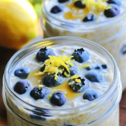 To make Blueberry Lemon Overnight Oats, you will need: - 1 cup rolled oats - 1 tablespoon chia seeds - 1 ½ cups almond milk (or any milk of your choice) - 1 tablespoon maple syrup (optional, for added sweetness) - Zest of 1 lemon - 1 tablespoon freshly squeezed lemon juice - 1 cup fresh blueberries (plus extra for topping) - ½ teaspoon vanilla extract - Pinch of salt Each ingredient plays a key role in taste and texture. The oats and chia seeds provide a filling base, while the blueberries and lemon add a fresh burst of flavor. If you don’t have certain ingredients, here are some substitutes: - Rolled oats: You can use quick oats, but they will change the texture. - Chia seeds: Flaxseeds can work well, but use ground flax for better absorption. - Almond milk: Any milk, like soy or oat milk, will work fine. - Maple syrup: Honey or agave syrup can replace it for sweetness. - Lemon: Lime zest and juice can give a different yet tasty twist. These swaps keep the spirit of the dish while allowing you to use what you have on hand. Each serving of Blueberry Lemon Overnight Oats provides a balanced mix of nutrients. Here’s a quick breakdown: - Calories: Approximately 300 - Protein: 8g - Fat: 9g - Carbohydrates: 50g - Fiber: 10g - Sugars: 6g (without added sweeteners) This dish is not only tasty but also packs a nutritional punch, making it a great breakfast choice. For the full recipe, check the link provided. Start with a medium bowl. Add 1 cup of rolled oats and 1 tablespoon of chia seeds. Mix them well. This helps ensure even flavor throughout your oats. Pour in 1 ½ cups of almond milk. Stir the mixture thoroughly. If you want sweetness, add 1 tablespoon of maple syrup. Then, add the zest of 1 lemon, 1 tablespoon of lemon juice, ½ teaspoon of vanilla extract, and a pinch of salt. Stir again until everything is blended well. Now, it’s time to add 1 cup of fresh blueberries. Gently fold them into the oat mixture. Be careful not to mash the blueberries. This keeps them intact and keeps the texture nice. Take two jars or airtight containers. Divide the oat mixture evenly between them. Make sure each jar has the same amount for balanced flavors. It’s all about even portions! Cover each jar with a lid. Place them in the refrigerator for at least 4 hours. Chilling them overnight is best. This allows the oats and chia seeds to soak up the liquid and get soft. The longer they sit, the better the flavors blend. You can find the Full Recipe for more detailed instructions. You can add more fun to your overnight oats with toppings. Try adding sliced bananas or diced apples for a fruity twist. Crushed nuts like almonds or walnuts give a nice crunch. A sprinkle of cinnamon can add warmth. Experiment with your favorites to find what you love best! If you want creamier oats, you have many milk choices. Almond milk is great, but coconut milk adds a rich flavor. You can also use oat milk or cashew milk for a different taste. Just remember to adjust the amount based on your desired creaminess. Sweetness is key for many. Start with the maple syrup, but you can skip it if you prefer less sugar. Honey or agave syrup are good alternatives. Taste your mixture before soaking, and adjust until it is just right for you. Soaking the oats is essential. It softens them and blends the flavors well. I recommend letting them soak for at least four hours, but overnight is best. This way, you wake up to a creamy, flavorful breakfast, ready to enjoy. {{image_4}} You can change the fruit in your overnight oats. Seasonal fruits add new tastes. Try strawberries in spring or peaches in summer. In fall, use diced apples or pears. Winter feels cozy with cranberries or pomegranate seeds. Mixing fruits makes your oats more fun and colorful. Nuts and seeds add a nice crunch to your oats. Chopped almonds, walnuts, or pecans work well. Sunflower seeds or pumpkin seeds are great too. Just sprinkle a handful on top before you eat. They add healthy fats and protein, making your breakfast even better. You can swap out sweeteners for a different taste. Honey or agave syrup is a great choice. If you prefer no sugar, try mashed bananas or applesauce. For extra flavor, consider adding cinnamon or nutmeg. These small changes can really enhance the taste of your overnight oats. For the full recipe, check out Blueberry Lemon Overnight Oats. Store your Blueberry Lemon Overnight Oats in airtight jars or containers. This keeps them fresh. Make sure to seal them tightly to avoid leaks. If you want to keep them for a longer time, layer the oats and blueberries separately. This helps keep the berries intact until you eat them. When stored properly in the fridge, these oats last up to five days. You can prepare them in advance for busy mornings. Just remember to give them a good stir before serving. If you see any signs of spoilage, like an off smell or unusual texture, it's best to toss them out. You can freeze your Blueberry Lemon Overnight Oats for up to three months. Use freezer-safe containers or jars. When you're ready to eat, take them out and let them thaw in the fridge overnight. If they seem too thick after thawing, add a splash of almond milk to revive the creaminess. Enjoy your delicious breakfast without any fuss! Yes, you can easily make this recipe vegan. Just use almond milk or any plant-based milk. You can also skip the maple syrup or use agave syrup if you want. You can store Blueberry Lemon Overnight Oats in the fridge for up to five days. Use airtight jars to keep them fresh. You can use quick oats, but the texture will be different. Quick oats absorb more liquid and may become mushy. Rolled oats give a chewier, heartier feel. Chia seeds offer many health benefits. They are high in fiber, helping your digestion. They also provide omega-3 fatty acids, which are good for heart health. Plus, they add a nice texture to your oats! To make a larger batch, simply multiply the ingredients. For example, if you want to make four servings, double the amounts. Just make sure you have enough jars for storage. You can find the full recipe in the previous section. Blueberry Lemon Overnight Oats blend taste and nutrition perfectly. We covered key ingredients, ways to mix, and tips for flavor. You learned how to store oats and answered common questions. Try using different fruits or sweeteners for fun twists. Enjoy making this easy, healthy meal each week. With a few simple changes, you can keep it fresh and exciting! Get creative and enjoy your oats!