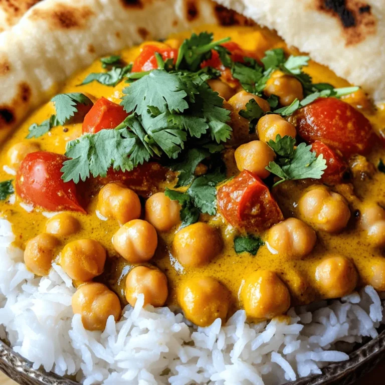 To make a great spicy chickpea curry, you need: - 2 cans (15 oz each) of chickpeas, thoroughly drained and rinsed - 1 medium onion, finely chopped - 3 cloves garlic, minced - 1 inch piece of fresh ginger, minced - 2 medium ripe tomatoes, diced - 1 can (14 oz) of creamy coconut milk - 2 tablespoons of fragrant curry powder - 1 teaspoon ground cumin - 1 teaspoon turmeric powder - 1/2 teaspoon cayenne pepper (adjust to personal spice preference) - 2 tablespoons olive oil - Salt, to taste - Fresh cilantro leaves, for garnish - Cooked rice or warm naan bread, for serving Choosing fresh ingredients makes your curry taste better. Here are some tips: - Chickpeas: Pick canned chickpeas that are firm and without dents. - Onion: Look for smooth, firm onions with no soft spots. - Garlic and Ginger: Choose plump cloves of garlic and fresh ginger that feel heavy. - Tomatoes: Use ripe tomatoes that smell sweet and have a vibrant color. - Coconut Milk: Select a can with a good seal and no bulging. Chickpeas are the star of this dish. They add protein and fiber, making the curry filling. Their nutty flavor pairs well with spices. When you cook them, they soak up all the tasty sauce. This makes each bite delicious and satisfying. Plus, chickpeas are great for your health. They help keep your heart strong and can aid digestion. Using chickpeas is an easy way to boost nutrition in your meals. To make spicy chickpea curry, gather your ingredients first. You need chickpeas, onion, garlic, ginger, tomatoes, coconut milk, and spices. This will make your cooking smooth and fun. Prepare the veggies by chopping them finely. This helps them cook evenly. Make sure to rinse the chickpeas well to remove any canning liquid. 1. Heat the Oil: In a large pot, heat the olive oil over medium heat. Wait until it shimmers. 2. Sauté the Aromatics: Add the onion to the pot. Stir it often until it turns soft and clear, about 5 minutes. Then, add the garlic and ginger. Cook for 2 more minutes until the smell fills your kitchen. 3. Add the Spices: Toss in the curry powder, cumin, turmeric, and cayenne pepper. Stir this mix for about 1 minute. This helps the spices release their flavors. 4. Incorporate the Tomatoes: Add the diced tomatoes next. Cook them for about 5 minutes. They should break down and add moisture to your curry. 5. Pour in the Chickpeas: Carefully add the drained chickpeas. Mix them well with the spices and tomatoes. 6. Engage with Coconut Milk: Slowly pour in the coconut milk. Gently bring the mixture to a simmer. Let it cook for 15 to 20 minutes. Stir it now and then until the curry thickens. 7. Taste and Season: After cooking, taste your curry. Adjust salt and spice to your liking. This step makes sure the flavors are just right. 8. Serve: Remove the pot from heat. Serve the curry hot, garnished with fresh cilantro. Enjoy it with rice or warm naan bread. - Skipping the Rinsing Step: Always rinse the chickpeas. This removes excess sodium and improves flavor. - Not Tasting Before Serving: Always taste your curry before serving. Adjusting flavors makes a big difference. - Overcooking the Aromatics: Don’t let the garlic and ginger burn. They should be fragrant but not dark. - Using Low-Quality Spices: Use fresh spices for the best taste. Old spices lose their flavor and aroma. Using this step-by-step guide makes cooking simple and fun. For the full recipe, check out the complete details! To boost flavor, use fresh herbs like cilantro. They add brightness. A squeeze of lime juice can also add zest. Experiment with different spices based on your taste. Try adding garam masala or curry leaves for a unique twist. Always taste and adjust seasoning as you go. This will ensure every bite is full of flavor. For a creamy curry, use low heat when simmering. This lets the coconut milk blend well. Cook the garlic and onions until soft, but do not burn them. This step builds a great base. Stir the chickpeas gently to avoid mashing them. A slight crunch adds a nice texture to your dish. Use a large pot or Dutch oven for even cooking. A wooden spoon helps in stirring without scratching the pot. A sharp knife makes chopping onions and ginger easy. A can opener is a must for those chickpeas! Finally, have measuring spoons handy for accurate spice amounts. These tools will make the cooking process smoother and more enjoyable. For the full recipe, check out the detailed steps above. {{image_4}} This spicy chickpea curry is already vegan. You can enjoy it with no meat or dairy. If you want to add more veggies, try adding spinach or bell peppers. These add color and nutrition. You can also swap chickpeas for lentils for a different taste. Just adjust the cooking time as needed. Want to change things up? You can add proteins like chicken or shrimp. Cook the meat first in the pot before adding the onions. Once the meat is cooked, follow the same steps for the curry. This keeps the flavor strong. If you prefer tofu, add it after the chickpeas. Let it simmer to soak up the spices. Many people have different diets. If you need to avoid coconut milk, use almond milk or vegetable broth. This keeps the dish creamy but lowers the fat. For a gluten-free option, ensure the curry powder is gluten-free. You can also add different beans if you can't find chickpeas. Black beans or kidney beans work great too. For the full recipe, check the section above. After you enjoy your spicy chickpea curry, store any leftovers in an airtight container. Let the curry cool to room temperature first. This helps keep moisture out. Place the container in the fridge. Your curry can last for about 3 to 4 days. Make sure to label the container with the date you made it. This way, you’ll remember how fresh it is. If you want to save the curry for later, freezing is a great option. Use freezer-safe containers or bags. Divide the curry into smaller portions for easy thawing. Leave some space in the container for the curry to expand as it freezes. You can store it for up to 3 months. When ready to eat, just defrost it overnight in the fridge. Reheating the curry is simple. You can use the microwave or stovetop. If using the microwave, heat the curry in short bursts. Stir it every minute to ensure even heating. For the stovetop, pour the curry into a pot over low heat. Stir often to avoid sticking. Add a splash of water or coconut milk if it feels too thick. Enjoy your curry warm, just like fresh! For the full recipe, check out the [Full Recipe]. You can serve spicy chickpea curry with rice or naan. Both are great choices. Rice soaks up the sauce well. Naan wraps around the curry nicely. You may also add a side salad. A simple cucumber salad adds freshness. Yogurt can cool the heat, too. Try serving it with pickled vegetables for a tangy crunch. Yes, you can make spicy chickpea curry in advance. It tastes even better the next day. Just let it cool and store it in the fridge. Use an airtight container for best results. Reheat it on the stove or in the microwave. It’s quick and easy. This makes it a great meal prep option. Chickpeas are packed with protein and fiber. They help keep you full longer. They support muscle growth and digestion. Chickpeas also contain vitamins and minerals. These include iron, magnesium, and folate. Their low glycemic index helps regulate blood sugar. Eating chickpeas can improve heart health. They are a smart choice for a healthy diet. For the full recipe, check out the link! In this blog post, we explored the key ingredients and steps to make spicy chickpea curry. You learned how to pick fresh ingredients and the role of chickpeas in your dish. We discussed cooking tips, common mistakes, and various ways to customize your curry. Finally, we covered storage methods to keep your meal fresh. Preparing this curry can be simple and fun. With the right guidance, you can make a dish that impresses your taste buds and your guests. Enjoy your cooking!