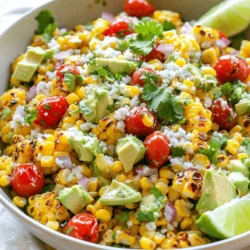- 4 ears of corn - 1 cup cherry tomatoes - 1/2 red onion - 1 avocado - 1/2 cup cotija cheese - 1/4 cup fresh cilantro - 1 jalapeño - Juice of 2 limes - 2 tablespoons olive oil - Spices: chili powder, smoked paprika, salt, and pepper In this recipe, corn is the star. It brings a sweet crunch that you’ll love. I use fresh corn for the best taste. Next, cherry tomatoes add a pop of color and sweetness. Then, red onion offers a sharp bite. Avocado gives a creamy texture that pairs well with the other ingredients. Cotija cheese adds a salty tang, enhancing the salad's flavor. Fresh cilantro brings a bright note. The jalapeño adds heat, but you can adjust it based on your preference. Lime juice adds acidity, while olive oil ties everything together. Finally, the spices elevate the dish with warmth and zest. - Other vegetables (bell peppers, cucumber) - Proteins (grilled chicken, black beans) - Alternative cheeses (feta, vegan cheese) Feel free to customize your salad! Bell peppers and cucumber add extra crunch and color. Adding grilled chicken or black beans boosts protein. If you want a different cheese, feta or vegan cheese works well, too. These options help you make the dish your own. - Gluten-free options - Vegan options (substituting cheese and dressing) This salad can fit many diets. It’s naturally gluten-free, so no worries there! For a vegan option, substitute cotija cheese and use a plant-based dressing. You can still enjoy all the fresh flavors without dairy. This flexibility makes it easy to share with friends and family. You can find the full recipe at the top of this article. Enjoy making your Mexican Street Corn Salad! 1. Grilling the corn: Start by preheating your grill to medium-high heat. Place the husked ears of corn on the grill. Grill them for about 10 to 12 minutes. Turn them often to get that nice char. You want them tender and slightly crispy. 2. Removing kernels safely: Once the corn is cool enough to touch, use a sharp knife. Carefully cut the kernels off the cob. Make sure to hold the cob upright in a bowl. This keeps the kernels from flying everywhere. 1. Combining fresh ingredients in a bowl: In a large bowl, add the grilled corn. Next, toss in the halved cherry tomatoes, diced red onion, diced avocado, crumbled cotija cheese, chopped cilantro, and the finely chopped jalapeño. Mix these fresh ingredients gently. 2. Preparing the dressing: In a small bowl, whisk together the lime juice, olive oil, chili powder, smoked paprika, and a pinch of salt and pepper. Mix well until all ingredients blend nicely. 1. Drizzling dressing over the salad: Pour the dressing over the salad mixture. Gently toss everything together. Make sure all the ingredients get a good coat of that tasty dressing. 2. Chilling time for flavor enhancement: Cover the bowl and place it in the fridge for at least 30 minutes. This chilling time allows the flavors to meld together. Trust me, it makes a big difference! For the full recipe, refer to the earlier section. Enjoy your delicious Mexican Street Corn Salad! To get perfect grill marks, start with clean grates. Preheat your grill to medium-high heat. Place the corn on the grill and turn it every few minutes. This method gives you those nice charred lines. If you can’t grill, you can use a grill pan on the stove. Just heat it well and follow the same steps. You can add zest to your salad with spices. Chili powder and smoked paprika brighten the dish. If you like heat, add more jalapeño or a pinch of cayenne. For mild flavor, remove the jalapeño seeds. This way, you control the spice level. When serving, choose a large, colorful bowl. This makes the salad pop on your table. Adding fresh cilantro and extra cotija cheese on top looks great. You can also place lime wedges on the side. This invites guests to add more lime juice as they like. Enjoy your vibrant dish! For the complete dish, check the Full Recipe. {{image_4}} You can change your Mexican Street Corn Salad with seasonal produce. In summer, fresh corn is sweet and juicy. Use ripe tomatoes and peppers for bright colors. In fall, add roasted squash or sweet potatoes. These additions bring new flavors and textures. Adapting to local ingredients makes your salad unique. Check your farmer's market for fresh finds. For a Mexican twist, add lime zest and chipotle. These ingredients boost the salad's flavor. You can also try Mediterranean touches like olives and feta. Asian flavors work well too; consider sesame oil and green onions. Mixing these flavors keeps your salad exciting and fresh. Add crunch with nuts or seeds. Toasted pumpkin seeds or chopped walnuts add great texture. You can also brighten the dish with colorful ingredients. Try adding bell peppers or radishes for a pop of color. Each bite becomes a fun experience with different textures and hues. Explore these variations to make your Mexican Street Corn Salad even more delightful. For the complete recipe, check out the Full Recipe. To keep your Mexican Street Corn Salad fresh, store it in an airtight container. This helps lock in flavors and keeps it safe. Place the salad in the fridge right after serving. It should stay good for about 3 days. After this period, the ingredients may start to lose their crunch. If you have extra salad, you can freeze it too. To do this, put it in a freezer-safe container. Make sure to leave some space at the top, as the salad may expand. It can last up to 2 months in the freezer, but keep in mind that the texture may change once thawed. When reheating your salad, do it slowly. Use the microwave at a low power level. Heat it in short bursts, stirring often. This will help keep the flavors fresh and prevent overheating. If you want to enjoy the salad cold, top it with fresh cilantro and a squeeze of lime. This will give it a bright taste, just like when you first made it. Check for signs of spoilage before eating. Look for any off smells or color changes. If the salad looks or smells bad, it's best to toss it. Mexican Street Corn Salad can last up to 3 days in the fridge. If frozen, it can last up to 2 months. Always remember to enjoy your salad while it's fresh for the best taste! To add spice to your salad, you can adjust the jalapeño. Start by using half of a jalapeño for a mild kick. If you want it hotter, use more. You can also leave the seeds in for extra heat. Another option is to add a pinch of cayenne pepper or hot sauce to the dressing. This gives your dish a nice boost. Yes, you can prepare this salad ahead of time. Make it up to a day in advance. Just keep it covered in the fridge. This allows the flavors to blend well. However, wait to add the avocado until just before serving. This keeps it fresh and bright. If you like a bit of crunch, add the dressing just before serving too. If you can't find cotija cheese, try using feta cheese. Feta has a similar crumbly texture and salty flavor. You can also use queso fresco for a milder taste. For a dairy-free option, try using cashew cheese or a vegan cheese substitute. These options work well and keep your salad tasty. This blog post covered all the key steps to make a delicious Mexican Street Corn Salad. We discussed the main ingredients, optional add-ins, and easy preparation methods. I shared tips for flavor, presentation, and storage. You can even modify the recipe to fit your diet. With all these details, you can create a fresh, flavorful salad for any occasion. Enjoy experimenting with flavors and sharing this tasty dish with friends and family!