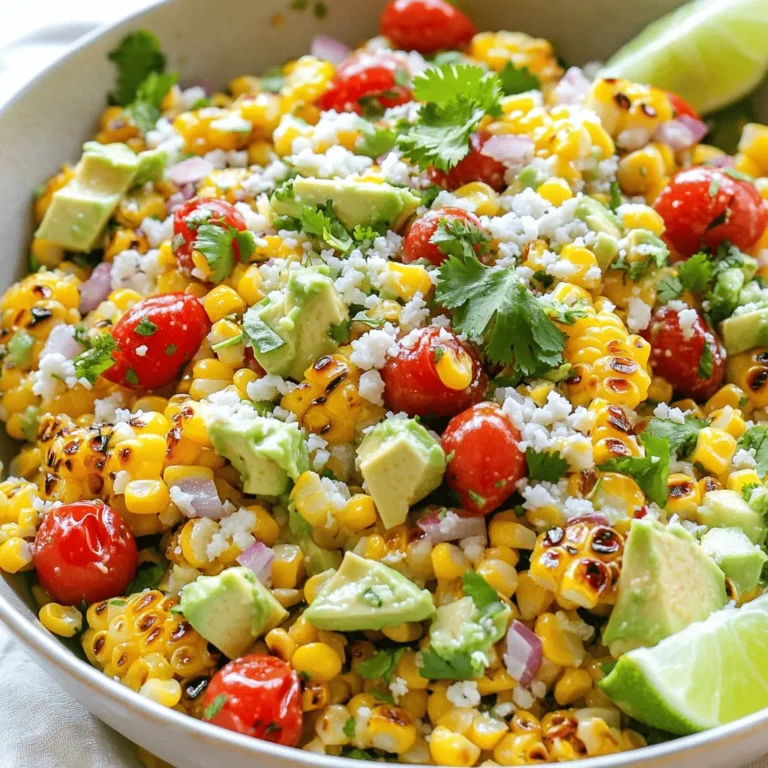 - 4 ears of corn - 1 cup cherry tomatoes - 1/2 red onion - 1 avocado - 1/2 cup cotija cheese - 1/4 cup fresh cilantro - 1 jalapeño - Juice of 2 limes - 2 tablespoons olive oil - Spices: chili powder, smoked paprika, salt, and pepper In this recipe, corn is the star. It brings a sweet crunch that you’ll love. I use fresh corn for the best taste. Next, cherry tomatoes add a pop of color and sweetness. Then, red onion offers a sharp bite. Avocado gives a creamy texture that pairs well with the other ingredients. Cotija cheese adds a salty tang, enhancing the salad's flavor. Fresh cilantro brings a bright note. The jalapeño adds heat, but you can adjust it based on your preference. Lime juice adds acidity, while olive oil ties everything together. Finally, the spices elevate the dish with warmth and zest. - Other vegetables (bell peppers, cucumber) - Proteins (grilled chicken, black beans) - Alternative cheeses (feta, vegan cheese) Feel free to customize your salad! Bell peppers and cucumber add extra crunch and color. Adding grilled chicken or black beans boosts protein. If you want a different cheese, feta or vegan cheese works well, too. These options help you make the dish your own. - Gluten-free options - Vegan options (substituting cheese and dressing) This salad can fit many diets. It’s naturally gluten-free, so no worries there! For a vegan option, substitute cotija cheese and use a plant-based dressing. You can still enjoy all the fresh flavors without dairy. This flexibility makes it easy to share with friends and family. You can find the full recipe at the top of this article. Enjoy making your Mexican Street Corn Salad! 1. Grilling the corn: Start by preheating your grill to medium-high heat. Place the husked ears of corn on the grill. Grill them for about 10 to 12 minutes. Turn them often to get that nice char. You want them tender and slightly crispy. 2. Removing kernels safely: Once the corn is cool enough to touch, use a sharp knife. Carefully cut the kernels off the cob. Make sure to hold the cob upright in a bowl. This keeps the kernels from flying everywhere. 1. Combining fresh ingredients in a bowl: In a large bowl, add the grilled corn. Next, toss in the halved cherry tomatoes, diced red onion, diced avocado, crumbled cotija cheese, chopped cilantro, and the finely chopped jalapeño. Mix these fresh ingredients gently. 2. Preparing the dressing: In a small bowl, whisk together the lime juice, olive oil, chili powder, smoked paprika, and a pinch of salt and pepper. Mix well until all ingredients blend nicely. 1. Drizzling dressing over the salad: Pour the dressing over the salad mixture. Gently toss everything together. Make sure all the ingredients get a good coat of that tasty dressing. 2. Chilling time for flavor enhancement: Cover the bowl and place it in the fridge for at least 30 minutes. This chilling time allows the flavors to meld together. Trust me, it makes a big difference! For the full recipe, refer to the earlier section. Enjoy your delicious Mexican Street Corn Salad! To get perfect grill marks, start with clean grates. Preheat your grill to medium-high heat. Place the corn on the grill and turn it every few minutes. This method gives you those nice charred lines. If you can’t grill, you can use a grill pan on the stove. Just heat it well and follow the same steps. You can add zest to your salad with spices. Chili powder and smoked paprika brighten the dish. If you like heat, add more jalapeño or a pinch of cayenne. For mild flavor, remove the jalapeño seeds. This way, you control the spice level. When serving, choose a large, colorful bowl. This makes the salad pop on your table. Adding fresh cilantro and extra cotija cheese on top looks great. You can also place lime wedges on the side. This invites guests to add more lime juice as they like. Enjoy your vibrant dish! For the complete dish, check the Full Recipe. {{image_4}} You can change your Mexican Street Corn Salad with seasonal produce. In summer, fresh corn is sweet and juicy. Use ripe tomatoes and peppers for bright colors. In fall, add roasted squash or sweet potatoes. These additions bring new flavors and textures. Adapting to local ingredients makes your salad unique. Check your farmer's market for fresh finds. For a Mexican twist, add lime zest and chipotle. These ingredients boost the salad's flavor. You can also try Mediterranean touches like olives and feta. Asian flavors work well too; consider sesame oil and green onions. Mixing these flavors keeps your salad exciting and fresh. Add crunch with nuts or seeds. Toasted pumpkin seeds or chopped walnuts add great texture. You can also brighten the dish with colorful ingredients. Try adding bell peppers or radishes for a pop of color. Each bite becomes a fun experience with different textures and hues. Explore these variations to make your Mexican Street Corn Salad even more delightful. For the complete recipe, check out the Full Recipe. To keep your Mexican Street Corn Salad fresh, store it in an airtight container. This helps lock in flavors and keeps it safe. Place the salad in the fridge right after serving. It should stay good for about 3 days. After this period, the ingredients may start to lose their crunch. If you have extra salad, you can freeze it too. To do this, put it in a freezer-safe container. Make sure to leave some space at the top, as the salad may expand. It can last up to 2 months in the freezer, but keep in mind that the texture may change once thawed. When reheating your salad, do it slowly. Use the microwave at a low power level. Heat it in short bursts, stirring often. This will help keep the flavors fresh and prevent overheating. If you want to enjoy the salad cold, top it with fresh cilantro and a squeeze of lime. This will give it a bright taste, just like when you first made it. Check for signs of spoilage before eating. Look for any off smells or color changes. If the salad looks or smells bad, it's best to toss it. Mexican Street Corn Salad can last up to 3 days in the fridge. If frozen, it can last up to 2 months. Always remember to enjoy your salad while it's fresh for the best taste! To add spice to your salad, you can adjust the jalapeño. Start by using half of a jalapeño for a mild kick. If you want it hotter, use more. You can also leave the seeds in for extra heat. Another option is to add a pinch of cayenne pepper or hot sauce to the dressing. This gives your dish a nice boost. Yes, you can prepare this salad ahead of time. Make it up to a day in advance. Just keep it covered in the fridge. This allows the flavors to blend well. However, wait to add the avocado until just before serving. This keeps it fresh and bright. If you like a bit of crunch, add the dressing just before serving too. If you can't find cotija cheese, try using feta cheese. Feta has a similar crumbly texture and salty flavor. You can also use queso fresco for a milder taste. For a dairy-free option, try using cashew cheese or a vegan cheese substitute. These options work well and keep your salad tasty. This blog post covered all the key steps to make a delicious Mexican Street Corn Salad. We discussed the main ingredients, optional add-ins, and easy preparation methods. I shared tips for flavor, presentation, and storage. You can even modify the recipe to fit your diet. With all these details, you can create a fresh, flavorful salad for any occasion. Enjoy experimenting with flavors and sharing this tasty dish with friends and family!