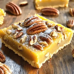 - 1 cup all-purpose flour - ½ cup rolled oats - ½ cup packed brown sugar - ½ cup unsalted butter, melted and slightly cooled - 1 cup pecans, roughly chopped - ¾ cup pure maple syrup - 2 large eggs, at room temperature - 1 teaspoon vanilla extract - ½ teaspoon salt - ½ teaspoon ground cinnamon These ingredients come together to create a rich, sweet bar that you will love. The maple syrup gives a natural sweetness. The pecans add a delightful crunch. Each bite is a treat for the senses. - Chocolate chips or toffee bits - Different nuts like walnuts or almonds You can switch things up with chocolate chips or toffee bits. If you prefer different nuts, try walnuts or almonds. These changes can add a fun twist to the classic recipe! - Mixing bowls - Measuring cups - Whisk - Spatula - Baking pan Having the right tools makes cooking easier. Mixing bowls help you combine ingredients well. Measuring cups ensure you use the right amounts. A whisk helps mix smoothly, while a spatula makes pouring easy. A good baking pan is key to even baking. For the Full Recipe, check out the steps to make these delicious bars! - Preheat your oven to 350°F (175°C). - Get an 8-inch square baking pan. Line it with parchment paper. Let the paper hang over the edges for easy lifting later. - In a medium bowl, mix together: - 1 cup all-purpose flour - ½ cup rolled oats - ½ cup packed brown sugar - ½ cup unsalted butter, melted and slightly cooled - Stir the mixture with a fork until it looks crumbly. It should feel like wet sand. - Press this mixture firmly into the bottom of the pan. Make sure it covers the entire base. - Place the pan in the oven and bake for 10-12 minutes. Look for a light golden brown color around the edges. - Once baked, take it out and let it cool for a few minutes before adding the filling. - In a large bowl, whisk together: - ¾ cup pure maple syrup - 2 large eggs, at room temperature - 1 teaspoon vanilla extract - ½ teaspoon salt - ½ teaspoon ground cinnamon - Mix until smooth. - Gently fold in 1 cup of roughly chopped pecans. Pour this pecan mixture over the cooled crust. - Use a spatula to spread it evenly across the crust. - Return the pan to the oven and bake for an additional 20-25 minutes. Check if the filling is set and slightly puffed with a golden top. - Once baked, let the bars cool completely in the pan on a wire rack. This helps set the filling properly. - After cooling, lift the bars out using the overhanging parchment paper. Transfer to a cutting board and slice into squares. For the complete recipe, refer to the Full Recipe section. To get the right texture for your Maple Pecan Pie Bars, cooling the crust is key. If you add the filling too soon, the filling can make the crust soggy. Let the crust cool for about ten minutes before pouring in the filling. Also, your oven may cook differently. If your bars seem undercooked, try adding a few minutes to the baking time. For a beautiful finish, dust the top with powdered sugar. You can also garnish with whole pecans for a nice touch. When serving, a dollop of whipped cream or a scoop of ice cream pairs perfectly with these bars. This adds a creamy contrast to the sweet and crunchy flavors. Sometimes the filling can be runny. If this happens, bake the bars a bit longer until set. If your crust turns out too hard, it may have baked too long. Next time, keep an eye on it after the ten-minute mark. Remember, you want a golden brown crust, not dark brown. {{image_4}} If you need a nut-free version of these bars, you can use seeds instead. Sunflower or pumpkin seeds work great. They add crunch and flavor. Just substitute the pecans with the same amount of seeds. This swap keeps the texture similar while making it safe for those with nut allergies. For a vegan take on these bars, you can use flax eggs and coconut oil. To make a flax egg, mix one tablespoon of ground flaxseed with three tablespoons of water. Let it sit for about five minutes until it thickens. Swap out the butter for melted coconut oil. This way, you still enjoy the delicious taste without any animal products. For a gluten-free option, you can use different flours. Almond flour or coconut flour are excellent choices. Just remember to adjust the amount. For almond flour, use a bit less than the all-purpose flour. If you choose coconut flour, you will need to use more liquid to balance it out. This way, everyone can enjoy these sweet treats! To keep your maple pecan pie bars fresh, store them in an airtight container. Place parchment paper between layers to avoid sticking. Refrigerate them for the best results. This method helps maintain their texture and taste. If you want to freeze the bars, first cut them into squares. Wrap each piece in plastic wrap, then place them in a freezer bag. This keeps them fresh for later. When you are ready to enjoy them, thaw the bars in the fridge overnight. In the fridge, the maple pecan pie bars last about a week. Always check for signs of spoilage. If the bars smell off or have a change in texture, it’s best to toss them. In the freezer, they can last up to three months if stored properly. To warm your bars without losing texture, use the oven. Preheat it to 350°F (175°C). Place the bars on a baking sheet for about 10 minutes. This method keeps them soft and tasty. Avoid using the microwave, as it can make the bars soggy. Enjoy your delicious treat! Yes, you can make these bars ahead of time. They store well and taste great. I suggest letting them cool completely first. Then, wrap them tightly in plastic wrap or keep them in an airtight container. Store them in the fridge for up to a week. For longer storage, you can freeze them for up to three months. Just remember to thaw in the fridge before enjoying! To cut the bars neatly, use a sharp knife. First, let them cool completely in the pan. Once cool, lift them out using the parchment paper. Place the slab on a cutting board. For even pieces, cut straight down without sawing back and forth. Wipe the knife with a damp cloth between cuts. This helps keep the edges clean and sharp. Yes, you can use other sweeteners. Honey is a great option, but it has a different flavor. Agave syrup can also work well. Each sweetener may change the taste slightly. If you want a more neutral flavor, try corn syrup. Just be aware that the texture might vary a bit with substitutes. You can get creative with flavors! Adding citrus zest, like orange or lemon, brightens the bars. Chocolate chips or chunks bring richness and a sweet touch. You can also mix in spices like nutmeg or ginger for warmth. Each option adds a new twist to the classic maple pecan flavor. Enjoy experimenting! You can create delicious maple pecan pie bars using simple ingredients like flour, oats, and pecans. I covered how to prep, bake, and present these treats while offering tips for texture and troubleshooting. Remember, variations like nut-free or vegan options widen their appeal. Storing properly keeps them fresh, while reheating ensures that great taste. Enjoy experimenting with flavors and sharing these delightful bars with others. They are sure to be a hit!