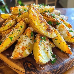 To make Baked Garlic Parmesan Potato Wedges, you need: - 4 medium russet potatoes, thoroughly washed and cut into wedges - 3 tablespoons extra virgin olive oil - 5 cloves of garlic, finely minced These main ingredients form the base of your dish. Russet potatoes give a fluffy inside and a crispy outside. The olive oil helps the spices stick and adds flavor. For seasoning and toppings, gather: - 1 teaspoon smoked paprika - 1 teaspoon Italian seasoning blend - ½ teaspoon sea salt - ½ teaspoon freshly ground black pepper - ½ cup freshly grated Parmesan cheese - Fresh parsley, finely chopped (for garnish) These seasonings bring out the best flavors. Smoked paprika adds a warm, deep note. The Italian blend gives a herbal touch. Parmesan cheese melts into a tasty crust on top of the wedges. If you want to get creative, consider these optional add-ins: - Chili flakes for heat - Different cheese types, like cheddar or mozzarella - Fresh herbs, such as rosemary or thyme These add-ins can give your wedges a unique twist. You can spice them up or make them even cheesier. Choose according to your taste! For the complete recipe, check out the Full Recipe. First, pick medium russet potatoes. Wash them thoroughly to remove any dirt. Cut each potato into wedges. Aim for even sizes so they cook well. This helps them bake evenly and become crispy. Grab a large mixing bowl. Pour in three tablespoons of extra virgin olive oil. Add five cloves of minced garlic for that tasty flavor. Then, mix in one teaspoon of smoked paprika and one teaspoon of Italian seasoning. Sprinkle in half a teaspoon of sea salt and half a teaspoon of black pepper. Stir it all together until it blends well. Now, toss the potato wedges in the bowl with the seasoning. Make sure each wedge is coated fully. Lay the wedges on a lined baking sheet in a single layer. This space helps them get crispy. Bake them in a preheated oven at 425°F (220°C) for about 25 to 30 minutes. Flip them halfway through to brown evenly. After the first bake, sprinkle half a cup of freshly grated Parmesan cheese on top. Bake for another 5 to 7 minutes until the cheese melts. Once done, let them cool briefly before serving. For a pop of color, add fresh parsley on top. Enjoy your crispy delight! For the full recipe, check the details above. To get your potato wedges crispy, start with dry potatoes. After washing, pat them dry with a towel. Use enough olive oil to coat each wedge well. Space them out on the baking sheet; this helps air circulate. Flip them halfway through baking for even crispiness. For extra crunch, broil them for a minute at the end. I love using russet potatoes for their texture. They have a high starch content, which makes them fluffy inside. Yukon golds are also great; they are creamy and add a nice flavor. Avoid waxy potatoes like red or new potatoes; they don’t crisp up well for this recipe. To reheat your baked garlic Parmesan potato wedges, use the oven. Preheat it to 375°F (190°C). Spread the wedges in a single layer on a baking sheet. Bake for about 10-15 minutes until they are hot and crispy again. You can also use an air fryer for a quick and crispy result. {{image_4}} To add heat to your baked garlic parmesan potato wedges, sprinkle chili flakes on top. A half teaspoon of chili flakes can give your dish a nice kick. You can adjust the amount based on your taste. If you love spice, feel free to go wild! Mix the chili flakes with your olive oil and garlic for a consistent flavor. The heat will balance nicely with the creamy parmesan. Cheese can change the flavor of your potato wedges. Cheddar brings a sharp taste, while mozzarella adds a stretchy texture. You can mix cheeses too. Try half a cup of each for a rich, gooey goodness. Just like with parmesan, add the cheese in the last few minutes of baking. This way, it melts perfectly over the hot wedges. If you want a vegan version, swap out the parmesan for nutritional yeast. It has a cheesy flavor and is packed with nutrients. You can also use vegan cheese shreds if you prefer. Use the same amount as parmesan. The rest of the recipe stays the same, so you won't miss out on the fun! These swaps make the dish lighter but still tasty. For the full recipe, check out the details above. To keep leftover potato wedges fresh, place them in an airtight container. Let them cool first. Store them in the fridge for up to three days. This method helps retain taste and texture. If you want to freeze your potato wedges, follow these steps. First, let them cool completely after baking. Next, spread them on a baking sheet in a single layer. Place the sheet in the freezer for about an hour. After that, transfer the frozen wedges to a freezer bag. Squeeze out as much air as you can. They will last for up to three months in the freezer. To reheat your potato wedges, the oven is the best choice. Preheat your oven to 400°F (200°C). Spread the wedges on a baking sheet. Bake for about 10 to 15 minutes until they are hot and crispy again. You can also use an air fryer for a quicker option. Set it to 375°F (190°C) and cook for about 5 to 8 minutes. Enjoy them as if they were freshly made! For the full recipe, you can check the complete instructions and ingredients listed above. Yes, you can! An air fryer is a great option for making these wedges. It cooks them faster and keeps them crispy. To do this, cut the potatoes as usual. Toss them in the seasoning blend just like in the oven method. Preheat your air fryer to 400°F (200°C). Then, place the wedges in the basket in a single layer. Cook them for about 15 to 20 minutes, shaking the basket halfway through. This method yields a crunchy outside and soft inside. Dipping sauces make everything better! Here are some tasty options for your potato wedges: - Ranch dressing for a creamy touch - Ketchup for a classic flavor - Garlic aioli for a rich taste - Spicy sriracha mayo for a kick - Barbecue sauce for a sweet and smoky flavor Feel free to mix and match to find your favorite. Making this recipe gluten-free is easy! The main ingredients are naturally gluten-free. Just ensure that your seasonings, especially the Italian blend, are gluten-free. Check the labels on each product to be safe. You can also pair these wedges with gluten-free sauces for dipping. Enjoy your crispy, delicious potato wedges without worry! This article covered all you need for tasty baked potato wedges. We discussed the main ingredients, seasonings, and optional add-ins for flavor. I explained simple steps from prepping to baking. You learned tips to make them crispy and how to store leftovers. There are fun variations to try, like spicy or cheesy versions. Always feel free to get creative! Now, you're all set to enjoy delicious potato wedges your way. Happy cooking!