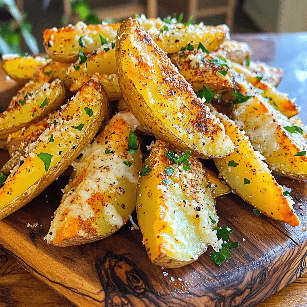 To make Baked Garlic Parmesan Potato Wedges, you need: - 4 medium russet potatoes, thoroughly washed and cut into wedges - 3 tablespoons extra virgin olive oil - 5 cloves of garlic, finely minced These main ingredients form the base of your dish. Russet potatoes give a fluffy inside and a crispy outside. The olive oil helps the spices stick and adds flavor. For seasoning and toppings, gather: - 1 teaspoon smoked paprika - 1 teaspoon Italian seasoning blend - ½ teaspoon sea salt - ½ teaspoon freshly ground black pepper - ½ cup freshly grated Parmesan cheese - Fresh parsley, finely chopped (for garnish) These seasonings bring out the best flavors. Smoked paprika adds a warm, deep note. The Italian blend gives a herbal touch. Parmesan cheese melts into a tasty crust on top of the wedges. If you want to get creative, consider these optional add-ins: - Chili flakes for heat - Different cheese types, like cheddar or mozzarella - Fresh herbs, such as rosemary or thyme These add-ins can give your wedges a unique twist. You can spice them up or make them even cheesier. Choose according to your taste! For the complete recipe, check out the Full Recipe. First, pick medium russet potatoes. Wash them thoroughly to remove any dirt. Cut each potato into wedges. Aim for even sizes so they cook well. This helps them bake evenly and become crispy. Grab a large mixing bowl. Pour in three tablespoons of extra virgin olive oil. Add five cloves of minced garlic for that tasty flavor. Then, mix in one teaspoon of smoked paprika and one teaspoon of Italian seasoning. Sprinkle in half a teaspoon of sea salt and half a teaspoon of black pepper. Stir it all together until it blends well. Now, toss the potato wedges in the bowl with the seasoning. Make sure each wedge is coated fully. Lay the wedges on a lined baking sheet in a single layer. This space helps them get crispy. Bake them in a preheated oven at 425°F (220°C) for about 25 to 30 minutes. Flip them halfway through to brown evenly. After the first bake, sprinkle half a cup of freshly grated Parmesan cheese on top. Bake for another 5 to 7 minutes until the cheese melts. Once done, let them cool briefly before serving. For a pop of color, add fresh parsley on top. Enjoy your crispy delight! For the full recipe, check the details above. To get your potato wedges crispy, start with dry potatoes. After washing, pat them dry with a towel. Use enough olive oil to coat each wedge well. Space them out on the baking sheet; this helps air circulate. Flip them halfway through baking for even crispiness. For extra crunch, broil them for a minute at the end. I love using russet potatoes for their texture. They have a high starch content, which makes them fluffy inside. Yukon golds are also great; they are creamy and add a nice flavor. Avoid waxy potatoes like red or new potatoes; they don’t crisp up well for this recipe. To reheat your baked garlic Parmesan potato wedges, use the oven. Preheat it to 375°F (190°C). Spread the wedges in a single layer on a baking sheet. Bake for about 10-15 minutes until they are hot and crispy again. You can also use an air fryer for a quick and crispy result. {{image_4}} To add heat to your baked garlic parmesan potato wedges, sprinkle chili flakes on top. A half teaspoon of chili flakes can give your dish a nice kick. You can adjust the amount based on your taste. If you love spice, feel free to go wild! Mix the chili flakes with your olive oil and garlic for a consistent flavor. The heat will balance nicely with the creamy parmesan. Cheese can change the flavor of your potato wedges. Cheddar brings a sharp taste, while mozzarella adds a stretchy texture. You can mix cheeses too. Try half a cup of each for a rich, gooey goodness. Just like with parmesan, add the cheese in the last few minutes of baking. This way, it melts perfectly over the hot wedges. If you want a vegan version, swap out the parmesan for nutritional yeast. It has a cheesy flavor and is packed with nutrients. You can also use vegan cheese shreds if you prefer. Use the same amount as parmesan. The rest of the recipe stays the same, so you won't miss out on the fun! These swaps make the dish lighter but still tasty. For the full recipe, check out the details above. To keep leftover potato wedges fresh, place them in an airtight container. Let them cool first. Store them in the fridge for up to three days. This method helps retain taste and texture. If you want to freeze your potato wedges, follow these steps. First, let them cool completely after baking. Next, spread them on a baking sheet in a single layer. Place the sheet in the freezer for about an hour. After that, transfer the frozen wedges to a freezer bag. Squeeze out as much air as you can. They will last for up to three months in the freezer. To reheat your potato wedges, the oven is the best choice. Preheat your oven to 400°F (200°C). Spread the wedges on a baking sheet. Bake for about 10 to 15 minutes until they are hot and crispy again. You can also use an air fryer for a quicker option. Set it to 375°F (190°C) and cook for about 5 to 8 minutes. Enjoy them as if they were freshly made! For the full recipe, you can check the complete instructions and ingredients listed above. Yes, you can! An air fryer is a great option for making these wedges. It cooks them faster and keeps them crispy. To do this, cut the potatoes as usual. Toss them in the seasoning blend just like in the oven method. Preheat your air fryer to 400°F (200°C). Then, place the wedges in the basket in a single layer. Cook them for about 15 to 20 minutes, shaking the basket halfway through. This method yields a crunchy outside and soft inside. Dipping sauces make everything better! Here are some tasty options for your potato wedges: - Ranch dressing for a creamy touch - Ketchup for a classic flavor - Garlic aioli for a rich taste - Spicy sriracha mayo for a kick - Barbecue sauce for a sweet and smoky flavor Feel free to mix and match to find your favorite. Making this recipe gluten-free is easy! The main ingredients are naturally gluten-free. Just ensure that your seasonings, especially the Italian blend, are gluten-free. Check the labels on each product to be safe. You can also pair these wedges with gluten-free sauces for dipping. Enjoy your crispy, delicious potato wedges without worry! This article covered all you need for tasty baked potato wedges. We discussed the main ingredients, seasonings, and optional add-ins for flavor. I explained simple steps from prepping to baking. You learned tips to make them crispy and how to store leftovers. There are fun variations to try, like spicy or cheesy versions. Always feel free to get creative! Now, you're all set to enjoy delicious potato wedges your way. Happy cooking!