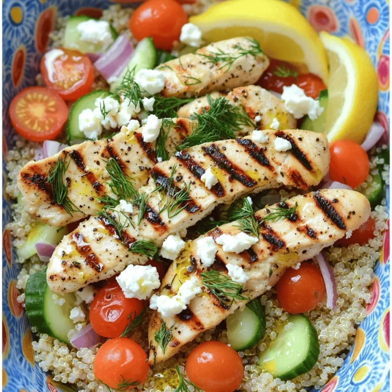 - Chicken and Marinade Ingredients - 2 boneless, skinless chicken breasts - 1/4 cup extra virgin olive oil - 3 tablespoons freshly squeezed lemon juice - Zest of 1 medium lemon - 2 tablespoons fresh dill, finely chopped - 3 cloves garlic, finely minced - Salt and freshly ground black pepper to taste - Quinoa and Vegetable Ingredients - 1 cup quinoa, thoroughly rinsed - 2 cups vegetable broth or water - 1 cup cherry tomatoes, halved - 1 medium cucumber, diced - 1/2 medium red onion, finely chopped - 1/3 cup feta cheese, crumbled - Garnishes and Optional Additions - Fresh parsley leaves, for garnish Using fresh ingredients makes a big difference. Fresh dill gives the chicken a bright taste. The lemon juice adds zest and keeps the chicken juicy. Quinoa provides a nutty base that soaks up all the flavors. Each veggie adds color and crunch. Feta cheese adds creaminess and salt. If you want to change things up, swap out the chicken for grilled shrimp or tofu. Mix in seasonal vegetables like bell peppers or zucchini. These bowls are versatile and fun to play with! For the full recipe, check out the instructions above. Mixing the Marinade In a medium bowl, combine these ingredients: - 1/4 cup extra virgin olive oil - 3 tablespoons freshly squeezed lemon juice - Zest of 1 medium lemon - 2 tablespoons fresh dill, finely chopped - 3 cloves garlic, finely minced - Salt and freshly ground black pepper to taste Whisk these together until fully blended. You want every bit of chicken to soak up this tasty mix. Marinating Duration Recommendations Let the chicken sit in the marinade for at least 30 minutes. For even more flavor, try to marinate it for up to 2 hours. This helps the flavors really sink in. Boiling the Liquid In a medium saucepan, bring 2 cups of vegetable broth or water to a rolling boil. This helps the quinoa cook evenly. Simmering and Resting Process Once boiling, add 1 cup of rinsed quinoa. Reduce the heat to low, cover the pan, and let it simmer for about 15 minutes. After that time, take it off the heat but keep it covered for another 5 minutes. This resting step makes the quinoa fluffy. Understanding Grill Temperature Preheat your grill or grill pan to medium-high heat. This temperature is key for getting those perfect grill marks. Cooking Time and Checking for Doneness Place the marinated chicken on the grill. Cook for about 6-7 minutes on one side. Then flip it over and grill the other side for another 6-7 minutes. The chicken is done when it reaches 165°F (75°C). Let it rest for 5 minutes before slicing. Layering Ingredients In each bowl, start with a scoop of fluffy quinoa. Then, layer on the sliced grilled chicken. Next, add a mix of halved cherry tomatoes, diced cucumber, and chopped red onion. Adding Feta and Garnishes Sprinkle crumbled feta cheese over each bowl for a creamy finish. To make it pop, drizzle a little olive oil on top and add fresh dill and parsley as garnishes. Enjoy your Mediterranean Lemon-Dill Chicken Bowls! For the full recipe, check back to the ingredients section. Importance of Marinating Time Marinating the chicken is key to great flavor. I suggest at least 30 minutes. For a deeper taste, marinate for up to 2 hours. The longer the chicken sits in the marinade, the more it absorbs those bright lemon and dill notes. Flavor Profiles with Additional Herbs You can spice things up by adding herbs. Try fresh oregano or thyme for a warm touch. Basil gives a sweet note that pairs well with lemon. Mix and match to find your favorite! Avoiding Overcooking the Chicken Overcooked chicken can be dry and tough. To avoid this, check the internal temperature. It should reach 165°F. Letting the chicken rest for a few minutes helps keep it juicy. Use a meat thermometer if you have one. Ensuring Fluffy Quinoa Rinsing quinoa is a must. It removes the bitter coating called saponin. After cooking, let it sit for 5 minutes before fluffing. This makes your quinoa light and airy. Serving Suggestions Serve your bowls in bright dishes. This makes the colors pop. Arrange the chicken and veggies neatly for a lovely look. You can even add lemon wedges for a fresh touch. Enhancing Visual Appeal with Colors Mix colorful veggies like red onion and yellow tomatoes. Use lots of green herbs for contrast. A vibrant bowl is more inviting and fun to eat! {{image_4}} - Swap Out Proteins: You can switch the chicken for salmon, shrimp, or tofu. Each option brings its own taste. Salmon adds a rich flavor, while shrimp gives a sweet bite. Tofu is a great choice for a plant-based meal. - Seasonal Vegetable Options: Fresh veggies can change with the seasons. In spring, try asparagus or peas. Summer calls for zucchini or bell peppers. In fall, add sweet potatoes or roasted carrots. Each brings a new color and taste to your bowl. - Quinoa Alternatives: While quinoa is great, you can try couscous, farro, or brown rice. Couscous cooks fast and has a light texture. Farro gives a chewy bite, while brown rice adds heartiness. - Adding Additional Grains: Mix different grains for fun textures. A blend of quinoa and farro creates a tasty base. You can also add barley for a nutty flavor. - Changing the Citrus: Instead of lemon, use lime or orange juice. Lime adds a tangy kick, while orange gives sweetness. Each change can brighten the dish in a new way. - Experimenting with Different Cheeses: Feta is good, but try goat cheese or halloumi. Goat cheese is creamy and tangy, while halloumi adds a salty flavor with a nice grill mark. These cheeses can give a fresh twist to your bowls. For the complete recipe, check out the [Full Recipe]. - Refrigerating Leftovers: Place any leftover chicken bowls in the fridge within two hours. This keeps them safe and fresh. Store them in an airtight container to prevent moisture loss. They stay good for about three to four days in the fridge. - Ideal Storage Containers: Use glass containers for easy reheating. They help keep food from absorbing smells. If you use plastic, make sure it is BPA-free. This keeps your food safe and healthy. - Freezing Instructions: For longer storage, you can freeze the chicken and quinoa. Let them cool to room temperature first. Place them in freezer bags or airtight containers. Label them with the date. They can last up to three months in the freezer. - Thawing and Reheating Recommendations: To thaw, place the frozen bowl in the fridge overnight. Reheat the chicken and quinoa in the microwave or on the stove until hot. Make sure the chicken reaches 165°F (75°C) before serving. - Best Consumed Timeline: For the best taste, eat the bowls within four days of making them. If frozen, consume within three months for the best quality. - Signs of Spoilage: Check for off smells or discoloration. If the chicken feels slimy or the quinoa has an unusual texture, don’t eat it. Always trust your senses to keep your food safe. Yes, you can prepare this dish ahead of time. I recommend marinating the chicken the night before. This gives the chicken more time to soak in those tasty flavors. Cook the quinoa on the same day or the night before too. Store it in the fridge until you are ready to serve. When it’s time to eat, grill the chicken, assemble the bowls, and enjoy! Absolutely! You can swap the chicken for chickpeas or grilled tofu. Both options add protein and flavor. If you choose chickpeas, use canned ones for ease. Just rinse them well and toss them in the marinade. Tofu should be firm and pressed to remove excess water. Then, marinate and grill like the chicken. If you want some heat, add red pepper flakes or hot sauce to the marinade. Start with a small amount, and taste as you go. If you prefer less spice, skip any hot ingredients. You can also balance heat with a dollop of yogurt or tzatziki on top. Yes! You can use rice, farro, or couscous for this dish. Each grain brings its own texture. Cook them according to package instructions. If you choose rice, try brown rice for a nutty flavor. Farro adds a chewy bite, while couscous cooks quickly and makes it easy to enjoy. Pair these bowls with a fresh Greek salad or roasted vegetables. A side of hummus and pita is also great. For a lighter option, serve with a simple cucumber salad. These sides complement the flavors of the chicken and add more color to your meal. In this post, we explored a tasty chicken and quinoa bowl. We covered the key ingredients, cooking steps, and helpful tips. You learned how to make marinated chicken and fluffy quinoa. We discussed variations and storage tips for your meals. As you try this recipe, remember to enjoy the process. Mixing flavors and textures can be fun. Keep it fresh and feel free to experiment. Happy cooking!
