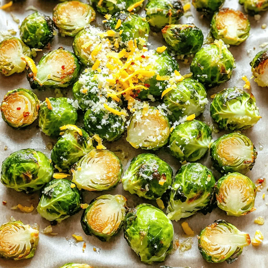 - 1 lb Brussels sprouts, trimmed and halved - 3 tablespoons high-quality olive oil - 4 cloves fresh garlic, finely minced - Zest of 1 medium lemon - Juice of 1 medium lemon - 1 teaspoon smooth Dijon mustard - Sea salt and freshly ground black pepper to taste - ¼ teaspoon red pepper flakes (optional for a spicy kick) - 2 tablespoons finely grated Parmesan cheese (optional) - Large baking sheet - Parchment paper - Mixing bowl - Sharp knife - Cutting board - Measuring spoons Each serving of Lemon Garlic Roasted Brussels Sprouts provides a healthy mix of nutrients. They are low in calories but high in fiber, Vitamin C, and antioxidants. The olive oil adds healthy fats, while garlic gives immune support. If you include Parmesan, it adds protein and calcium. This dish is a great side that complements many meals. Enjoy without guilt! Start by rinsing your Brussels sprouts under cold water. Trim off the tough ends and slice each sprout in half. This helps them cook evenly. Aim for uniform sizes to ensure consistent roasting. After cutting, place them in a mixing bowl. In your bowl of Brussels sprouts, add the olive oil, minced garlic, lemon zest, and lemon juice. Next, include the Dijon mustard. Season with sea salt and black pepper. If you want heat, add red pepper flakes. Toss everything well, coating each sprout in the mixture. This step is key for flavor and helps them crisp up nicely. Preheat your oven to 400°F (200°C). Line a baking sheet with parchment paper. Spread the coated Brussels sprouts on the sheet, cut sides down. This helps them get crispy. Roast in the oven for 20-25 minutes. Halfway through, stir them for even cooking. They should be golden brown and tender when done. If you like, add Parmesan cheese for the last 5 minutes. This will melt and create a cheesy crust. Remove from the oven and let cool slightly before serving. For a fresh touch, add more lemon zest or juice. You can find the full recipe above for all the details! To get your Brussels sprouts crispy, start with dry sprouts. Wash them, then pat them with a towel. Make sure you cut them in half. This helps them roast evenly. Lay them cut side down on the baking sheet. This will give you that lovely brown crust. Roasting at 400°F is key. This temperature creates a perfect balance of heat. Keep an eye on them. Stir halfway to ensure they cook evenly. For a flavor boost, add more lemon zest than the recipe calls for. You can also mix in herbs like thyme or rosemary. A sprinkle of smoked paprika adds a nice twist. If you love cheese, try feta or goat cheese instead of Parmesan. You can also add a drizzle of balsamic glaze after roasting. This brings a sweet and tangy flavor that pairs well. Ovens can vary in temperature. If yours runs hot, check the sprouts a bit sooner. If they are not browning, leave them a bit longer. Most ovens will cook these in 20-25 minutes. Use a fork to test if they are tender. If you want a heartier side, cook them longer. Just keep stirring to avoid burning. For more tips, check the Full Recipe to ensure perfect results every time! {{image_4}} You can spice up your lemon garlic roasted Brussels sprouts with different seasonings. Try adding a pinch of cumin or smoked paprika for a warm flavor. For a fresh twist, mix in some thyme or rosemary. These herbs work well with the lemon and garlic. Experiment with flavors to find your favorite combination! If you don't have Brussels sprouts, you can use green beans or broccoli. Both vegetables roast well and soak up flavors nicely. You can also swap the Dijon mustard for honey mustard if you want a sweeter taste. For a vegan option, skip the Parmesan cheese. This dish remains tasty with or without it! Serve your Brussels sprouts alongside grilled chicken or fish. They also pair well with quinoa or brown rice for a complete meal. For a fun twist, toss them in a salad with arugula and feta. Add some toasted nuts for crunch! These sprouts are a versatile side dish perfect for any dinner. To find the full recipe, check out the [Full Recipe]. After cooking, let the Brussels sprouts cool down. Place them in an airtight container. They will stay fresh in the fridge for up to 3 days. Always check for any signs of spoilage before eating. If you want to save leftovers, freezing is a great option. First, allow the Brussels sprouts to cool completely. Spread them in a single layer on a baking sheet. Freeze until solid, then transfer to a freezer-safe bag. They can last up to 2 months. However, keep in mind that freezing may change their texture. To enjoy your Brussels sprouts again, heat them in the oven. Preheat to 350°F (175°C). Spread the sprouts on a baking sheet and roast for about 10-15 minutes. This method helps maintain their crispiness. You can also reheat them in a skillet over medium heat for 5-7 minutes, stirring often. For added flavor, drizzle a bit of olive oil before reheating. For the full recipe, check out the earlier section. If you can’t find Brussels sprouts, try using broccoli or cauliflower. Both have a similar texture and cook well. You can also use green beans or asparagus. These veggies will soak up the lemon and garlic flavors beautifully. Roast Brussels sprouts for 20 to 25 minutes at 400°F (200°C). This cooking time gives them a nice crisp outside and a tender inside. Remember to stir them halfway through. This helps them roast evenly and become golden brown. Yes, you can prepare Brussels sprouts ahead of time. Trim and halve them, then store in the fridge for up to two days. You can also roast them in advance. Just reheat them in the oven for 10 minutes at 350°F (175°C) before serving. Enjoy the full recipe for more detailed steps! This blog post guided you through making delicious Brussels sprouts. We covered the ingredients, tools, and key nutritional info. Then, I shared step-by-step instructions for prepping, mixing, and roasting. I also provided tips to get them crispy and flavorful. You learned about variations and how to store them. Now, it’s your turn to enjoy cooking! Good food brings joy and health. Happy cooking!