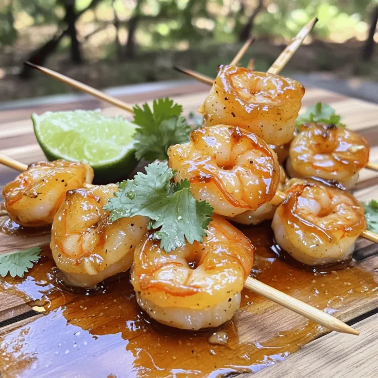 For the best honey garlic shrimp skewers, gather these simple ingredients: - 1 pound large shrimp, peeled and deveined - 1/4 cup honey - 3 tablespoons soy sauce - 2 cloves garlic, minced - 1 tablespoon fresh ginger, grated - 1 tablespoon rice vinegar - 1/2 teaspoon red pepper flakes - Salt and pepper, to taste - 1 tablespoon sesame oil - Fresh cilantro, chopped (for garnish) - Lime wedges (for serving) - Skewers (wooden or metal) Each ingredient plays a big role in flavor. The honey brings sweetness, while the soy sauce adds a salty depth. Garlic and ginger provide warmth and spice, and the red pepper flakes add a kick. Rice vinegar brightens the dish, balancing the sweetness. Make sure to choose large shrimp for this recipe. They cook evenly and stay juicy. If you prefer, wooden skewers can work great, but remember to soak them first. This helps prevent burning on the grill. For a complete journey into making these delicious skewers, check out the Full Recipe. Preparing the marinade Start by mixing the marinade. In a bowl, whisk together: - 1/4 cup honey - 3 tablespoons soy sauce - 2 cloves garlic, minced - 1 tablespoon fresh ginger, grated - 1 tablespoon rice vinegar - 1/2 teaspoon red pepper flakes - 1 tablespoon sesame oil This mix makes a sweet and savory blend. It will coat the shrimp well and infuse it with flavor. Coating the shrimp Next, add 1 pound of peeled and deveined shrimp to the bowl. Stir gently to cover each piece. Make sure every shrimp gets fully coated. Cover the bowl with plastic wrap. Place it in the fridge for at least 30 minutes. If you want more flavor, you can let it marinate for up to 2 hours. Preheating the grill While the shrimp marinates, it's time to get the grill ready. Preheat your grill to medium-high heat. If you're using a grill pan, do the same. A hot grill gives the shrimp a nice char. Soaking wooden skewers If you're using wooden skewers, soak them in water for at least 30 minutes. This step helps them not burn on the grill. It’s a small but important detail that makes a big difference. Assembling the skewers After marinating, take the shrimp out of the fridge. Carefully thread 4-5 shrimp onto each skewer. Leave a little space between them for even cooking. Don’t forget to set aside any leftover marinade for basting later. Cooking time and basting Place the skewers on the hot grill. Cook for about 2-3 minutes on each side. Baste the shrimp with the leftover marinade while they cook. This adds even more flavor. The shrimp should turn pink and opaque, which takes about 6-8 minutes total. Once they’re done, remove the skewers from the grill. Let them rest for one minute. Season with salt and pepper to taste. Arrange the skewers on a platter and garnish with fresh cilantro. Serve with lime wedges for an extra zing. For the complete recipe, check out the [Full Recipe]. For great shrimp, size matters. Large shrimp need about 2-3 minutes per side. Smaller shrimp cook faster, about 1-2 minutes each side. Watch them closely. Overcooked shrimp turn tough and rubbery. To avoid this, take them off the heat when they turn pink and opaque. Remember, they keep cooking after you remove them from the grill. Marinating shrimp brings out rich flavors. I suggest marinating for at least 30 minutes. For a deeper taste, let them sit for up to 2 hours. You can switch things up with the marinade too. Try using orange juice instead of rice vinegar for a bright note. Add some soy sauce to boost umami. If you want more heat, toss in extra red pepper flakes. Each change gives you a new flavor adventure! For the full recipe, don’t forget to check it out! {{image_4}} If you want a change from shrimp, chicken works well too. Cut chicken into bite-sized pieces. Marinate it just like the shrimp. You can also use tofu for a plant-based option. Firm tofu soaks up flavors best. Slice it into cubes and press to remove extra moisture. This helps the tofu absorb the marinade. Adding herbs and spices can turn this dish into a new experience. Try fresh basil or cilantro for a fresh twist. You could also add a dash of smoked paprika for a hint of smokiness. For glazes or dipping sauces, think outside the box. A sweet chili sauce adds a nice kick. If you like tangy flavors, a mix of lime juice and soy sauce is great. You can easily mix and match to find what excites your taste buds. For the full recipe, check out the details above. Store leftover honey garlic shrimp skewers in an airtight container. Keep them in the fridge. They stay fresh for up to three days. Make sure they cool to room temperature before sealing. This helps keep the shrimp juicy and tasty. To freeze honey garlic shrimp skewers, wrap them tightly in plastic wrap. Place them in a freezer-safe bag or container. Remove any excess air to prevent freezer burn. They can last up to three months in the freezer. For best results, freeze them uncooked. To reheat, do not use the microwave. It can make shrimp rubbery. Instead, preheat your grill or pan on medium heat. Heat the skewers for about two to three minutes on each side. This keeps them flavorful and tender. Always check the center to ensure it's warm. Enjoy your delicious shrimp! You can pair honey garlic shrimp skewers with many tasty side dishes. Here are some great options: - Steamed rice or jasmine rice - Grilled vegetables like zucchini or bell peppers - A fresh green salad with vinaigrette - Quinoa or couscous for a hearty option - Garlic bread for a comforting touch These sides balance the sweet and savory flavors of the shrimp. They also add color to your meal. Yes, you can cook these skewers in the oven. Here’s how: 1. Preheat your oven to 400°F (200°C). 2. Line a baking sheet with foil or parchment paper for easy cleanup. 3. Place the assembled skewers on the baking sheet. 4. Bake for about 10-12 minutes, turning halfway through. 5. Baste with any leftover marinade halfway through cooking. This method yields juicy shrimp with nice caramelization. You can marinate shrimp for up to 2 hours. If you marinate for too long, the shrimp can become mushy. Here are some tips: - 30 minutes: For a light flavor - 1 hour: For a medium flavor - Up to 2 hours: For a strong flavor, but no longer Always keep shrimp in the fridge while marinating. This keeps them fresh and safe to eat. In this blog post, we explored a simple and tasty honey garlic shrimp recipe. We discussed the key ingredients, like shrimp, honey, and soy sauce. You learned how to marinate and grill shrimp perfectly. I also shared tips on flavor enhancements and protein swaps. Cooking shrimp can be fun and easy. Following these clear steps will ensure tasty results every time. Don’t hesitate to experiment with spices or serving options. Enjoy your grilling!
