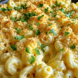 To make this dish, gather the following ingredients: - 2 cups elbow macaroni - 4 cups sharp cheddar cheese, shredded - 1 cup Gruyère cheese, shredded - 1 cup whole milk - 1 cup heavy cream - 1/4 cup unsalted butter - 1/4 cup all-purpose flour - 2 teaspoons truffle oil - 1 teaspoon garlic powder - 1 teaspoon onion powder - Salt and freshly cracked black pepper to taste - 1 cup panko breadcrumbs - 2 tablespoons fresh parsley, finely chopped (for garnish) When measuring, make sure to be precise. This will help your dish turn out perfect. Use a measuring cup for liquids and a dry measuring cup for solids. For the cheese, I recommend shredding it yourself. Pre-shredded cheese can have additives that affect melting. If you need to substitute, here are some ideas: - Use macaroni shapes like shells or rotini if you can’t find elbow macaroni. - Swap sharp cheddar for mild cheddar for a less intense flavor. - Gruyère can be replaced with mozzarella for a milder taste. - If you want a lighter dish, use low-fat milk or half-and-half instead of whole milk and heavy cream. - For a vegan option, try using plant-based cheese and milk. These swaps can help you customize the recipe while keeping that creamy texture. Don't be afraid to get creative! For the full recipe, check out the details above. First, preheat your oven to 350°F (175°C). This step warms the oven for baking. Next, fill a large pot with water and add salt. Once the water boils, add 2 cups of elbow macaroni. Cook until al dente, which means it should be firm. After cooking, drain the macaroni and set it aside. In the same pot, melt 1/4 cup of unsalted butter over medium heat. Once it melts, sprinkle in 1/4 cup of all-purpose flour. Whisk this mixture for about 2 minutes. You want it to turn light golden. This is your roux, which helps thicken the sauce. Gradually pour in 1 cup of whole milk and 1 cup of heavy cream. Keep whisking to prevent lumps. After about 4-5 minutes, the mixture should be smooth and slightly thick. Now, stir in 1 teaspoon of garlic powder, 1 teaspoon of onion powder, and a pinch of salt and pepper. Slowly mix in 4 cups of sharp cheddar cheese and 1 cup of Gruyère cheese. Stir until fully melted and creamy. Finally, add in 2 teaspoons of truffle oil for a rich flavor. Mix in the cooked macaroni, ensuring every piece is coated with the sauce. Transfer the macaroni and cheese to a greased 9x13 inch baking dish. Spread it evenly. In a small bowl, combine 1 cup of panko breadcrumbs with 1 tablespoon of melted butter. Toss to coat. Sprinkle this mixture over the top for a crispy finish. Bake in your preheated oven for 25-30 minutes. The top should be golden brown and crisp when done. Once baked, let it cool slightly before serving. For a touch of color, garnish with 2 tablespoons of fresh parsley. Enjoy this creamy comfort dish! For the full recipe, check out the link. To get a creamy cheese sauce, start with a good roux. Use equal parts butter and flour. Cook this mix until it turns light gold. This step adds depth to your sauce. Next, slowly whisk in milk and cream. Keep stirring to avoid lumps. Add cheese only when the sauce thickens. I like to use sharp cheddar and Gruyère for great flavor. Always stir until melted. For an extra touch, drizzle in truffle oil at the end. This adds a rich, unique taste. Baking your mac and cheese right is key. First, preheat your oven to 350°F. This ensures even cooking. When you put the dish in, check the time. Bake for 25-30 minutes. This lets the top become golden and crispy. If you want it crispier, broil it for the last few minutes. Just watch closely so it doesn’t burn. A mix of panko breadcrumbs and butter makes the top perfect. This adds crunch and a nice contrast to the creamy sauce. Baked macaroni and cheese is a stand-alone dish, but it pairs well with many sides. Try serving it with a fresh salad. The crunch from greens balances the creaminess. You can also serve it with grilled chicken or vegetables. For a fun twist, add sautéed spinach or roasted broccoli inside the dish before baking. This adds nutrients and color. Don’t forget to garnish with fresh parsley for a bright touch. For more ideas, check the Full Recipe for creative additions! {{image_4}} You can easily change up this dish with tasty add-ins. Try adding cooked broccoli, peas, or spinach for some green goodness. If you want protein, consider mixing in cooked chicken, bacon, or even shrimp. These additions boost the flavor and make your meal more filling. Cheese is the star of this dish. While sharp cheddar and Gruyère shine, don’t be afraid to mix it up. Add mozzarella for stretchiness or pepper jack for a spicy kick. Mixing different cheeses gives depth and richness. Each blend creates a unique flavor that can surprise your taste buds. You can make this dish fit different diets too. For a vegetarian version, skip the meat and focus on flavors like smoked paprika or nutmeg. To make gluten-free, swap regular pasta for a gluten-free type made from rice or quinoa. Just make sure to use gluten-free flour in the roux, and you are all set. These tweaks make the dish accessible for everyone, ensuring no one misses out on the creamy goodness. For the full recipe, check out the detailed steps to create this comfort classic! To store leftover baked macaroni and cheese, wait for it to cool. Place it in an airtight container. Make sure to seal it tightly to keep out air. You can keep it in the fridge for up to three days. If you want to keep it longer, consider freezing it. When reheating, use an oven for the best results. Preheat your oven to 350°F (175°C). Place the macaroni in an oven-safe dish. Add a splash of milk to keep it creamy. Cover it with foil to avoid drying out. Bake for 15-20 minutes until hot. You can also reheat it in the microwave. Use a microwave-safe dish and cover it to keep moisture in. Heat in short bursts, stirring in between. To freeze baked macaroni and cheese, first let it cool completely. Portion it into smaller containers for easy use later. Wrap each container tightly with plastic wrap. Then, place it in a freezer bag for extra protection. Label with the date for easy tracking. You can freeze it for up to three months. When ready to eat, thaw it overnight in the fridge before reheating. For the complete recipe, refer to the Full Recipe section. Yes, you can make Baked Macaroni and Cheese ahead of time. Prepare the dish, but do not bake it yet. Cover it tightly and store it in the fridge for one to two days. When you are ready to bake, just add a few extra minutes to the cooking time. This way, you can enjoy a creamy comfort dish without the stress of last-minute cooking. Elbow macaroni works best for Baked Macaroni and Cheese. Its shape holds the cheese sauce well. You can also try cavatappi or shells if you want a different look. Just make sure that the pasta is small enough to fit in each bite perfectly. To make your Baked Macaroni and Cheese less dry, use enough cheese sauce. Ensure you mix the pasta well with the sauce before baking. If you see it getting dry, add more milk or cream to the sauce. You can also cover the dish with foil while baking to keep moisture in. Yes, there are many ways to make this dish healthier. Use whole wheat macaroni for more fiber. You can also swap some cheese for low-fat options. Adding veggies like spinach or broccoli can boost nutrition without losing flavor. These changes help you enjoy this creamy comfort dish while keeping it balanced. Baked macaroni and cheese is a comforting dish you can easily make. We covered the key ingredients, step-by-step instructions, and useful tips to ensure success. You learned about variations and storage ideas to keep your meal fresh. Now, go ahead and enjoy this delicious recipe. Don't be afraid to get creative with flavors and ingredients. Happy cooking!
