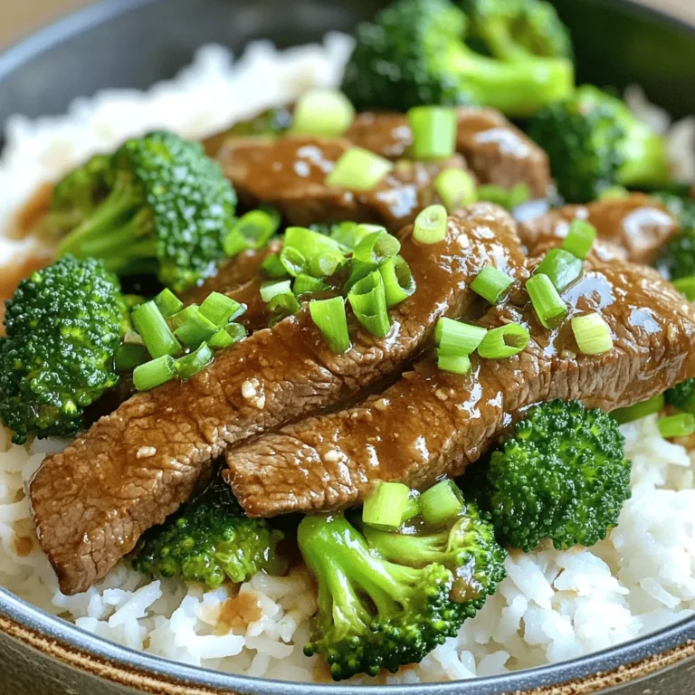 To make Instant Pot Beef and Broccoli, you need the following ingredients: - 1 pound flank steak, thinly sliced against the grain - 2 cups fresh broccoli florets - 1/4 cup low sodium soy sauce - 2 tablespoons oyster sauce - 2 tablespoons cornstarch - 2 tablespoons sesame oil, divided - 1 tablespoon brown sugar - 3 cloves garlic, minced - 1 teaspoon freshly grated ginger - 1/4 cup beef broth - 2 tablespoons chopped green onions (for garnish) - Cooked rice (for serving) If you want to switch things up, consider these substitutions: - Flank steak can be swapped for sirloin or ribeye. - You can use tamari instead of soy sauce for a gluten-free option. - If you don’t have oyster sauce, hoisin sauce works well too. - For a lighter dish, you can use chicken or vegetable broth. - Broccoli can be replaced with snow peas or bell peppers for variety. When choosing your ingredients, keep these tips in mind: - Look for flank steak that has a bright red color and minimal fat. - Choose fresh broccoli with firm stems and bright green florets. - Opt for low sodium soy sauce to control salt levels in your dish. - Fresh garlic and ginger enhance the flavor; avoid pre-packaged versions. - Use high-quality sesame oil for the best flavor in your recipe. These ingredients help create a delicious and satisfying meal. If you want the full recipe, check the details above. First, gather your ingredients. You will need: - 1 pound flank steak, thinly sliced against the grain - 2 cups fresh broccoli florets - 1/4 cup low sodium soy sauce - 2 tablespoons oyster sauce - 2 tablespoons cornstarch - 2 tablespoons sesame oil, divided - 1 tablespoon brown sugar - 3 cloves garlic, minced - 1 teaspoon freshly grated ginger - 1/4 cup beef broth - 2 tablespoons chopped green onions (for garnish) - Cooked rice (for serving) Next, in a medium bowl, whisk the soy sauce, oyster sauce, sesame oil, brown sugar, garlic, ginger, and beef broth. Mix it well. Then, add the sliced flank steak. Make sure every piece gets coated. Let it marinate for about 10 to 15 minutes. While it marinates, prepare your broccoli florets. Now, set your Instant Pot to Sauté mode. Once it shows Hot, add 1 tablespoon of sesame oil. Carefully add the marinated beef in a single layer. Sauté for about 2 to 3 minutes until the meat browns. Stir it occasionally to cook evenly. Then, sprinkle the cornstarch over the beef. Stir well to coat the meat. This step helps the sauce thicken later. Pour the marinade mixture into the pot and gently stir to combine. Next, place the broccoli florets on top of the beef. Do not stir, as the broccoli will steam during cooking. Secure the Instant Pot lid and set the valve to Sealing. Choose the Manual or Pressure Cook mode and set the time for 10 minutes. When the cooking ends, let the pressure release naturally for 5 minutes. After that, switch the valve to Quick Release to let out the remaining pressure. Once you open the lid, check the sauce. If it seems too thin, switch the pot back to Sauté mode. Simmer for a few minutes until the sauce thickens to your taste. Serve the beef and broccoli hot over cooked rice. Garnish with chopped green onions for a fresh touch. Enjoy this savory dish straight from the Instant Pot! For the full recipe, check the section above. To boost the flavor of your Instant Pot beef and broccoli, use fresh ingredients. Fresh garlic and ginger add a punch to the dish. Try marinating the beef longer for deeper taste. You can also add a splash of rice vinegar for extra zing. A sprinkle of sesame seeds before serving gives a nice crunch. If you like your beef tender, stick to the 10-minute cook time. For a firmer texture, reduce the time to 8 minutes. Remember, the pressure release is just as key. Letting it sit for 5 minutes helps keep the meat juicy. If you're adding more veggies, increase the cooking time by a minute or two. The right tools make cooking easier. A good cutting board helps slice the beef thin. A sharp knife is essential for even cuts. Use measuring cups and spoons for accuracy in your sauces. Finally, a sturdy spatula ensures you mix everything well without damaging the pot. {{image_4}} You can make this dish even better by adding more veggies. Try bell peppers, snap peas, or carrots. These vegetables cook well in the Instant Pot and add color. You can also swap beef for chicken, shrimp, or tofu. Each option gives a new twist to the flavor. Want to make this dish gluten-free? Switch to tamari instead of soy sauce. Tamari has a similar taste but is gluten-free. You can also use coconut aminos for a different flavor. This way, everyone can enjoy this tasty meal with no worries. If you love heat, add some spice! Try red pepper flakes or sriracha in the marinade. Start with a little, taste, and then add more if needed. You can also serve it with sliced jalapeños on top. This adds a fresh kick that brightens up the dish. Enjoy your spicy version of Instant Pot Beef and Broccoli! For the full recipe, check out the details above. To store leftover beef and broccoli, let the dish cool first. Once cooled, place it in an airtight container. Make sure to separate the beef from the broccoli to keep it fresh. Store the container in the fridge. It should stay good for about three days. When you are ready to eat, you can reheat the beef and broccoli in two ways. If you prefer the microwave, place it in a microwave-safe bowl. Heat it for about 1-2 minutes. Stir halfway through to warm it evenly. If you want to use the stove, heat a pan over medium heat. Add a splash of water or broth to help steam it. Stir occasionally until it’s hot. For longer storage, you can freeze the leftovers. Place the beef and broccoli in a freezer-safe bag or container. Remove as much air as possible to prevent freezer burn. This dish can last up to three months in the freezer. When you are ready to enjoy it, thaw it in the fridge overnight. Then, reheat as mentioned above. Enjoy your savory meal again! You can skip the oyster sauce and still enjoy great flavor. Use more soy sauce for saltiness. Add a splash of rice vinegar for tang. You can also try hoisin sauce as a sweet substitute. This keeps the dish balanced without losing its essence. Yes, you can use other cuts of beef. Sirloin works well and is tender. Chuck roast is another option, but it takes longer to cook. If you want a leaner cut, try eye of round. Just remember to slice it thinly for the best texture. I recommend serving it over cooked rice for a complete meal. Steamed jasmine or brown rice pairs nicely. You can also add some egg noodles for a different twist. For a colorful plate, toss in a side of stir-fried bok choy or snap peas. For the full recipe, check out the link! This blog post covered everything you need to make Instant Pot Beef and Broccoli. We discussed key ingredients, helpful cooking steps, and smart tips for great flavor. You learned how to store leftovers and even how to customize the dish. In summary, this meal is quick, easy, and full of flavor. With the right ingredients and a few simple steps, you can enjoy a delicious dish your family will love. Now, get cooking!
