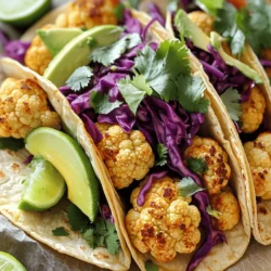To make these tasty tacos, you need: - 1 medium cauliflower, cut into bite-sized florets - 2 tablespoons extra virgin olive oil - 1 teaspoon smoked paprika - 1 teaspoon ground cumin - 1 teaspoon garlic powder - 1/2 teaspoon sea salt - 1/4 teaspoon freshly ground black pepper - 8 small corn tortillas The seasoning blend makes the cauliflower burst with flavor. I use: - Smoked paprika for a nice, smoky taste. - Ground cumin adds warmth and earthiness. - Garlic powder brings a savory touch. - Sea salt and black pepper enhance all the flavors. Mix these seasonings well with the olive oil. This will coat the cauliflower and make it delicious. Toppings are key for a great taco. I suggest: - 1 cup red cabbage, finely sliced for crunch. - 1 ripe avocado, sliced for creaminess. - 1/4 cup fresh cilantro, roughly chopped for freshness. - 1 lime, cut into wedges for a bright, zesty kick. - Hot sauce, if you like it spicy! These fresh toppings add texture and flavor, making each bite satisfying. You can find the Full Recipe online for more details. First, gather your ingredients. You need: - 1 medium cauliflower, cut into bite-sized florets - 2 tablespoons extra virgin olive oil - 1 teaspoon smoked paprika - 1 teaspoon ground cumin - 1 teaspoon garlic powder - 1/2 teaspoon sea salt - 1/4 teaspoon freshly ground black pepper - 8 small corn tortillas - 1 cup red cabbage, finely sliced - 1 ripe avocado, sliced - 1/4 cup fresh cilantro, roughly chopped - 1 lime, cut into wedges - Hot sauce (optional, for an extra spicy kick) Next, preheat your oven to 425°F (220°C). This will help the cauliflower roast perfectly. In a large bowl, mix the cauliflower florets with the olive oil and spices. Toss until every piece is coated. Spread the florets evenly on a baking sheet. Ensure they are not overlapping. Bake for about 25 minutes. Halfway through, flip the cauliflower to brown it evenly. It should come out golden and tender. While the cauliflower roasts, warm the corn tortillas in a skillet. Heat each side for around 30 seconds. Once the cauliflower is done, take a tortilla and add a generous scoop of roasted cauliflower. Top it with red cabbage, slices of avocado, and fresh cilantro. Serve your tacos warm with lime wedges on the side. For extra kick, drizzle hot sauce on top. Enjoy your meal! Roasting cauliflower well is key to tasty tacos. Preheat your oven to 425°F (220°C). The high heat helps the cauliflower caramelize. Cut the cauliflower into bite-sized pieces. This size allows for even cooking. Toss the florets in olive oil and spices. Make sure every piece is coated. Spread them out on a baking sheet. Avoid overlapping pieces for even roasting. Flip the cauliflower halfway through to get a nice brown color. Roast for about 25 minutes until tender. Serve your tacos warm and fresh. Start with a corn tortilla as a base. Place a generous amount of roasted cauliflower on top. Add thin slices of red cabbage for crunch. Avocado brings a creamy texture, so don’t skip it! A sprinkle of cilantro adds brightness. Squeeze fresh lime juice over the top. This adds a zesty kick. If you like heat, drizzle some hot sauce on your tacos. Enjoy them right away for the best taste. You can easily boost the flavor of your tacos. Try adding a dollop of vegan sour cream for creaminess. Pickled onions can add a tangy punch. You could also include fresh salsa for extra freshness. Chopped tomatoes or jalapeños offer a burst of flavor. Experiment with different herbs like parsley or mint. Each addition can change the taste. These small changes can make your vegan tacos even more satisfying. For more ideas, check out the Full Recipe online. {{image_4}} If you want a lighter meal, swap the corn tortillas for lettuce wraps. They cut calories and add crunch. You can also skip the oil when roasting the cauliflower. Use vegetable broth instead. This change helps you enjoy the tasty flavors without the added fat. You can mix it up with other veggies. Try adding bell peppers, zucchini, or mushrooms. These will add more texture and flavor. If you want a protein boost, add black beans or chickpeas. They make your meal filling and nutritious. To adjust the spice level, add or reduce the amount of hot sauce. For mild tacos, skip the sauce altogether. If you love heat, sprinkle in some cayenne pepper or diced jalapeños. These will give your tacos that extra kick. Feel free to explore these variations. Customizing your tacos makes them even more fun to eat! To store your leftover cauliflower tacos, let them cool down first. Place them in an airtight container. Keep them in the fridge for up to three days. If you have extra toppings, store them separately to keep everything fresh. This helps maintain the taste and texture of the tacos. When you're ready to enjoy your leftovers, reheating is easy. You can use a microwave or a skillet. If using a microwave, heat for about 1 to 2 minutes. If you prefer using a skillet, warm the tacos over low heat for about 5 minutes. This keeps the tortillas soft and the filling warm. If you want to freeze your tacos, I recommend storing the filling and tortillas separately. Place the cooled cauliflower in a freezer-safe bag. Seal it tightly and store it for up to three months. For the tortillas, stack them and wrap them in foil or plastic wrap. When you're ready to eat, just thaw and reheat. This way, you can easily enjoy your vegan tacos anytime! You can use lettuce leaves, like romaine or butter lettuce. This creates a fresh, low-carb taco. Other options include rice paper wraps or gluten-free tortillas. Both options hold the filling well and taste great. Yes, you can make these tacos gluten-free. Simply choose corn tortillas or look for gluten-free wraps. Always check labels to ensure they are safe for your diet. To achieve extra crispy cauliflower, make sure to spread the florets in a single layer on the baking sheet. Use enough olive oil to coat them well. You can also add a sprinkle of cornstarch to the seasoning. This helps create a crunchy texture when roasting. For the full recipe, please check online resources. You’ll find all the details you need to make these tasty tacos. In this post, we covered how to make tasty vegan cauliflower tacos. We explored the key ingredients, seasoning, and fresh toppings. I shared step-by-step instructions for preparation and roasting. You learned tips for perfect tacos and explored fun variations. We also looked at storage, reheating, and answers to common questions. These tacos are easy, healthy, and full of flavor. Enjoy trying new twists and sharing with friends!