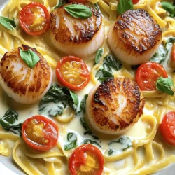 - Fresh scallops - Olive oil and unsalted butter - Garlic and cherry tomatoes - Baby spinach and heavy cream - Parmesan cheese and Italian herbs - Seasonings and garnish options Fresh scallops are key for this dish. They should smell like the sea, not fishy. When shopping, look for plump, translucent scallops. These signs mean they are fresh. If you can’t find scallops, shrimp works well too. You can use a mix of vegetables, like zucchini or bell peppers, if you want. Always choose bright, firm veggies for the best taste. When picking tomatoes, choose ripe cherry tomatoes. They should be bright red and firm. If you prefer, you can use sun-dried tomatoes for a richer flavor. Baby spinach should look fresh and crisp. Avoid any wilted leaves. For the cream, heavy cream gives the best richness, but half-and-half can work in a pinch. Lastly, always season to taste. Freshly ground pepper and salt can elevate the dish. You can also add herbs like basil or parsley for extra flavor. For the complete process, check the Full Recipe. To prepare scallops for cooking, start by rinsing them under cold water. This helps to remove any sand or grit. Then, pat them dry with a paper towel. It is important to dry them thoroughly. This ensures a nice sear. Next, season both sides of the scallops with salt and freshly ground pepper. This adds flavor and enhances their natural taste. Now, heat the oil in a large skillet over medium-high heat. Wait until it shimmers, which shows it is hot. This heat is key for searing. If the oil is not hot enough, the scallops will not brown well. For searing scallops, place them in the skillet in a single layer. Avoid overcrowding the pan; this can lead to steaming rather than browning. Sear them for about 2 to 3 minutes on one side. Look for a golden crust to know they are ready to flip. Gently turn them over and sear the other side for another 2 to 3 minutes. They should be opaque when done. Use a slotted spoon to transfer them to a plate and set aside. In the same skillet, reduce the heat to medium. Add the unsalted butter and let it melt. Once it foams, add minced garlic. Sauté for about 1 minute until you smell that lovely garlic scent. Be careful not to brown the garlic, as this can make it bitter. Add the cherry tomatoes and sprinkle the dried Italian herbs. Cook for another 2 to 3 minutes. The tomatoes should soften and release their juices. Next, add the fresh baby spinach. Stir until it wilts, which takes about 1 to 2 minutes. Now, pour in the heavy cream and stir well. Bring the mixture to a gentle simmer. Gradually stir in the grated Parmesan cheese. This makes the sauce creamy and rich. To combine the scallops with the sauce, return them to the skillet. Nestle them gently into the creamy mixture. Let them simmer for another minute. This warms the scallops without overcooking them. Taste the sauce, and adjust the seasoning as needed. Add more salt or pepper to match your flavor preference. For the full recipe, check out the details earlier in this article. This dish is not just simple; it is a flavor-packed meal that impresses. - Best practices for searing scallops: Start with dry scallops. Pat them well to remove moisture. Use a hot skillet with oil. Place them in a single layer. Do not touch them for the first couple of minutes. This helps them get a nice crust. - Preventing overcooking: timing guide: Cook scallops for about 2-3 minutes on each side. They should look golden brown. When they turn opaque, they are done. Remove them from the heat right away to avoid overcooking. - How to achieve optimal creaminess: Start with heavy cream for a rich base. Slowly add Parmesan cheese and stir until smooth. This creates a luscious sauce. If it's too thick, add a splash of pasta water. - Additional flavor boosts with herbs and spices: Adding fresh basil enhances the flavor. You can also mix in a pinch of red pepper flakes for some heat. Experiment with thyme or rosemary for unique twists. - Serving suggestions for a restaurant-style dish: Serve the scallops on a bed of pasta or risotto. Spoon the creamy sauce over the top. This makes the dish look inviting and elegant. - Garnishing ideas to elevate your dish: Use freshly chopped basil as a garnish. You can also sprinkle some extra Parmesan on top. A drizzle of olive oil adds a nice touch. Enjoy the beauty of your dish! {{image_4}} You can mix up the flavors in creamy Tuscan scallops easily. Adding different vegetables gives a fresh twist. Consider using: - Zucchini - Bell peppers - Asparagus These veggies add color and taste. You can also add proteins like shrimp or chicken. Shrimp cooks fast and adds a nice texture. Chicken gives a hearty feel to the dish. Pairing your creamy Tuscan scallops can change the meal. You can serve them over pasta, which soaks up the sauce well. Rice is another great choice if you want something filling. For a lighter option, serve with steamed vegetables. To make a complete meal, consider adding a side salad. A fresh green salad balances the rich flavors of the scallops. If you need gluten-free options, use gluten-free pasta or rice. For dairy substitutes, try coconut cream instead of heavy cream. This keeps the dish creamy and rich without dairy. For low-carb or keto-friendly versions, skip the pasta. Serve your scallops on a bed of sautéed spinach or cauliflower rice instead. This way, you enjoy the dish while sticking to your diet. To get the full recipe and try these variations, check out the [Full Recipe]. When you have leftover Creamy Tuscan Scallops, store them right. Place them in an airtight container. This keeps the scallops fresh and tasty. You can store them in the fridge for 2 to 3 days. If you won’t eat them within that time, consider freezing. To reheat your scallops, use gentle heat. This keeps them tender and moist. You can use a skillet over low heat. Add a splash of cream or broth to keep the sauce creamy. Stir often to avoid sticking. If you choose the microwave, heat in short bursts. Start with 30 seconds. Check and stir between intervals for even heating. Can you freeze Creamy Tuscan Scallops? Yes, but do it with care. First, let them cool completely. Then, place them in a freezer-safe container. Remove as much air as possible to prevent freezer burn. They can last up to 3 months in the freezer. To enjoy, thaw overnight in the fridge before reheating. This helps maintain the quality of your dish. What are the best scallops for this recipe? I recommend using fresh sea scallops. They have a sweet taste and firm texture. Look for scallops that are moist and have a slight sheen. Avoid any with a strong fishy smell. This ensures you get the best flavor in your Creamy Tuscan Scallops. Can I use frozen scallops instead of fresh? Yes, you can use frozen scallops. Just make sure to thaw them completely before cooking. Pat them dry to remove excess moisture. This helps achieve that beautiful golden crust when searing. How do I know when scallops are cooked perfectly? Scallops are done when they turn opaque and have a firm texture. They should also have a nice golden crust on both sides. Typically, this takes about 2-3 minutes per side. If you overcook them, they can become tough. What side dishes pair well with Creamy Tuscan Scallops? These scallops go well with various sides. You can serve them over pasta, rice, or creamy risotto. A fresh salad or steamed vegetables also make great choices. They add color and balance to your meal. Can I make this recipe non-dairy? Yes! You can replace the heavy cream with coconut cream or a non-dairy milk. Choose a creamy variety for the best texture. You can also use a non-dairy cheese to keep it flavorful. How can I make the sauce less rich? To lighten the sauce, reduce the amount of heavy cream. You can also add vegetable or chicken broth. This will give you a delicious flavor while cutting down on richness. In this blog post, we explored how to make delicious Creamy Tuscan Scallops. We covered essential ingredients, preparation steps, and cooking tips. I shared ideas for variations and easy storage methods. Finally, I answered common questions about the dish. To create a standout meal, focus on fresh ingredients and proper cooking technique. Remember, practice makes perfect. With these tips, you’ll impress your family and friends with this tasty dish. Enjoy every bite of your culinary journey!