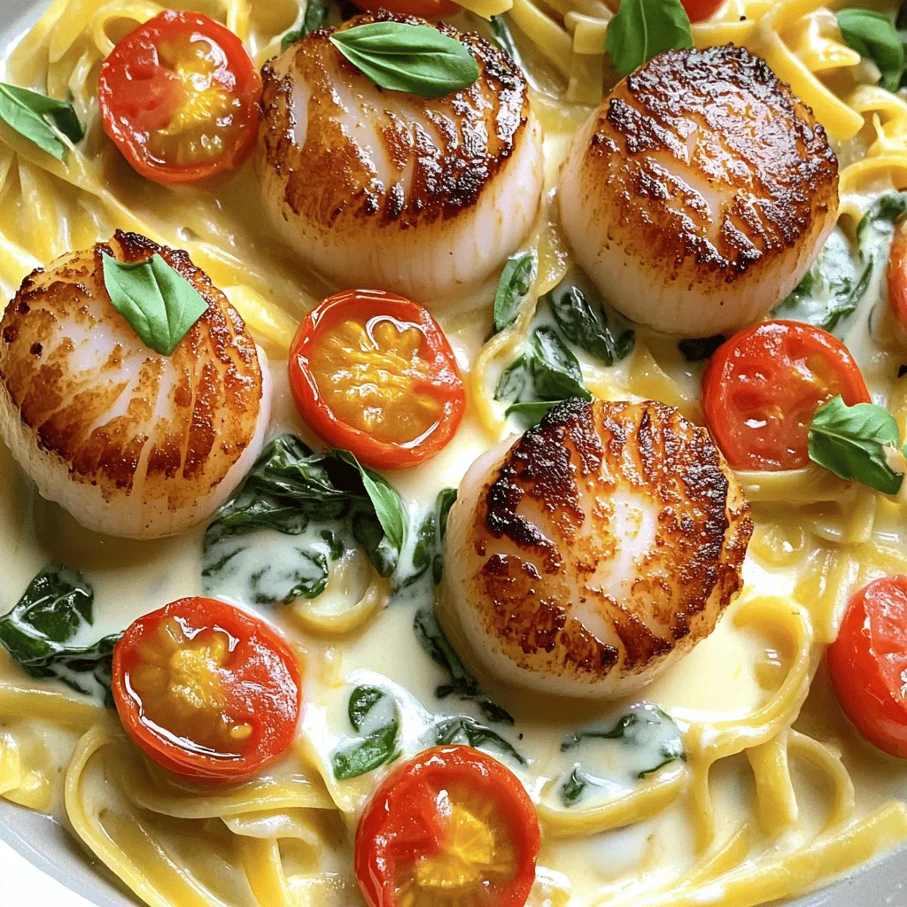 - Fresh scallops - Olive oil and unsalted butter - Garlic and cherry tomatoes - Baby spinach and heavy cream - Parmesan cheese and Italian herbs - Seasonings and garnish options Fresh scallops are key for this dish. They should smell like the sea, not fishy. When shopping, look for plump, translucent scallops. These signs mean they are fresh. If you can’t find scallops, shrimp works well too. You can use a mix of vegetables, like zucchini or bell peppers, if you want. Always choose bright, firm veggies for the best taste. When picking tomatoes, choose ripe cherry tomatoes. They should be bright red and firm. If you prefer, you can use sun-dried tomatoes for a richer flavor. Baby spinach should look fresh and crisp. Avoid any wilted leaves. For the cream, heavy cream gives the best richness, but half-and-half can work in a pinch. Lastly, always season to taste. Freshly ground pepper and salt can elevate the dish. You can also add herbs like basil or parsley for extra flavor. For the complete process, check the Full Recipe. To prepare scallops for cooking, start by rinsing them under cold water. This helps to remove any sand or grit. Then, pat them dry with a paper towel. It is important to dry them thoroughly. This ensures a nice sear. Next, season both sides of the scallops with salt and freshly ground pepper. This adds flavor and enhances their natural taste. Now, heat the oil in a large skillet over medium-high heat. Wait until it shimmers, which shows it is hot. This heat is key for searing. If the oil is not hot enough, the scallops will not brown well. For searing scallops, place them in the skillet in a single layer. Avoid overcrowding the pan; this can lead to steaming rather than browning. Sear them for about 2 to 3 minutes on one side. Look for a golden crust to know they are ready to flip. Gently turn them over and sear the other side for another 2 to 3 minutes. They should be opaque when done. Use a slotted spoon to transfer them to a plate and set aside. In the same skillet, reduce the heat to medium. Add the unsalted butter and let it melt. Once it foams, add minced garlic. Sauté for about 1 minute until you smell that lovely garlic scent. Be careful not to brown the garlic, as this can make it bitter. Add the cherry tomatoes and sprinkle the dried Italian herbs. Cook for another 2 to 3 minutes. The tomatoes should soften and release their juices. Next, add the fresh baby spinach. Stir until it wilts, which takes about 1 to 2 minutes. Now, pour in the heavy cream and stir well. Bring the mixture to a gentle simmer. Gradually stir in the grated Parmesan cheese. This makes the sauce creamy and rich. To combine the scallops with the sauce, return them to the skillet. Nestle them gently into the creamy mixture. Let them simmer for another minute. This warms the scallops without overcooking them. Taste the sauce, and adjust the seasoning as needed. Add more salt or pepper to match your flavor preference. For the full recipe, check out the details earlier in this article. This dish is not just simple; it is a flavor-packed meal that impresses. - Best practices for searing scallops: Start with dry scallops. Pat them well to remove moisture. Use a hot skillet with oil. Place them in a single layer. Do not touch them for the first couple of minutes. This helps them get a nice crust. - Preventing overcooking: timing guide: Cook scallops for about 2-3 minutes on each side. They should look golden brown. When they turn opaque, they are done. Remove them from the heat right away to avoid overcooking. - How to achieve optimal creaminess: Start with heavy cream for a rich base. Slowly add Parmesan cheese and stir until smooth. This creates a luscious sauce. If it's too thick, add a splash of pasta water. - Additional flavor boosts with herbs and spices: Adding fresh basil enhances the flavor. You can also mix in a pinch of red pepper flakes for some heat. Experiment with thyme or rosemary for unique twists. - Serving suggestions for a restaurant-style dish: Serve the scallops on a bed of pasta or risotto. Spoon the creamy sauce over the top. This makes the dish look inviting and elegant. - Garnishing ideas to elevate your dish: Use freshly chopped basil as a garnish. You can also sprinkle some extra Parmesan on top. A drizzle of olive oil adds a nice touch. Enjoy the beauty of your dish! {{image_4}} You can mix up the flavors in creamy Tuscan scallops easily. Adding different vegetables gives a fresh twist. Consider using: - Zucchini - Bell peppers - Asparagus These veggies add color and taste. You can also add proteins like shrimp or chicken. Shrimp cooks fast and adds a nice texture. Chicken gives a hearty feel to the dish. Pairing your creamy Tuscan scallops can change the meal. You can serve them over pasta, which soaks up the sauce well. Rice is another great choice if you want something filling. For a lighter option, serve with steamed vegetables. To make a complete meal, consider adding a side salad. A fresh green salad balances the rich flavors of the scallops. If you need gluten-free options, use gluten-free pasta or rice. For dairy substitutes, try coconut cream instead of heavy cream. This keeps the dish creamy and rich without dairy. For low-carb or keto-friendly versions, skip the pasta. Serve your scallops on a bed of sautéed spinach or cauliflower rice instead. This way, you enjoy the dish while sticking to your diet. To get the full recipe and try these variations, check out the [Full Recipe]. When you have leftover Creamy Tuscan Scallops, store them right. Place them in an airtight container. This keeps the scallops fresh and tasty. You can store them in the fridge for 2 to 3 days. If you won’t eat them within that time, consider freezing. To reheat your scallops, use gentle heat. This keeps them tender and moist. You can use a skillet over low heat. Add a splash of cream or broth to keep the sauce creamy. Stir often to avoid sticking. If you choose the microwave, heat in short bursts. Start with 30 seconds. Check and stir between intervals for even heating. Can you freeze Creamy Tuscan Scallops? Yes, but do it with care. First, let them cool completely. Then, place them in a freezer-safe container. Remove as much air as possible to prevent freezer burn. They can last up to 3 months in the freezer. To enjoy, thaw overnight in the fridge before reheating. This helps maintain the quality of your dish. What are the best scallops for this recipe? I recommend using fresh sea scallops. They have a sweet taste and firm texture. Look for scallops that are moist and have a slight sheen. Avoid any with a strong fishy smell. This ensures you get the best flavor in your Creamy Tuscan Scallops. Can I use frozen scallops instead of fresh? Yes, you can use frozen scallops. Just make sure to thaw them completely before cooking. Pat them dry to remove excess moisture. This helps achieve that beautiful golden crust when searing. How do I know when scallops are cooked perfectly? Scallops are done when they turn opaque and have a firm texture. They should also have a nice golden crust on both sides. Typically, this takes about 2-3 minutes per side. If you overcook them, they can become tough. What side dishes pair well with Creamy Tuscan Scallops? These scallops go well with various sides. You can serve them over pasta, rice, or creamy risotto. A fresh salad or steamed vegetables also make great choices. They add color and balance to your meal. Can I make this recipe non-dairy? Yes! You can replace the heavy cream with coconut cream or a non-dairy milk. Choose a creamy variety for the best texture. You can also use a non-dairy cheese to keep it flavorful. How can I make the sauce less rich? To lighten the sauce, reduce the amount of heavy cream. You can also add vegetable or chicken broth. This will give you a delicious flavor while cutting down on richness. In this blog post, we explored how to make delicious Creamy Tuscan Scallops. We covered essential ingredients, preparation steps, and cooking tips. I shared ideas for variations and easy storage methods. Finally, I answered common questions about the dish. To create a standout meal, focus on fresh ingredients and proper cooking technique. Remember, practice makes perfect. With these tips, you’ll impress your family and friends with this tasty dish. Enjoy every bite of your culinary journey!