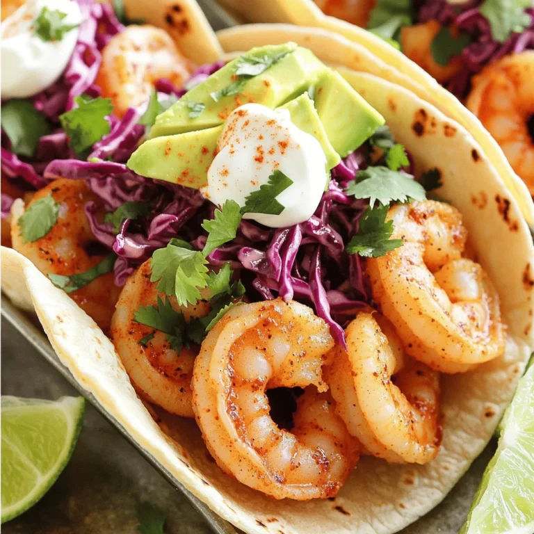 - 1 pound large shrimp, peeled and deveined - 3 tablespoons extra virgin olive oil - 4 cloves garlic, finely minced - 8 small corn tortillas - 1 teaspoon chili powder - 1/2 teaspoon cayenne pepper - 1 teaspoon smoked paprika - Salt and freshly cracked black pepper to taste - 1 cup red cabbage, finely shredded - 1/2 cup fresh cilantro, roughly chopped - 1 ripe avocado, sliced - 1/4 cup sour cream or Greek yogurt - Lime wedges, for serving This recipe gives you a tasty way to enjoy shrimp. The main ingredients are important. You want fresh shrimp, good olive oil, and garlic. The spices add kick. Chili powder and cayenne pepper bring heat. Smoked paprika adds depth. Fresh additions make the dish special. Red cabbage gives crunch and color. Cilantro adds freshness. The creamy avocado is a must for richness. Sour cream or Greek yogurt tops it off nicely. Lime wedges give a zesty finish. For the full recipe, check the earlier section. It has all the steps to create these delicious tacos. Enjoy every bite! First, gather your shrimp. Use one pound of large shrimp, peeled and deveined. In a large bowl, mix shrimp with olive oil, garlic, chili powder, cayenne pepper, smoked paprika, lime juice, and a pinch of salt and pepper. Toss it well. Make sure every shrimp gets coated in that tasty marinade. Let the shrimp marinate for about ten minutes. This step is key for great flavor. Now, heat a large skillet on medium-high heat. Once it's hot, add the marinated shrimp in a single layer. Be careful not to crowd the pan. Cook for 2 to 3 minutes on each side. The shrimp will turn pink and opaque when they’re done. Remove them from heat right away. Overcooking will make them tough. While the shrimp cooks, take another skillet or use the same one after removing the shrimp. Heat your corn tortillas for about 30 seconds on one side, then flip them. You want them warm and pliable. This makes them easier to fold without tearing. Aim for even warming to boost their flavor. These steps will help you create the best spicy garlic shrimp tacos. For the full recipe, check out the details above. To make the shrimp tasty, let them marinate for at least 10 minutes. This time allows the shrimp to soak up all the flavors. If you like more heat, adjust the cayenne level. You can add more for a spicy kick or less for a milder taste. For warming tortillas, use a pan or grill. Heat them for about 30 seconds on each side. This method makes them soft and easy to fold. If you want to keep them warm, cover the stack with a cloth. It helps them stay hot and delicious. When serving, place the tacos on a platter with lime wedges and cilantro. This setup not only looks nice but also invites guests to squeeze lime on their tacos. Provide extra toppings for customization, like avocado or sour cream. This way, everyone can make their taco just the way they like it. {{image_4}} You can change things up by using chicken or tofu. Both work great in this dish. If you choose chicken, cut it into small pieces. For tofu, use firm tofu and press it to remove extra moisture. Adjust the seasoning to match your protein. Chicken needs a bit more salt, while tofu soaks up flavors well. Toppings can really make your tacos shine. You can add pico de gallo for a fresh kick. Pickled onions add a tangy crunch. Want more flavor? Try different sauces like sriracha or a zesty lime crema. Get creative with your toppings. Each bite can taste different. If you need a gluten-free option, use lettuce wraps instead of corn tortillas. This keeps it light and fresh. For a heartier meal, try grain-based options like quinoa bowls. Just layer your shrimp and toppings over cooked quinoa. It’s a tasty twist that everyone can enjoy. Store cooked shrimp in an airtight container. This keeps them fresh and tasty. Place the container in the fridge. Consume the shrimp within 1-2 days for the best flavor. If you want to save time later, freeze the marinated shrimp before cooking. Use a freezer-safe bag for this. Squeeze out excess air to prevent freezer burn. You can use the shrimp within 3 months for peak freshness. To reheat shrimp, use a skillet. This helps keep the shrimp tender and juicy. Warm them on medium heat until heated through. For your tortillas, warm them quickly to avoid dryness. A quick flip in the pan will make them soft and pliable. For the full recipe, check out the Spicy Garlic Shrimp Tacos section. Enjoy your cooking! To make these tacos less spicy, simply reduce or omit the cayenne pepper in the marinade. This change keeps the dish flavorful without the heat. You can still enjoy the garlic and spices without overwhelming your taste buds. If you want a different protein, chicken or firm tofu can work as substitutes. Chicken pieces should be cooked until no longer pink, while tofu can absorb the marinade well. This makes it a great option for a vegetarian meal. Yes, you can prepare the marinade ahead of time. Just refrigerate it for up to a day. This makes meal prep easier and allows the flavors to blend well. These tacos pair nicely with rice, beans, or a fresh salad. You can choose any of these sides to complement the shrimp tacos. They add color and nutrition to your meal. To keep tortillas from tearing, heat them thoroughly. It’s best to keep them wrapped until serving. This way, they stay warm and soft, making them easy to fill and fold without breaking. In this post, we covered making spicy garlic shrimp tacos from start to finish. You learned about the main ingredients, how to marinate and cook the shrimp, and tips for warming tortillas. I shared ideas for variations and storage methods, plus answers to common questions. Enjoy these tacos with friends and family. They’re easy to make and packed with flavor. You can customize them to fit your taste. Happy cooking!