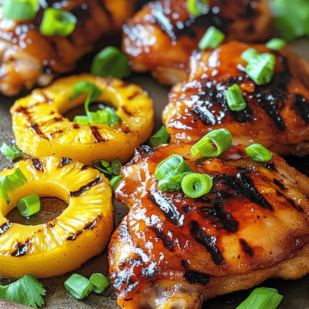 To make Huli Huli Chicken, gather the following fresh ingredients: - 4 boneless, skinless chicken thighs - 1/4 cup soy sauce - 1/4 cup brown sugar - 2 tablespoons ketchup - 2 tablespoons apple cider vinegar - 2 tablespoons freshly grated ginger - 3 cloves garlic, minced - 1 teaspoon sesame oil - 1/2 teaspoon freshly ground black pepper - 1/4 teaspoon cayenne pepper (optional, for a spicy kick) - 1/4 teaspoon cayenne pepper (adds heat) - 1 fresh pineapple, cut into rings - 2 green onions, finely chopped (for garnish) This combination of ingredients creates a sweet and tangy marinade that pairs perfectly with the chicken. The optional cayenne pepper adds a nice kick if you enjoy some spice. The fresh pineapple adds a tropical touch and balances the flavors beautifully. You can find the complete preparation details in the Full Recipe provided above. Enjoy the grilling process and the delightful aromas that will fill your kitchen! Marinating the Chicken First, grab a medium bowl. Combine the soy sauce, brown sugar, ketchup, apple cider vinegar, grated ginger, minced garlic, sesame oil, black pepper, and cayenne pepper if you want it spicy. Whisk these ingredients until the sugar dissolves. Place your chicken thighs in a resealable bag or a shallow dish. Pour half the marinade over the chicken. Make sure every piece is coated. Seal the bag or cover the dish with plastic wrap. Refrigerate for at least one hour or up to overnight. The longer it sits, the better the flavor. Preparing the Marinade You’ll want to save the remaining marinade. This will go on your grilled chicken later for more flavor. Just set it aside for now. Remember, it’s important to discard any used marinade that touched raw chicken. Grill Setup and Cooking Preheat your grill or grill pan to medium heat. Clean and lightly oil the grill grates to prevent sticking. Once the grill is hot, take the chicken out of the marinade. Discard the used marinade. Place the chicken thighs on the grill. Cook for about 6-7 minutes on one side. Then flip and cook for another 6-7 minutes. The chicken is ready when it reaches an internal temperature of 165°F (75°C). Grilling the Pineapple While the chicken grills, prepare the pineapple. Brush the pineapple rings lightly with oil. Place them on the grill for about 2-3 minutes on each side. Look for nice grill marks and caramelization. This adds sweetness and flavor to your dish. Plating Tips Once both the chicken and pineapple are done, take them off the heat. Let the chicken rest for a few minutes. This keeps it juicy. Slice the grilled chicken into bite-sized pieces. Arrange the chicken on a serving platter. Place the grilled pineapple rings around it. Drizzling Additional Marinade Now, drizzle the reserved marinade over the chicken. This adds an extra layer of flavor. For a fresh touch, garnish with finely chopped green onions. They add a nice crunch and color to your dish. Enjoy your Huli Huli Chicken! For the complete recipe, check the [Full Recipe]. Recommended Marinade Time I suggest marinating chicken thighs for at least one hour. For the best flavor, try to marinate overnight. This helps the chicken soak up all those tasty ingredients. How to Enhance Flavor To boost flavor, add some fresh herbs like cilantro or basil. You can also mix in some lime or orange juice for a zesty kick. This will give your Huli Huli chicken a bright and fresh taste. Avoiding Sticking on the Grill Make sure your grill is hot and clean. Before adding chicken, brush the grates with oil. This simple step keeps the chicken from sticking and helps create those beautiful grill marks. Ensuring Proper Cooking Temperature Aim for a medium heat when grilling. This ensures the chicken cooks evenly. Use a meat thermometer to check the internal temperature. It should reach 165°F (75°C) for safety. If you don’t have one, cut into the chicken to check it’s no longer pink inside. Remember to let the chicken rest for a few minutes after grilling. This keeps it juicy and tender. For the full recipe, check out the detailed instructions above! {{image_4}} Alternative Proteins If you want to try different proteins, use pork or tofu. Both absorb the marinade well. For a lighter option, chicken breasts work too. They may cook faster, so keep an eye on them. Different Marinade Options Feel free to mix up the marinade! You can use honey instead of brown sugar for sweetness. Try adding lime juice for a zesty twist. Switch soy sauce for coconut aminos if you want a soy-free option. Oven-Baked Version You can bake Huli Huli chicken if you can't grill. Preheat your oven to 400°F (200°C). Place the marinated chicken on a baking sheet. Bake for 25-30 minutes, turning halfway for even cooking. Always check the internal temperature; it should reach 165°F (75°C). Skillet Cooking for Indoor Preparation A skillet is a great indoor choice. Heat a bit of oil in a large skillet over medium heat. Add the marinated chicken and cook for 6-7 minutes on each side. The chicken will get nice and brown. Don't forget to check the temperature for doneness! To keep your Huli Huli chicken tasty, store it right. - Use airtight containers for storage. - Let the chicken cool to room temperature before sealing. - Refrigerate within two hours after cooking. - It lasts up to four days in the fridge. When it's time to enjoy leftovers, reheating matters. - Use a skillet to keep the chicken juicy. - Heat over medium-low heat for about 5-7 minutes. - Add a splash of water or broth to keep it moist. Avoid overcooking by checking the temperature. Aim for 165°F (75°C). You can also use a microwave. Cover the chicken with a damp paper towel. This helps keep moisture in. This way, your Huli Huli chicken stays delicious, just like the first time! For more details, check the Full Recipe. What is the origin of Huli Huli Chicken? Huli Huli Chicken comes from Hawaii. It was created by a man named Ernest Morgado in the 1950s. He cooked chicken over an open flame, using a special sauce. The word "huli" means "to turn" in Hawaiian. This refers to turning the chicken while it cooks. The dish became popular at local events and luaus. Can I make this recipe ahead of time? Yes, you can make this recipe ahead of time. Marinate the chicken the night before. This helps the flavors soak in well. You can also grill the chicken and pineapple early, then store them in the fridge. Reheat when ready to serve. Can I use chicken breasts instead of thighs? Yes, you can use chicken breasts. They are leaner than thighs, so they may dry out faster. Keep an eye on the cooking time. Cook them for about 5-6 minutes on each side. What can I serve with Huli Huli Chicken? You can serve many sides with Huli Huli Chicken. Here are a few ideas: - Steamed rice - Grilled vegetables - Coleslaw - Coconut rice - Fresh salad Is Huli Huli Chicken spicy? Huli Huli Chicken is not very spicy. The recipe includes cayenne pepper, but it is optional. You can skip it if you want a milder flavor. The sweetness from the brown sugar and pineapple balances the taste. Is this dish gluten-free? Huli Huli Chicken can be gluten-free. Simply use gluten-free soy sauce instead of regular soy sauce. This small change makes it safe for those avoiding gluten. Always check labels for any hidden gluten ingredients. For the complete recipe, you can refer to the Full Recipe section above. This blog post covered everything you need for perfect Huli Huli Chicken. We talked about the ingredients, from the marinade to garnishes. I shared step-by-step instructions for marinating, grilling, and serving. You also learned tips for optimal marinating and grilling techniques, plus variations for cooking and storing. In closing, cooking this dish can be fun and tasty. Try different ingredients and methods to find your favorite. Enjoy making this delicious meal!