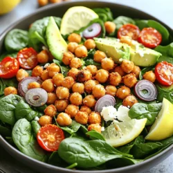 - 1 can (15 oz) chickpeas, thoroughly drained and rinsed - 2 tablespoons extra-virgin olive oil - 1 teaspoon smoked paprika - 1/2 teaspoon garlic powder - Sea salt and freshly ground black pepper to taste - 6 cups fresh baby spinach, meticulously washed and dried - 1/2 cup cherry tomatoes, halved for a pop of color - 1/4 red onion, paper-thin slices for a zesty crunch - 1 ripe avocado, diced into bite-sized pieces - 1/4 cup crumbled feta cheese (optional, for a tangy finish) - 2 tablespoons freshly squeezed lemon juice - Baking sheet - Mixing bowl - Measuring spoons Chickpeas are full of protein and fiber. They help keep you full and satisfied. A serving of chickpeas has about 120 calories. They also have healthy carbs and fats. Spinach is low in calories but rich in vitamins. It contains iron, which helps your blood. Together, chickpeas and spinach make a great meal for your health. First, preheat your oven to 400°F (200°C). This heat makes the chickpeas nice and crispy. Next, take a mixing bowl and add the drained and rinsed chickpeas. Pour in the olive oil, smoked paprika, garlic powder, and a good pinch of sea salt and pepper. Toss the chickpeas well. Each one should get a nice coat of spice. Now, spread the chickpeas in a single layer on a lightly greased baking sheet. This helps them roast evenly. Place them in the preheated oven for 25 to 30 minutes. Halfway through, shake the pan to ensure all sides get crispy. You want them to be golden brown and crunchy. While the chickpeas roast, it’s time to make the salad. In a large mixing bowl, add the fresh baby spinach, halved cherry tomatoes, thin slices of red onion, and diced avocado. This mix is not only colorful but also full of flavor. Once the chickpeas are done roasting, let them cool for a few minutes. Then, gently fold them into the salad. This adds a delightful crunch to each bite. To finish, drizzle the freshly squeezed lemon juice over the salad. Toss everything together lightly to mix the flavors. If you like, sprinkle crumbled feta cheese on top for a creamy touch. For the full recipe, check out the detailed instructions. To get crispy chickpeas, start by drying them well. Drain and rinse a can of chickpeas. Use a clean kitchen towel to pat them dry. The drier they are, the crispier they will become. When roasting, spread the chickpeas in a single layer on the baking sheet. This even spacing helps them cook well. Roast at 400°F (200°C) for 25-30 minutes. Shake the pan halfway through to ensure they roast evenly. Spice up your chickpeas with smoked paprika, garlic powder, or cumin. You can mix and match these spices for a unique taste. For the salad dressing, consider lemon juice or a light vinaigrette. These options brighten the flavors and add freshness. You can also add a dash of honey for sweetness. Serve your salad in a large, shallow bowl for a stunning look. You can also plate it individually for a personal touch. Garnish with extra crispy chickpeas on top. Add a lemon wedge on the side for color and freshness. This way, your salad looks as good as it tastes! {{image_4}} You can switch out spinach for other greens. Try kale, arugula, or mixed greens. Each green adds a unique taste. For a vegetarian or vegan twist, skip the feta cheese. You can use a vegan cheese or avocado for creaminess. This makes it plant-based and just as tasty. If you want to add protein, consider chicken or tofu. Grilled chicken can give a nice flavor. Tofu works well when marinated in soy sauce. You can also add beans for protein. Chickpeas already offer some, but black beans or kidney beans are great options. For a hearty salad, mix in cooked quinoa or farro. These grains add texture and make the meal more filling. Using seasonal veggies makes your salad fresh. In summer, add cucumbers and bell peppers. In winter, try roasted carrots or beets. Adjust the recipe based on what is in season. This keeps the salad vibrant and exciting. You can use the [Full Recipe] as a base and adapt it based on your favorite seasonal finds. To keep your salad fresh, store each component separately. Place the spinach, tomatoes, and avocado in a sealed container. This way, they stay crisp and tasty. The roasted chickpeas should go in a different container. Use an airtight jar to keep them crunchy. If you mix everything, the salad gets soggy fast. You can prepare most parts ahead of time. Roast the chickpeas a day before. They will stay good for a few days. Wash and dry the spinach, and cut the tomatoes and onion. Keep these in your fridge. Assemble the salad just before you plan to eat. This keeps it fresh and full of flavor. Store the roasted chickpeas for about four days. The other salad components can last about three days. If you see any signs of spoilage, like mushy spinach or brown avocado, it’s best to toss them out. Always check for freshness before you enjoy your salad. For the complete recipe, check out the [Full Recipe]. To make your chickpeas crispier, try these steps: - Dry them well: After rinsing, pat the chickpeas completely dry with a towel. - Use higher heat: Roast them at 425°F (220°C) for a crunchier texture. - Spread them out: Give them space on the baking sheet to ensure they don't steam. - Shake the pan: Halfway through roasting, shake the pan to help them cook evenly. These tips can help you achieve a perfect crunch every time. Yes, you can prep this salad ahead of time! Here’s how: - Store ingredients separately: Keep the chickpeas, spinach, and other veggies in different containers. - Mix just before serving: Combine everything right before you eat to maintain freshness and crispness. - Dressing on the side: Keep the lemon juice separate until serving to avoid sogginess. This way, you can enjoy a fresh salad even on busy days. For a low-carb salad, consider these swaps: - Use leafy greens: Try kale or arugula instead of spinach. - Skip the chickpeas: Replace them with grilled chicken or tofu for protein. - Add nuts: Use almonds or walnuts for crunch without the carbs. These changes can give you a tasty salad while keeping carbs low. For the full recipe, check out the Crispy Chickpeas & Spinach Salad. This blog post offered a simple chickpea salad recipe with amazing tips. You learned about ingredients, how to roast chickpeas, and ways to add flavor. Remember to store the leftovers correctly to keep them fresh. Feel free to customize your salad with seasonal veggies or protein options. I hope this inspires you to create a tasty meal that is both healthy and fun! Enjoy experimenting with flavors and sharing with friends!