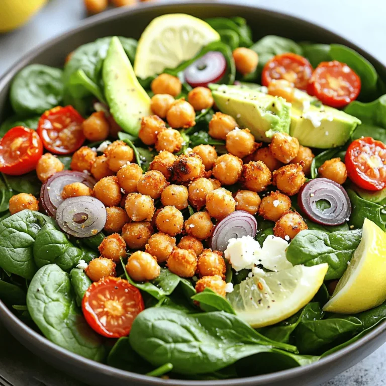 - 1 can (15 oz) chickpeas, thoroughly drained and rinsed - 2 tablespoons extra-virgin olive oil - 1 teaspoon smoked paprika - 1/2 teaspoon garlic powder - Sea salt and freshly ground black pepper to taste - 6 cups fresh baby spinach, meticulously washed and dried - 1/2 cup cherry tomatoes, halved for a pop of color - 1/4 red onion, paper-thin slices for a zesty crunch - 1 ripe avocado, diced into bite-sized pieces - 1/4 cup crumbled feta cheese (optional, for a tangy finish) - 2 tablespoons freshly squeezed lemon juice - Baking sheet - Mixing bowl - Measuring spoons Chickpeas are full of protein and fiber. They help keep you full and satisfied. A serving of chickpeas has about 120 calories. They also have healthy carbs and fats. Spinach is low in calories but rich in vitamins. It contains iron, which helps your blood. Together, chickpeas and spinach make a great meal for your health. First, preheat your oven to 400°F (200°C). This heat makes the chickpeas nice and crispy. Next, take a mixing bowl and add the drained and rinsed chickpeas. Pour in the olive oil, smoked paprika, garlic powder, and a good pinch of sea salt and pepper. Toss the chickpeas well. Each one should get a nice coat of spice. Now, spread the chickpeas in a single layer on a lightly greased baking sheet. This helps them roast evenly. Place them in the preheated oven for 25 to 30 minutes. Halfway through, shake the pan to ensure all sides get crispy. You want them to be golden brown and crunchy. While the chickpeas roast, it’s time to make the salad. In a large mixing bowl, add the fresh baby spinach, halved cherry tomatoes, thin slices of red onion, and diced avocado. This mix is not only colorful but also full of flavor. Once the chickpeas are done roasting, let them cool for a few minutes. Then, gently fold them into the salad. This adds a delightful crunch to each bite. To finish, drizzle the freshly squeezed lemon juice over the salad. Toss everything together lightly to mix the flavors. If you like, sprinkle crumbled feta cheese on top for a creamy touch. For the full recipe, check out the detailed instructions. To get crispy chickpeas, start by drying them well. Drain and rinse a can of chickpeas. Use a clean kitchen towel to pat them dry. The drier they are, the crispier they will become. When roasting, spread the chickpeas in a single layer on the baking sheet. This even spacing helps them cook well. Roast at 400°F (200°C) for 25-30 minutes. Shake the pan halfway through to ensure they roast evenly. Spice up your chickpeas with smoked paprika, garlic powder, or cumin. You can mix and match these spices for a unique taste. For the salad dressing, consider lemon juice or a light vinaigrette. These options brighten the flavors and add freshness. You can also add a dash of honey for sweetness. Serve your salad in a large, shallow bowl for a stunning look. You can also plate it individually for a personal touch. Garnish with extra crispy chickpeas on top. Add a lemon wedge on the side for color and freshness. This way, your salad looks as good as it tastes! {{image_4}} You can switch out spinach for other greens. Try kale, arugula, or mixed greens. Each green adds a unique taste. For a vegetarian or vegan twist, skip the feta cheese. You can use a vegan cheese or avocado for creaminess. This makes it plant-based and just as tasty. If you want to add protein, consider chicken or tofu. Grilled chicken can give a nice flavor. Tofu works well when marinated in soy sauce. You can also add beans for protein. Chickpeas already offer some, but black beans or kidney beans are great options. For a hearty salad, mix in cooked quinoa or farro. These grains add texture and make the meal more filling. Using seasonal veggies makes your salad fresh. In summer, add cucumbers and bell peppers. In winter, try roasted carrots or beets. Adjust the recipe based on what is in season. This keeps the salad vibrant and exciting. You can use the [Full Recipe] as a base and adapt it based on your favorite seasonal finds. To keep your salad fresh, store each component separately. Place the spinach, tomatoes, and avocado in a sealed container. This way, they stay crisp and tasty. The roasted chickpeas should go in a different container. Use an airtight jar to keep them crunchy. If you mix everything, the salad gets soggy fast. You can prepare most parts ahead of time. Roast the chickpeas a day before. They will stay good for a few days. Wash and dry the spinach, and cut the tomatoes and onion. Keep these in your fridge. Assemble the salad just before you plan to eat. This keeps it fresh and full of flavor. Store the roasted chickpeas for about four days. The other salad components can last about three days. If you see any signs of spoilage, like mushy spinach or brown avocado, it’s best to toss them out. Always check for freshness before you enjoy your salad. For the complete recipe, check out the [Full Recipe]. To make your chickpeas crispier, try these steps: - Dry them well: After rinsing, pat the chickpeas completely dry with a towel. - Use higher heat: Roast them at 425°F (220°C) for a crunchier texture. - Spread them out: Give them space on the baking sheet to ensure they don't steam. - Shake the pan: Halfway through roasting, shake the pan to help them cook evenly. These tips can help you achieve a perfect crunch every time. Yes, you can prep this salad ahead of time! Here’s how: - Store ingredients separately: Keep the chickpeas, spinach, and other veggies in different containers. - Mix just before serving: Combine everything right before you eat to maintain freshness and crispness. - Dressing on the side: Keep the lemon juice separate until serving to avoid sogginess. This way, you can enjoy a fresh salad even on busy days. For a low-carb salad, consider these swaps: - Use leafy greens: Try kale or arugula instead of spinach. - Skip the chickpeas: Replace them with grilled chicken or tofu for protein. - Add nuts: Use almonds or walnuts for crunch without the carbs. These changes can give you a tasty salad while keeping carbs low. For the full recipe, check out the Crispy Chickpeas & Spinach Salad. This blog post offered a simple chickpea salad recipe with amazing tips. You learned about ingredients, how to roast chickpeas, and ways to add flavor. Remember to store the leftovers correctly to keep them fresh. Feel free to customize your salad with seasonal veggies or protein options. I hope this inspires you to create a tasty meal that is both healthy and fun! Enjoy experimenting with flavors and sharing with friends!