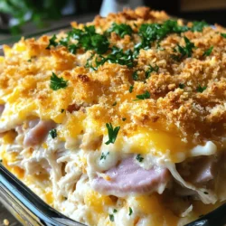 - 2 cups cooked chicken, shredded - 6 slices of ham, chopped into bite-sized pieces - 1 cup Swiss cheese, shredded - 1 cup sharp cheddar cheese, shredded - 1 cup cooked noodles (cavatappi or egg noodles recommended) - 1 cup cream of chicken soup - 1/2 cup milk - 1 teaspoon garlic powder - 1 teaspoon onion powder - 1/2 teaspoon black pepper - 1/2 teaspoon dried thyme - 1/2 cup breadcrumbs - 2 tablespoons butter, melted For this Chicken Cordon Bleu Casserole, you'll need basic, easy-to-find ingredients. The chicken and ham give it a hearty feel. The Swiss and cheddar cheeses make it creamy and rich. Noodles add a comforting touch, while the cream of chicken soup binds everything together. If you want to switch things up, consider these easy swaps: - Use turkey instead of chicken for a different taste. - Try prosciutto or turkey ham instead of regular ham. - For cheese, mozzarella or pepper jack can work great too. For gluten-free options, look for gluten-free noodles. Rice noodles or quinoa pasta can be good choices. If you want a dairy-free meal, use a dairy-free cream of chicken soup made from cashews or coconut milk. This way, you can enjoy a tasty dish no matter your needs! - Preheat your oven to 350°F (175°C). - Grease a 9x13 inch casserole dish with cooking spray or butter. - In a large bowl, mix together these ingredients: - 2 cups cooked chicken, shredded - 6 slices of ham, chopped into bite-sized pieces - 1 cup Swiss cheese, shredded - 1 cup sharp cheddar cheese, shredded - 1 cup cooked noodles (cavatappi or egg noodles) - 1 cup cream of chicken soup - 1/2 cup milk - 1 teaspoon garlic powder - 1 teaspoon onion powder - 1/2 teaspoon black pepper - 1/2 teaspoon dried thyme - Pour the chicken and noodle mixture into the greased casserole dish. - Spread it out evenly to make a flat layer. - In a small bowl, mix 1/2 cup breadcrumbs with 2 tablespoons melted butter. - Sprinkle this breadcrumb mix over the casserole. - Cover the dish loosely with foil. Bake for 25 minutes. - After 25 minutes, take off the foil. Bake for another 10-15 minutes. - Look for a golden brown top and bubbly edges. - Once baked, let the casserole cool for 5-10 minutes before serving. This easy Chicken Cordon Bleu Casserole brings comfort to any table, and you can find the full recipe above. Enjoy the simple steps to create a delicious dish! How to avoid dry casserole: To keep your casserole moist, use shredded chicken that is juicy. Cooked chicken should not be overdone. Adding cream of chicken soup and milk helps add moisture too. Cover the dish with foil while baking. This keeps it from drying out. Best methods for shredding chicken: Shredding chicken can be easy! Use two forks to pull apart the meat. This method gives you nice, even shreds. You can also use a stand mixer. Just place the cooked chicken in the bowl and mix on low speed. It shreds quickly and saves time. Garnishing suggestions for presentation: For a lovely touch, sprinkle fresh chopped parsley on top. This adds color and flavor. You can also use paprika for a nice look. A squeeze of lemon juice can brighten the dish too. Recommended side dishes to complement: A fresh side salad pairs well with this dish. You can also serve steamed green beans or roasted broccoli. These sides add color and nutrition to your meal. They balance the rich flavors of the casserole. For the full recipe, check out the Cheesy Chicken Cordon Bleu Casserole. {{image_4}} You can switch up the meats in this casserole. Turkey or sausage works well. Both add a fun twist to the classic flavors. You can also explore different cheese choices. Try using mozzarella for a milder taste or pepper jack for a spicy kick. Each cheese brings its own unique flavor, so feel free to experiment! For those watching carbs, consider using cauliflower noodles instead of regular pasta. This makes the dish lighter while keeping it tasty. If you want a vegetarian version, skip the chicken and ham. Instead, use more veggies like spinach and mushrooms. You can still use the same creamy sauce to keep it rich and satisfying. These variations keep everyone happy at the table! To store leftovers, let the casserole cool down first. Then, cover it tightly with plastic wrap or foil. You can also transfer it to an airtight container. It stays fresh for about three to four days in the fridge. For best results, store portions separately if you plan to share. This makes it easy to reheat just what you need. You can freeze this casserole for longer storage. First, let it cool completely, then wrap it tightly. Use plastic wrap followed by aluminum foil for extra protection. It can last up to three months in the freezer. To thaw, place it in the fridge overnight. Reheat it in the oven at 350°F (175°C) until warmed through. If frozen, it may take 40 to 50 minutes to heat fully. Enjoy the same great taste even after freezing! Can I make Chicken Cordon Bleu Casserole ahead of time? Yes, you can prepare this casserole a day in advance. Just cover it and store it in the fridge. When you're ready to bake, let it sit at room temp for about 30 minutes. Then, bake as directed. What can I substitute for cream of chicken soup? If you need a substitute, you can use cream of mushroom soup. You can also mix equal parts of sour cream and chicken broth for a lighter option. How long does it take to bake this casserole? It takes about 35 to 40 minutes to bake. The first 25 minutes should be covered. Then, you uncover it for the last 10 to 15 minutes. Is it possible to prepare this recipe in a slow cooker? Yes, you can use a slow cooker. Mix all the ingredients as directed. Cook on low for 4 to 6 hours. Just note that the top won't be crunchy. How can I make the casserole spicier? To add some heat, sprinkle in red pepper flakes or a dash of hot sauce. You can also use pepper jack cheese instead of Swiss for more flavor. For the full recipe, check out the complete guide to Chicken Cordon Bleu Casserole! This blog post covered the Chicken Cordon Bleu Casserole recipe from top to bottom. We explored ingredients, steps, and variations for every preference. I also shared smart tips for cooking and storing this dish. Remember, you can swap ingredients to suit your taste. In the end, this casserole is a simple, enjoyable meal. It's great for family dinners or special gatherings. Keep trying new versions to keep it fresh and exciting. Enjoy your cooking!