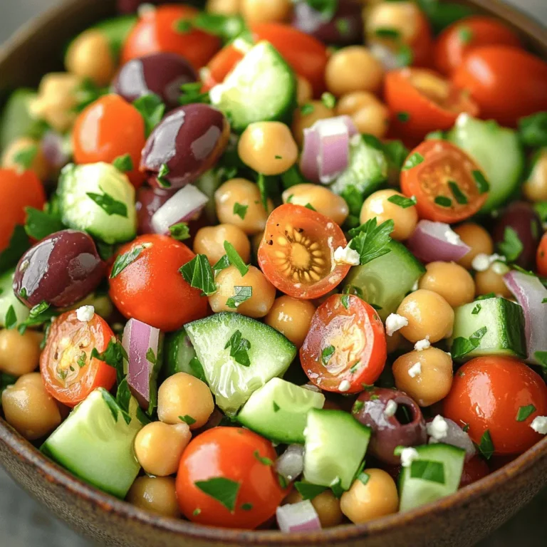 - 1 can (15 oz) chickpeas, drained and rinsed - 1 cup cherry tomatoes, halved - 1 medium cucumber, peeled and diced - 1/4 cup feta cheese, crumbled - Fresh parsley, chopped - 3 tablespoons extra-virgin olive oil - 2 tablespoons freshly squeezed lemon juice - 1 teaspoon dried oregano The heart of this Mediterranean chickpea salad lies in its vibrant, fresh ingredients. You begin with chickpeas, which are protein-packed and filling. Their nutty flavor forms a great base. Cherry tomatoes add brightness and sweetness. I love their juicy pops in every bite. Cucumbers give a nice crunch and refreshment. You can choose to add feta cheese for a creamy touch. Fresh parsley not only looks good but also brings fresh flavor. The dressing is simple yet key to this salad. Extra-virgin olive oil gives richness and depth. Fresh lemon juice brightens all the flavors. Dried oregano adds a hint of earthiness. Together, these ingredients create a delightful balance. You can find the full recipe linked above for detailed steps on how to assemble this dish. Enjoy creating this tasty and refreshing salad! 1. In a large mixing bowl, combine the following main ingredients: - 1 can (15 oz) chickpeas, drained and rinsed - 1 cup cherry tomatoes, halved - 1 medium cucumber, peeled and diced - 1/2 medium red onion, finely chopped - 1/2 cup Kalamata olives, pitted and sliced - 1/4 cup feta cheese, crumbled (optional) - 1/4 cup fresh parsley, chopped Use a spatula to gently fold these ingredients together. Make sure everything is mixed well. 2. In a separate bowl, prepare the dressing. Whisk together: - 3 tablespoons extra-virgin olive oil - 2 tablespoons freshly squeezed lemon juice - 1 teaspoon dried oregano - Salt and pepper to taste This dressing adds flavor and richness to your salad. 3. Drizzle the dressing over the salad mixture. Use a large spoon to toss everything together. Make sure each bite gets dressing, but be gentle to keep the chickpeas intact. - After mixing, taste the salad. Adjust the seasoning by adding more salt, pepper, or lemon juice as needed. This step helps balance the flavors perfectly. - Allow the salad to rest for about 10-15 minutes. This lets the flavors meld, creating a delicious taste. - Serve the salad chilled or at room temperature. It’s great for picnics or parties! - If you want, garnish with extra parsley on top for a fresh look and added flavor. You can find the full recipe linked above to make this tasty Mediterranean chickpea salad. Enjoy! Rinsing chickpeas is key for a fresh taste. Drain them well and rinse under cold water. This removes excess salt and helps keep the salad crisp. You want clean, plump chickpeas for your salad. When choosing olives, look for Kalamata for a rich flavor. Select ones that are firm and dark. If using feta, find a quality brand. A good feta adds creaminess and tang to your dish. If you're dairy-free, skip the feta and add more veggies. Feel free to swap chickpeas for other beans, like black beans or white beans. This change still keeps the salad hearty. For those who need gluten-free options, this salad is naturally gluten-free! Adding extra veggies boosts flavor and nutrition. Try bell peppers, radishes, or even avocados. If you're in the mood for protein, grilled chicken or tuna work great, too. Serve this salad in a large, vibrant bowl to draw attention. A clear glass bowl shows off the colorful layers. You can also use individual cups for a fun twist at parties. For garnishes, sprinkle extra parsley or add lemon zest on top. A few whole olives can also look nice. You might even drizzle a bit more olive oil for an elegant touch. For the full experience, check out the Full Recipe to bring this dish to life! {{image_4}} You can add different vegetables to your Mediterranean chickpea salad. Try bell peppers for crunch or grated carrots for sweetness. You can also toss in some artichoke hearts or radishes for extra flavor. If you want to make this dish quicker, use canned chickpeas, which are great for busy days. Just rinse and drain them well before adding to your salad. You can also use cooked beans like black beans or kidney beans if you want to mix it up. The dressing is key to making this salad pop. While the classic lemon-olive oil dressing is great, you can switch it up. A balsamic vinaigrette adds a sweet tang. You can also add a pinch of cumin or paprika for a kick. If you love heat, try a bit of crushed red pepper flakes. This will give your salad a fun twist. You can serve the salad in many ways. It makes a great wrap filling. Just take a tortilla, add the salad, and roll it up. You can also use it as a topping for grilled meats like chicken or fish. It adds freshness and color to your plate. If you want a hearty meal, serve it over rice or quinoa. You will find endless ways to enjoy this tasty salad. For the complete recipe, check out the Full Recipe. To keep your Mediterranean chickpea salad fresh, store leftovers in the fridge. Use an airtight container to lock in flavor. Glass containers work great. They help you see what’s inside and won’t stain. If you want to keep the salad longer, you can separate the dressing. Store it in a small jar or container. This will keep the salad crisp and fresh when you are ready to eat it. For optimal flavor and texture, eat the salad within 3 days. After that, it might lose its crunch. Look for signs of spoilage. If the salad smells off or has a slimy texture, do not eat it. Check for any discoloration as well. If the tomatoes or cucumbers look mushy, throw the salad away. Always trust your senses! You can freeze Mediterranean chickpea salad, but it may change in texture. If you want to freeze it, do not add the dressing first. To freeze, put the salad in a freezer-safe container. Leave some space at the top for expansion. When you're ready to eat, thaw it in the fridge overnight. After thawing, add your dressing again for the best taste. This helps bring back some of the original flavor. Enjoy your meal! For the complete recipe, check out the Full Recipe. You can use several alternatives for chickpeas. If you need a different legume, try black beans or lentils. For a lighter option, use cooked quinoa or diced tofu. Each choice adds a unique taste and texture. This salad stays fresh for about three days in the fridge. Store it in an airtight container to keep it crisp. After three days, the veggies may get soggy. Yes, you can make this salad ahead of time. Prepare it a day before serving for the best flavor. Just keep the dressing separate until ready to eat. This keeps the salad fresh and crunchy. Yes, this salad is very healthy! Chickpeas are high in protein and fiber. They help keep you full and satisfied. Fresh veggies add vitamins and minerals. Olive oil provides healthy fats, while lemon juice adds flavor without extra calories. To make this salad vegan, simply omit the feta cheese. You can also add avocado for creaminess. This keeps the dish flavorful and still creamy without dairy. Enjoy the vibrant taste of the fresh ingredients! This post outlined how to make a tasty Mediterranean chickpea salad. I covered ingredients, step-by-step instructions, and tips for the best flavors. You can customize this salad to fit your taste and dietary needs. Remember, fresh ingredients are key. Keeping leftovers stored properly will maintain flavor and texture. Enjoy this healthy salad as a side dish or main meal. It’s simple and satisfying, perfect for any occasion.